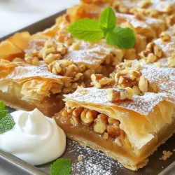 To make Greek Honey Pie, you will need: - 1 cup honey - 1 cup walnuts, finely chopped - 1 teaspoon ground cinnamon - 1 teaspoon vanilla extract - 1 cup phyllo pastry sheets (about 10 sheets) - 1/2 cup unsalted butter, melted - 1 cup Greek yogurt - 1/4 cup powdered sugar (for dusting) - Fresh mint leaves (for garnish) If you don’t have honey, you can use maple syrup. For nuts, almonds work well too. If you need a nut-free option, try using sunflower seeds. Instead of Greek yogurt, plain yogurt or sour cream can be used. You can swap melted butter with coconut oil for a dairy-free version. Choose pure honey for the best flavor. Look for walnuts that are fresh and crunchy. Fresh cinnamon gives a strong, warm taste. Always select high-quality phyllo pastry for the best texture. When picking yogurt, choose one that’s thick and creamy for a rich taste. Fresh mint should be bright green and fragrant. {{ingredient_image_1}} 1. First, preheat your oven to 350°F (175°C). This step is key for even baking. 2. In a medium bowl, mix honey, chopped walnuts, ground cinnamon, and vanilla extract. Stir until everything is well combined. Set this mixture aside. 3. Take one sheet of phyllo pastry. Brush it lightly with melted butter. Place another sheet on top and brush it again. Repeat this process until you have five layers. 4. Spoon half of the honey and walnut mix evenly over the layered pastry. Spread it out so every bite has flavor. 5. Now, repeat the layering with another five sheets of phyllo pastry. Remember to brush each layer with melted butter. 6. Spread the remaining honey and walnut mixture on top of this second layer. Fold the edges over to secure the filling. Brush the top layer with butter for a nice finish. 7. Use a sharp knife to cut shallow slits in the top layer. Create diamond shapes to make serving easier. 8. Bake in your preheated oven for 30-35 minutes. Look for a golden-brown top. 9. Once done, remove the pie from the oven. Let it cool for about 10-15 minutes before serving. 10. To serve, dust the pie with powdered sugar. Cut along the slits and garnish with fresh mint leaves. A dollop of Greek yogurt on the side is a great touch. - Always brush each sheet of phyllo with melted butter. This keeps the layers crisp and helps them stick. - Don't rush the layering. Take your time to ensure even layers. - Keep the unused phyllo covered with a damp towel. This prevents it from drying out. - Check the pie a few minutes before the baking time ends. Oven temperatures can vary. - Let the pie cool before cutting. This helps the layers set and makes serving easier. - Avoid skipping the butter between layers. It is essential for taste and texture. - Don’t overfill the pie with the honey mixture. Too much filling can cause it to overflow. - Be careful when cutting the slits; only cut the top layer. Cutting too deep can break the pie. - Make sure to watch the baking closely. If it browns too quickly, cover it with foil. - Don’t skip cooling time. Cutting too soon can make the pie fall apart. By following these steps, tips, and avoiding common mistakes, you will make a delicious Greek honey pie that everyone will love. Enjoy your baking! To boost the flavor, use high-quality honey. Local honey gives a unique taste. You can also add a pinch of nutmeg for warmth. Try mixing in some orange zest for a bright note. Each addition will deepen the pie's flavors. Phyllo pastry needs care. Keep it covered with a damp cloth to avoid drying. Brush each layer with melted butter for crispness. Do not skip the butter; it adds rich flavor. Use a sharp knife for cutting slits to avoid tearing. Presentation matters! Dust the pie with powdered sugar right before serving. This adds a lovely touch. Cut the pie along the slits for even pieces. Garnish with fresh mint leaves for color. Serve with a dollop of Greek yogurt for creaminess. Pro Tips Use Fresh Ingredients: Always opt for fresh walnuts and high-quality honey to enhance the flavor of your Greek Honey Pie. Layering Technique: Ensure each phyllo layer is brushed with enough butter to create a flaky texture, but avoid over-saturating it. Cut Before Baking: Cutting the pastry before baking allows steam to escape and helps achieve a crispier top layer. Serving Suggestion: Pair your pie with a dollop of Greek yogurt to balance the sweetness of the honey and add creaminess. {{image_2}} You can switch up the filling in your Greek honey pie. Try using almonds or pecans instead of walnuts. These nuts add a different flavor and texture. You can also add dried fruits like figs or raisins. They bring a sweet and chewy contrast to the crunchy nuts. If you like spices, consider adding nutmeg or cardamom for a warm twist. For a gluten-free version, use gluten-free phyllo pastry. It can be a bit tricky to find, but it works well. You can also reduce the sugar by using less honey. Consider using natural sweeteners like stevia or agave syrup. These options give you sweetness without the extra sugar. If you want a low-sugar pie, use Greek yogurt with no added sugar as a side topping. Greek honey pie has many regional twists. In Crete, they often add orange zest to the filling. This gives a fresh and bright flavor. In the Peloponnese, locals might use local honey varieties, which change the taste. Some regions also add spices like clove or anise for extra warmth. Each area adds its own touch, making every bite unique and special. After enjoying your Greek Honey Pie, store leftovers in an airtight container. This keeps the pie fresh and tasty. If you don’t have a container, wrap it in plastic wrap. Make sure to seal it tightly. Store it in the fridge to keep it safe from spoilage. Avoid stacking other items on top of the pie to prevent crushing. Greek Honey Pie will stay fresh for about 4 to 5 days in the fridge. The honey and walnuts help to keep the flavors intact. If you want to keep it longer, consider freezing it. In the freezer, it can last for up to 3 months. Just remember to wrap it well before freezing. When you want to enjoy leftovers, gently reheat the pie. Preheat your oven to 300°F (150°C). Place the pie on a baking sheet for 10 to 15 minutes. This warms it without drying it out. Serve it warm for the best taste. You can add a fresh dusting of powdered sugar when serving. A dollop of Greek yogurt on the side adds a nice touch too! Greek Honey Pie is often served with Greek yogurt. The creamy yogurt adds a nice contrast to the sweet pie. You can also enjoy it with fresh mint leaves on top. This gives a burst of freshness. Some people like to drizzle more honey over it for extra sweetness. Yes, you can make Greek Honey Pie a day in advance. Simply bake it and let it cool. Then, cover it tightly and store it in the fridge. This allows the flavors to blend nicely. When you're ready to serve, just dust it with powdered sugar and garnish with mint. You can find authentic ingredients at local Mediterranean or Greek markets. Look for high-quality honey and walnuts. These are key for a great flavor. If you don’t have a local market, many items are available online. Just check the labels for quality. You will know the pie is done when the top is golden brown. It should look crispy and firm. You can also check by inserting a knife in the center. If it comes out clean, the pie is ready. Let it cool slightly before serving for the best taste. In this post, we explored making Greek Honey Pie from start to finish. We covered the ingredients, key preparation steps, and tips to avoid mistakes. We also shared ways to enhance flavor and presented variations for different diets. Lastly, we discussed storage and reheating techniques. You now have the tools to create your own delicious pie. Enjoy the sweet journey of baking and sharing this classic dessert!