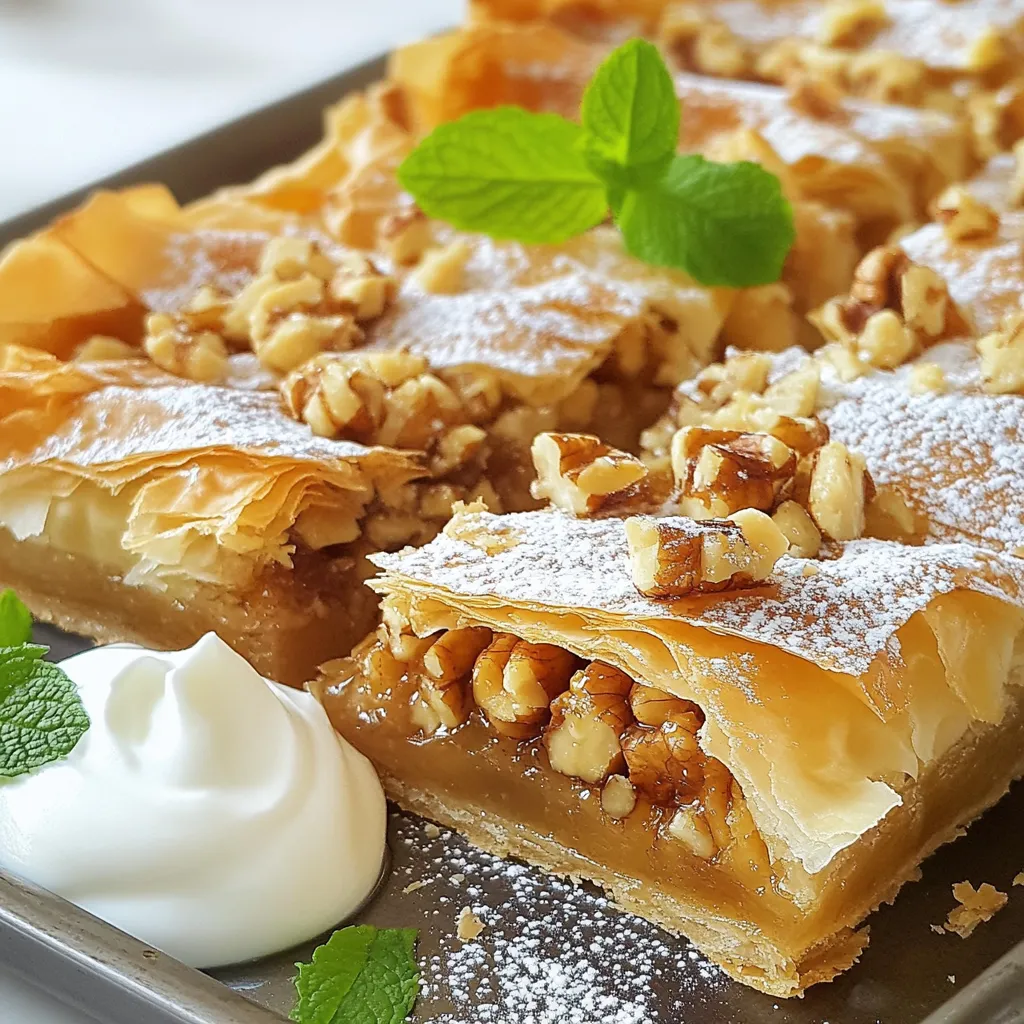 To make Greek Honey Pie, you will need: - 1 cup honey - 1 cup walnuts, finely chopped - 1 teaspoon ground cinnamon - 1 teaspoon vanilla extract - 1 cup phyllo pastry sheets (about 10 sheets) - 1/2 cup unsalted butter, melted - 1 cup Greek yogurt - 1/4 cup powdered sugar (for dusting) - Fresh mint leaves (for garnish) If you don’t have honey, you can use maple syrup. For nuts, almonds work well too. If you need a nut-free option, try using sunflower seeds. Instead of Greek yogurt, plain yogurt or sour cream can be used. You can swap melted butter with coconut oil for a dairy-free version. Choose pure honey for the best flavor. Look for walnuts that are fresh and crunchy. Fresh cinnamon gives a strong, warm taste. Always select high-quality phyllo pastry for the best texture. When picking yogurt, choose one that’s thick and creamy for a rich taste. Fresh mint should be bright green and fragrant. {{ingredient_image_1}} 1. First, preheat your oven to 350°F (175°C). This step is key for even baking. 2. In a medium bowl, mix honey, chopped walnuts, ground cinnamon, and vanilla extract. Stir until everything is well combined. Set this mixture aside. 3. Take one sheet of phyllo pastry. Brush it lightly with melted butter. Place another sheet on top and brush it again. Repeat this process until you have five layers. 4. Spoon half of the honey and walnut mix evenly over the layered pastry. Spread it out so every bite has flavor. 5. Now, repeat the layering with another five sheets of phyllo pastry. Remember to brush each layer with melted butter. 6. Spread the remaining honey and walnut mixture on top of this second layer. Fold the edges over to secure the filling. Brush the top layer with butter for a nice finish. 7. Use a sharp knife to cut shallow slits in the top layer. Create diamond shapes to make serving easier. 8. Bake in your preheated oven for 30-35 minutes. Look for a golden-brown top. 9. Once done, remove the pie from the oven. Let it cool for about 10-15 minutes before serving. 10. To serve, dust the pie with powdered sugar. Cut along the slits and garnish with fresh mint leaves. A dollop of Greek yogurt on the side is a great touch. - Always brush each sheet of phyllo with melted butter. This keeps the layers crisp and helps them stick. - Don't rush the layering. Take your time to ensure even layers. - Keep the unused phyllo covered with a damp towel. This prevents it from drying out. - Check the pie a few minutes before the baking time ends. Oven temperatures can vary. - Let the pie cool before cutting. This helps the layers set and makes serving easier. - Avoid skipping the butter between layers. It is essential for taste and texture. - Don’t overfill the pie with the honey mixture. Too much filling can cause it to overflow. - Be careful when cutting the slits; only cut the top layer. Cutting too deep can break the pie. - Make sure to watch the baking closely. If it browns too quickly, cover it with foil. - Don’t skip cooling time. Cutting too soon can make the pie fall apart. By following these steps, tips, and avoiding common mistakes, you will make a delicious Greek honey pie that everyone will love. Enjoy your baking! To boost the flavor, use high-quality honey. Local honey gives a unique taste. You can also add a pinch of nutmeg for warmth. Try mixing in some orange zest for a bright note. Each addition will deepen the pie's flavors. Phyllo pastry needs care. Keep it covered with a damp cloth to avoid drying. Brush each layer with melted butter for crispness. Do not skip the butter; it adds rich flavor. Use a sharp knife for cutting slits to avoid tearing. Presentation matters! Dust the pie with powdered sugar right before serving. This adds a lovely touch. Cut the pie along the slits for even pieces. Garnish with fresh mint leaves for color. Serve with a dollop of Greek yogurt for creaminess. Pro Tips Use Fresh Ingredients: Always opt for fresh walnuts and high-quality honey to enhance the flavor of your Greek Honey Pie. Layering Technique: Ensure each phyllo layer is brushed with enough butter to create a flaky texture, but avoid over-saturating it. Cut Before Baking: Cutting the pastry before baking allows steam to escape and helps achieve a crispier top layer. Serving Suggestion: Pair your pie with a dollop of Greek yogurt to balance the sweetness of the honey and add creaminess. {{image_2}} You can switch up the filling in your Greek honey pie. Try using almonds or pecans instead of walnuts. These nuts add a different flavor and texture. You can also add dried fruits like figs or raisins. They bring a sweet and chewy contrast to the crunchy nuts. If you like spices, consider adding nutmeg or cardamom for a warm twist. For a gluten-free version, use gluten-free phyllo pastry. It can be a bit tricky to find, but it works well. You can also reduce the sugar by using less honey. Consider using natural sweeteners like stevia or agave syrup. These options give you sweetness without the extra sugar. If you want a low-sugar pie, use Greek yogurt with no added sugar as a side topping. Greek honey pie has many regional twists. In Crete, they often add orange zest to the filling. This gives a fresh and bright flavor. In the Peloponnese, locals might use local honey varieties, which change the taste. Some regions also add spices like clove or anise for extra warmth. Each area adds its own touch, making every bite unique and special. After enjoying your Greek Honey Pie, store leftovers in an airtight container. This keeps the pie fresh and tasty. If you don’t have a container, wrap it in plastic wrap. Make sure to seal it tightly. Store it in the fridge to keep it safe from spoilage. Avoid stacking other items on top of the pie to prevent crushing. Greek Honey Pie will stay fresh for about 4 to 5 days in the fridge. The honey and walnuts help to keep the flavors intact. If you want to keep it longer, consider freezing it. In the freezer, it can last for up to 3 months. Just remember to wrap it well before freezing. When you want to enjoy leftovers, gently reheat the pie. Preheat your oven to 300°F (150°C). Place the pie on a baking sheet for 10 to 15 minutes. This warms it without drying it out. Serve it warm for the best taste. You can add a fresh dusting of powdered sugar when serving. A dollop of Greek yogurt on the side adds a nice touch too! Greek Honey Pie is often served with Greek yogurt. The creamy yogurt adds a nice contrast to the sweet pie. You can also enjoy it with fresh mint leaves on top. This gives a burst of freshness. Some people like to drizzle more honey over it for extra sweetness. Yes, you can make Greek Honey Pie a day in advance. Simply bake it and let it cool. Then, cover it tightly and store it in the fridge. This allows the flavors to blend nicely. When you're ready to serve, just dust it with powdered sugar and garnish with mint. You can find authentic ingredients at local Mediterranean or Greek markets. Look for high-quality honey and walnuts. These are key for a great flavor. If you don’t have a local market, many items are available online. Just check the labels for quality. You will know the pie is done when the top is golden brown. It should look crispy and firm. You can also check by inserting a knife in the center. If it comes out clean, the pie is ready. Let it cool slightly before serving for the best taste. In this post, we explored making Greek Honey Pie from start to finish. We covered the ingredients, key preparation steps, and tips to avoid mistakes. We also shared ways to enhance flavor and presented variations for different diets. Lastly, we discussed storage and reheating techniques. You now have the tools to create your own delicious pie. Enjoy the sweet journey of baking and sharing this classic dessert!