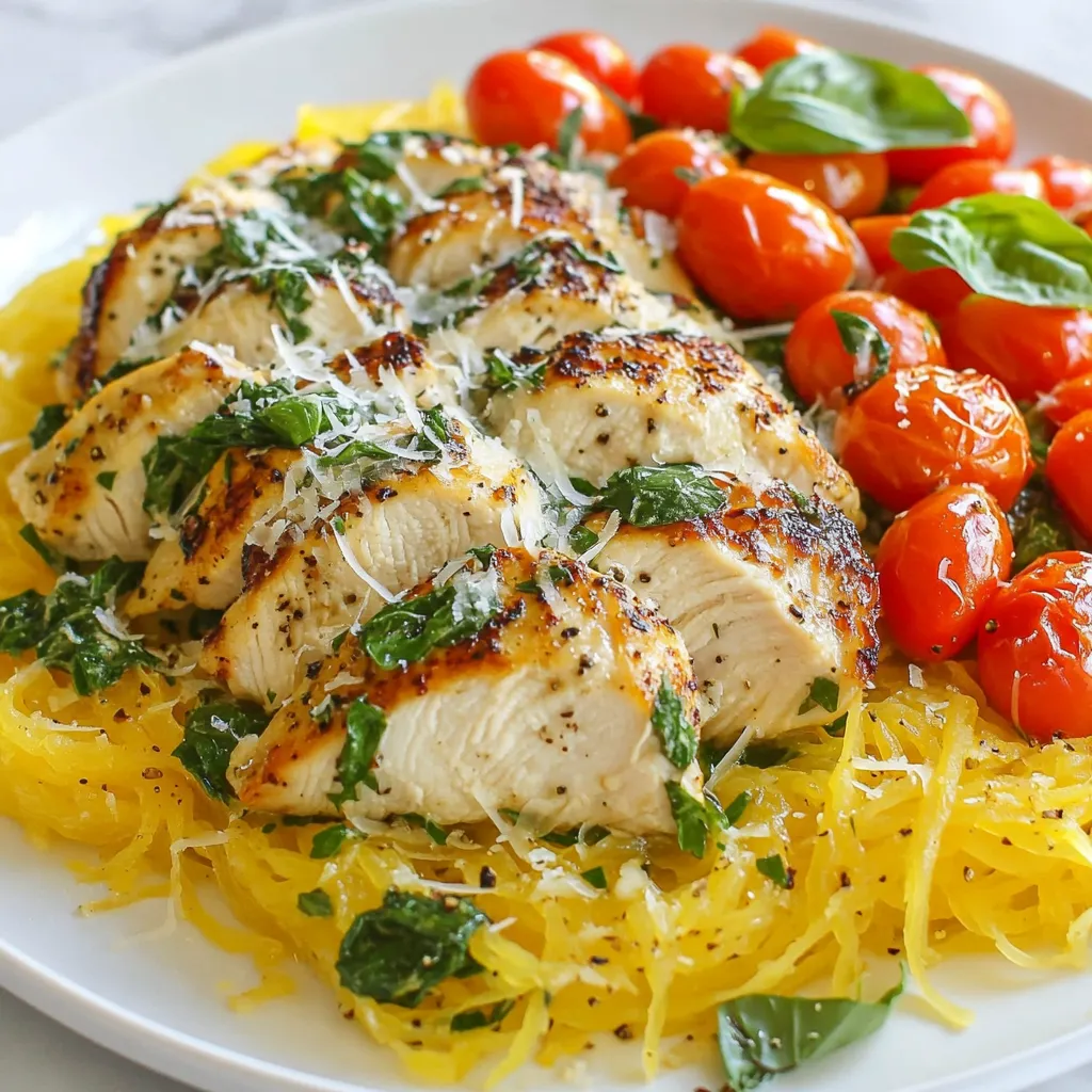 To make Tuscan Chicken and Spaghetti Squash, you need: - 2 medium spaghetti squash - 2 boneless, skinless chicken breasts - 2 tablespoons olive oil - 3 cloves garlic, minced - 1 cup cherry tomatoes, halved - 1 cup fresh spinach - 1/2 cup sun-dried tomatoes, chopped - 1/4 cup heavy cream (or coconut cream for a dairy-free option) - 1 teaspoon Italian seasoning - Salt and pepper to taste - Fresh basil leaves for garnish - Grated Parmesan cheese for garnish (optional) You can play with some ingredients. If you want a vegan dish, swap chicken for tofu or chickpeas. Use nutritional yeast instead of Parmesan for a cheesy flavor. If you don't like sun-dried tomatoes, fresh tomatoes work well. For a lighter sauce, skip the cream or use almond milk. This dish serves four and is packed with nutrients. Each serving has about: - Calories: 350 - Protein: 25g - Carbohydrates: 20g - Fat: 18g - Fiber: 6g This meal offers a good balance of protein and healthy fats. It’s low in carbs, making it great for many diets. Enjoy this colorful plate full of flavor and health! {{ingredient_image_1}} First, you need to preheat your oven to 400°F (200°C). Next, take the spaghetti squash and cut it in half lengthwise. Scoop out the seeds using a spoon. Drizzle 1 tablespoon of olive oil on the cut sides. Then, sprinkle some salt and pepper. Place the squash halves cut-side down on a baking sheet. Roast them in the oven for 30-40 minutes. You want them tender and easy to scrape. While the squash roasts, let’s focus on the chicken. Season the chicken breasts with salt, pepper, and Italian seasoning. Heat a large skillet over medium heat. Add 1 tablespoon of olive oil. Cook the chicken for 6-7 minutes on each side. You want it golden brown and fully cooked. Once done, remove it from the skillet and let it rest. This helps keep it juicy. After a few minutes, slice the chicken into pieces. In the same skillet, add the minced garlic. Sauté it for about 30 seconds until it smells good. Next, add the cherry tomatoes and chopped sun-dried tomatoes. Cook them for 3-4 minutes until they soften. Now, add the fresh spinach and cook until it wilts. Pour in the heavy cream and mix everything. Let the sauce simmer for 2-3 minutes until it thickens a bit. Once the spaghetti squash is done, use a fork to scrape out the insides. It should look like spaghetti! Add the squash to the skillet with the sauce. Toss everything to mix well. Slice your cooked chicken and place it on top of the squash mixture. Enjoy your warm meal! To get the best spaghetti squash, choose ones that feel heavy. A ripe squash has a hard shell and is firm. Cut the squash in half lengthwise and scoop out the seeds. Drizzle olive oil on the cut sides. Season with salt and pepper. Place the halves cut-side down on a baking sheet. Roast at 400°F for 30-40 minutes. The squash should feel soft when done. Use a fork to scrape the insides into strands. This step makes it look like spaghetti. For juicy chicken, use boneless, skinless breasts. Season them well with salt, pepper, and Italian seasoning. Heat olive oil in a skillet over medium heat. Cook each breast for about 6-7 minutes on both sides. The chicken should turn golden brown and reach an internal temp of 165°F. After cooking, let the chicken rest. This keeps it moist and tasty. Slice it right before serving for the best look. To boost the sauce's taste, start with fresh garlic. Sauté it until fragrant but do not burn it. Add halved cherry tomatoes and chopped sun-dried tomatoes. Cook them until they soften. This adds a rich flavor. Stir in fresh spinach and let it wilt. Pour in heavy cream for creaminess. For a twist, try coconut cream if you want it dairy-free. Let the sauce simmer until it thickens a bit. This makes it cling better to the spaghetti squash. Pro Tips Cut the Squash with Care: Use a sharp knife and a sturdy cutting board to safely cut the spaghetti squash in half. This will ensure a clean cut and prevent any accidents. Rest the Chicken: Allow the chicken to rest after cooking. This helps the juices redistribute, resulting in a more tender and flavorful dish. Customize Your Greens: Feel free to add other greens like kale or arugula to the sauce for added nutrition and flavor. They wilt down nicely and enhance the dish. Experiment with Seasoning: Adjust the Italian seasoning and add a pinch of red pepper flakes for a bit of heat to suit your taste preferences. {{image_2}} If you want a dairy-free meal, use coconut cream instead of heavy cream. This gives the sauce a rich, creamy texture without dairy. You can also skip the Parmesan cheese. Fresh basil adds a nice touch to keep the flavor bright. You can swap the chicken for shrimp or tofu. For shrimp, cook them for about 2-3 minutes on each side until pink. If you choose tofu, press it to remove water, then cube and sauté until golden brown. Both options work great with the Tuscan sauce. To make this dish vegetarian, simply leave out the chicken. Add more vegetables like bell peppers, zucchini, or mushrooms instead. These veggies will bring more flavor and texture to the dish. Toss them in with the garlic and tomatoes for a tasty twist. After you finish your Tuscan chicken and spaghetti squash, let it cool. Place leftovers in an airtight container. Store them in the fridge for up to three days. This meal keeps well and tastes great the next day. To reheat, use a microwave or skillet. If using a microwave, heat on medium power. Stir halfway through to ensure even heating. If you prefer a skillet, add a splash of water. Cover the pan to create steam and warm it gently over low heat. You can freeze Tuscan chicken and spaghetti squash for long-term storage. Use freezer-safe containers. Make sure to separate portions for easy meals later. It can last up to three months in the freezer. To thaw, place it in the fridge overnight before reheating. You can serve a fresh salad with this dish. A simple side salad adds crunch. You can also serve garlic bread for a classic touch. If you want a drink, a light white wine works well. Yes, you can prep some parts in advance. Cook the chicken and sauce a day before. Store them in the fridge. You can roast the squash earlier too. Just reheat everything when you are ready to eat. Check the squash after 30-40 minutes in the oven. It should be tender when you poke it with a fork. The skin will also be slightly golden. If it’s hard, it needs more time to cook. You’ve learned how to prepare a tasty Tuscan chicken with spaghetti squash. We discussed all the ingredients, cooking steps, and helpful tips. You can also explore variations to suit your taste or dietary needs. Remember, storing and reheating leftovers is easy if done right. This dish is simple yet flavorful, making it perfect for any meal. Enjoy making it for yourself and loved ones!