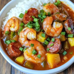 To make a tasty shrimp and sausage gumbo, gather these must-have items: - 1 lb large shrimp, peeled and deveined - 1 lb smoked sausage (like andouille), sliced - 1/2 cup vegetable oil - 1/2 cup all-purpose flour - 1 medium onion, diced - 1 green bell pepper, diced - 1 celery stalk, diced - 4 cloves garlic, minced - 1 can (14.5 oz) diced tomatoes, undrained - 4 cups chicken broth - 1 bay leaf - 1 teaspoon dried thyme - 1 teaspoon cayenne pepper (adjust to taste) - 2 teaspoons paprika - Salt and black pepper to taste - 1 cup okra, sliced (fresh or frozen) - 3 green onions, sliced (for garnish) - Fresh parsley, chopped (for garnish) - Steamed white rice (for serving) Want to take your gumbo up a notch? Here are some tasty options: - Worcestershire sauce for a deeper flavor - Hot sauce for more heat - Lemon juice for brightness - Bayou-inspired spices like Cajun seasoning Do you need alternatives? Here are some handy swaps: - Use shrimp stock instead of chicken broth for a richer taste. - Any smoked sausage will work if andouille is hard to find. - For a gluten-free option, replace all-purpose flour with gluten-free flour. - If you don't like okra, use diced zucchini or green beans instead. {{ingredient_image_1}} To start, heat 1/2 cup of vegetable oil in a large pot over medium heat. Slowly add 1/2 cup of flour to the hot oil. Whisk the mixture well to avoid lumps. Cook this mix for 20 to 30 minutes. Keep stirring until it turns a deep brown color, like chocolate. Be careful not to burn it, as this step is crucial for flavor. Next, add 1 medium diced onion, 1 diced green bell pepper, 1 diced celery stalk, and 4 minced garlic cloves to the roux. Cook the vegetables for about 5 to 7 minutes. Stir often until they soften. Then, add 1 lb of sliced smoked sausage. Cook this for about 5 minutes until it gets a nice brown color. Now it’s time to bring everything together. Add 1 can of diced tomatoes (with juice), 4 cups of chicken broth, 1 bay leaf, 1 teaspoon of dried thyme, 1 teaspoon of cayenne pepper, 2 teaspoons of paprika, salt, and black pepper. Bring this to a gentle boil. Then, reduce the heat and let it simmer without a lid for 30 minutes. After that, stir in 1 cup of sliced okra and simmer for another 10 to 15 minutes. Finally, add 1 lb of shrimp and cook for about 5 minutes until they turn pink. Remove the bay leaf before serving. To make a great roux, start with equal parts flour and oil. I use half a cup of each. Heat the oil in a pot over medium heat. Gradually whisk in the flour. Stir this mixture continuously for 20 to 30 minutes. Look for a deep brown color, like chocolate. Be careful not to burn it; if it burns, start over. This step adds a rich flavor to your gumbo. For spice lovers, add more cayenne pepper. Start with one teaspoon and taste as you go. You can also use hot sausage for extra heat. If you prefer milder flavors, reduce the cayenne or leave it out. Always remember, you can add but not take away spice. Find the right balance for your taste. Serve your gumbo over a scoop of steamed white rice. This adds texture and makes the dish heartier. Garnish with sliced green onions and chopped parsley for freshness. You can also provide hot sauce on the side for those who like it spicy. Enjoy with crusty bread for a complete meal! Pro Tips Perfect Your Roux: The key to a rich gumbo flavor is the roux. Stir it continuously and watch for a deep brown color without burning to achieve the best results. Adjust the Spice: Depending on your taste, you can adjust the cayenne pepper. Start with less and add more as needed for a gumbo that suits your spice preference. Fresh vs. Frozen Okra: If using frozen okra, add it directly to the pot without thawing. Fresh okra may need a brief sauté to enhance its flavor and texture. Garnish for Freshness: Don't skip the green onions and parsley! They add a vibrant touch and fresh flavor that complements the rich gumbo beautifully. {{image_2}} You can swap out shrimp and sausage for other proteins. Chicken works well, too. Use boneless, skinless chicken thighs for a rich flavor. You might also choose fish like catfish or cod. Cook the fish until it's just done to keep it tender. For a twist, try crab or lobster for a more luxurious dish. These changes keep the gumbo tasty and fun. To make a vegetarian gumbo, skip the meat and use more veggies. Focus on hearty vegetables like mushrooms, zucchini, and bell peppers. You can add plant-based sausage for a similar texture. Beans, like kidney or black beans, boost protein and flavor. Instead of chicken broth, use vegetable broth for depth. A vegetarian gumbo is still rich and satisfying. Gumbo varies by region, each with its own unique touch. In New Orleans, you’ll find a thicker, darker gumbo with a rich roux. Cajun gumbo often includes more spice and the "holy trinity" of onion, celery, and bell pepper. In some areas, you'll find gumbo with seafood and a lighter broth. In Texas, people add chili powder for a spicy kick. Each region's ingredients and style make gumbo a special and diverse dish. To store your gumbo, let it cool first. Place it in an airtight container. This keeps the flavors fresh. You can keep it in the fridge for up to three days. If you want to enjoy it later, freezing is a great option. When you’re ready to eat your gumbo, you can reheat it easily. Pour the gumbo into a pot. Heat it on medium-low until it’s hot. Stir it often to prevent sticking. If it seems thick, add a splash of broth or water. You can also use a microwave. Heat it in short bursts, stirring in between. Freezing gumbo is simple. Use a freezer-safe container or a heavy-duty freezer bag. Leave some space at the top for expansion. Label the container with the date. Gumbo can be frozen for up to three months. When you're ready to eat, thaw it in the fridge overnight before reheating. This way, you can enjoy a bowl of gumbo anytime! Shrimp and sausage gumbo comes from Louisiana. It mixes French, African, and Spanish flavors. The dish reflects the culture of New Orleans. Gumbo started as a stew with various meats. The name "gumbo" may come from the African word for okra. Ingredients vary by region, but the roux is key. The dish often uses seafood and sausage for rich taste. Yes, you can make gumbo ahead of time. In fact, it often tastes better the next day. The flavors meld and deepen overnight. Store it in the fridge for up to three days. Reheat gently on the stove or in the microwave. You may need to add a bit of broth for moisture. Gumbo can be gluten-free but depends on the ingredients. The traditional roux uses flour, which contains gluten. You can use gluten-free flour to make a gluten-free roux. Always check labels on sausage and broth for gluten. This way, you can enjoy gumbo without worry. In this article, we explored the key ingredients and steps to make flavorful gumbo. We talked about how to create the perfect roux, cook your vegetables and sausage, and let the dish simmer. I shared tips for adjusting spice levels and serving ideas that enhance your meal. You can also experiment with different proteins or even make vegetarian versions. Remember, gumbo is a dish that thrives on variation and creativity. Enjoy making it your own!