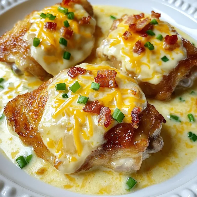 - 4 chicken thighs: bone-in and skin-on - 2 tablespoons olive oil - 1 packet ranch seasoning mix - 1 cup cream cheese, softened - 1/2 cup chicken broth - 1 cup shredded cheddar cheese - 1/2 cup cooked bacon bits (or turkey bacon) - 1/4 cup chopped green onions - Salt and pepper to taste The main star of this dish is the chicken thighs. I love using bone-in and skin-on thighs for added flavor and juiciness. The skin crisps up beautifully, giving a rich taste. Next, I add olive oil to the skillet. It helps the chicken brown nicely. You need ranch seasoning mix to give the dish its unique taste. This mix brings a blend of herbs and spices that make every bite special. Cream cheese is a must for this recipe. It creates a rich, creamy sauce that coats the chicken. The chicken broth adds moisture and keeps the dish from being too thick. Shredded cheddar cheese brings a melty goodness that elevates the meal. I often use bacon bits for extra crunch and flavor. You can swap them for turkey bacon if you prefer a lighter option. Finally, I like to add chopped green onions. They add freshness and a pop of color to the dish. Don’t forget to season with salt and pepper to taste. Each ingredient plays a key role in making this meal a savory delight. {{ingredient_image_1}} 1. Heating the olive oil Start by heating 2 tablespoons of olive oil in a large skillet. Set the heat to medium-high. Wait until the oil is hot but not smoking. 2. Seasoning the chicken thighs While the oil heats, season 4 chicken thighs with salt and pepper. Make sure to coat both sides well. This adds flavor to the meat. 3. Searing the chicken in the skillet Once the oil is ready, place the chicken thighs skin side down in the skillet. Sear them for about 5 to 7 minutes. Look for a golden brown color on the skin. Then flip the thighs and cook for another 5 minutes. This step locks in the juices. 1. Adding ranch seasoning mix After searing, sprinkle the ranch seasoning mix evenly over the chicken thighs. This mix is what makes this dish so tasty. 2. Incorporating cream cheese and chicken broth Next, add 1 cup of softened cream cheese and 1/2 cup of chicken broth to the skillet. Stir gently to combine. The cream cheese will melt and form a creamy sauce. 3. Simmering for tenderness Reduce the heat to medium-low and cover the skillet. Let it simmer for 15 to 20 minutes. This helps the chicken cook all the way through. Aim for an internal temperature of 165°F. 1. Adding cheese and bacon Once the chicken is cooked, remove the lid. Sprinkle 1 cup of shredded cheddar cheese and 1/2 cup of cooked bacon bits over the top. Cover again for a few minutes. This helps the cheese melt and become bubbly. 2. Garnishing before serving Finally, garnish with 1/4 cup of chopped green onions. This adds a nice color and flavor. Now your Keto Crack Chicken Thigh Skillet is ready to enjoy! To boost flavor in your Keto Crack Chicken, try adding spices like garlic powder, paprika, or cayenne. These spices add depth and warmth. For a fun twist, marinate your chicken thighs in a mix of olive oil, ranch seasoning, and lemon juice for an hour before cooking. This simple step infuses extra flavor throughout the meat. Use a heavy cast-iron skillet or non-stick skillet for the best searing. These types hold heat well and create a nice crust on the chicken. Always let your chicken thighs rest for a few minutes after cooking. This step allows the juices to redistribute, making the meat more tender and juicy. For crispy skin, make sure your skillet is hot before adding the chicken. Sear skin-side down without moving them for that perfect crisp. If your sauce is too thick, add more chicken broth to reach your desired consistency. Adjusting the sauce helps it coat the chicken nicely. Pro Tips Perfectly Crispy Skin: To achieve the best crispy skin, make sure the chicken thighs are patted dry before seasoning. Moisture on the skin can prevent it from getting that golden, crunchy texture. Flavor Boost: For an extra layer of flavor, marinate the chicken thighs in the ranch seasoning mix and a little olive oil for a few hours or overnight before cooking. Serving Suggestions: Serve the crack chicken over a bed of cauliflower rice or alongside steamed vegetables for a nutritious and satisfying meal. Storage Tips: Leftovers can be stored in an airtight container in the refrigerator for up to 4 days. Reheat on the stove or in the microwave until warmed through. {{image_2}} You can switch up the cheese in this dish. Try pepper jack for a spicy kick. Mozzarella gives a nice stretch. You can even use cream cheese with herbs for extra flavor. If you want to swap chicken for turkey or pork, that works too. Turkey thighs are juicy and tasty. Pork chops can add a different twist. Just make sure to adjust the cooking time as needed. For a dairy-free version, use coconut cream instead of cream cheese. It adds a rich taste. You can also use dairy-free cheese. Look for brands that melt well. If you need low-carb options, skip the bacon bits. Use mushrooms for added texture. You can also add zucchini noodles instead of pasta. This keeps it light and fresh. Adding spices can change the whole dish. Try garlic powder or smoked paprika for depth. Fresh herbs like thyme or rosemary can brighten the flavor. You can also toss in vegetables. Spinach wilts nicely in the sauce. Bell peppers add crunch and color. Just sauté the veggies with the chicken for a complete meal. After cooking your Keto Crack Chicken Thigh Skillet, let it cool. Store leftovers in an airtight container. This keeps the chicken fresh and tasty. You can keep it in the fridge for up to three days. You can freeze this dish if you have more than you can eat. Place the cooled chicken in a freezer-safe bag or container. It will stay good for about three months. When you want to eat it, thaw it overnight in the fridge. Then, reheat it in a skillet over low heat. This helps keep the chicken moist and flavorful. Meal prep makes life easier. You can cook this dish on Sunday for the week. Divide it into single servings for easy lunch or dinner. Use small containers to portion the chicken. This way, you can grab a meal anytime. Enjoy the yummy taste of Keto Crack Chicken all week long! Can I use boneless chicken thighs? Yes, you can use boneless chicken thighs. They will cook faster. Just adjust your cooking time to avoid overcooking. How many carbs are in this dish? This dish has about 3-4 grams of carbs per serving. It’s very low-carb, making it perfect for keto diets. What should I serve with Keto Crack Chicken Thigh Skillet? I love serving it with a side of steamed veggies. Cauliflower rice also pairs well, adding a nice texture to the meal. Can I make this in an Instant Pot? Absolutely! Sear the chicken on the sauté setting first. Then, add the other ingredients and cook on high pressure for about 10 minutes. How to tell if chicken is cooked through? Use a meat thermometer to check the chicken. It should reach an internal temperature of 165°F (75°C) to ensure it’s safe to eat. What can I substitute for ranch seasoning? If you don’t have ranch seasoning, use a mix of dried herbs like dill, parsley, and garlic powder. It will give a nice flavor boost. In this article, I covered all the key parts of making Keto Crack Chicken. From selecting the right ingredients to cooking tips, you have everything you need. This dish is simple, tasty, and flexible for different diets. Remember, you can change ingredients for your taste. Using the right techniques adds flavor and perfect texture. Store leftovers easily and enjoy them later. Whether cooking for yourself or others, this dish is sure to impress. Happy cooking!