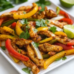 Here’s what you need for Minute Sheet Pan Chicken Fajitas. This dish is simple and fun to make! - Chicken - 1.5 lbs boneless, skinless chicken breasts, sliced into thin strips - Vegetables - 1 red bell pepper, sliced - 1 yellow bell pepper, sliced - 1 green bell pepper, sliced - 1 medium onion, sliced - Spices and seasonings - 2 tablespoons olive oil - 2 teaspoons chili powder - 1 teaspoon cumin - 1 teaspoon smoked paprika - 1 teaspoon garlic powder - 1 teaspoon onion powder - ½ teaspoon salt - ¼ teaspoon black pepper - Juice of 1 lime - Tortillas and garnishes - Fresh cilantro, chopped (for garnish) - Tortillas (flour or corn, for serving) Gather these ingredients before you start cooking. Each one adds flavor and fun to your meal. The colorful veggies bring a bright look. The spices pack a tasty punch. You can mix and match tortillas to make it your own. Enjoy cooking! {{ingredient_image_1}} First, preheat your oven to 425°F (220°C). This step is key for a great bake. While it heats up, grab a large baking sheet. Line it with parchment paper. This makes for easy cleanup later. In a large bowl, add 1.5 lbs of sliced chicken breasts. Next, toss in one sliced red bell pepper, one sliced yellow bell pepper, and one sliced green bell pepper. Don’t forget the sliced onion! Mix these together well. You want all the pieces to fit nicely on the sheet for even cooking. Now it’s time to add flavor! Drizzle 2 tablespoons of olive oil over the chicken and veggies. Then, add 2 teaspoons of chili powder, 1 teaspoon of cumin, 1 teaspoon of smoked paprika, 1 teaspoon of garlic powder, and 1 teaspoon of onion powder. Sprinkle in ½ teaspoon of salt and ¼ teaspoon of black pepper. Finally, squeeze the juice of one lime over the mix. Toss everything together until the chicken and vegetables are well coated. This will help them soak up all the great flavors. Spread the chicken and veggie mix evenly on your prepared baking sheet. Place it in the preheated oven. Bake for 20-25 minutes. Stir the mixture halfway through. This ensures even cooking. Check that the chicken is cooked through and the veggies are tender. Once done, take it out and let it rest for a couple of minutes. Serve warm in tortillas with fresh cilantro on top. Enjoy your delicious meal! To keep your chicken juicy, slice it thin. Thin strips cook fast and stay tender. Marinate chicken with lime juice for 15 minutes before cooking. This adds flavor and helps it stay moist. Use a meat thermometer to check for doneness. Chicken should reach 165°F. Let it rest after cooking. This helps the juices stay inside. You can use flour or corn tortillas for this dish. Flour tortillas are soft and flexible. They are great for holding fillings. Corn tortillas offer a nice, earthy flavor. They are a bit firmer but very tasty. Warm your tortillas before serving. This makes them more pliable and enjoyable to eat. Add fun toppings to your fajitas! Fresh cilantro gives a burst of flavor. Diced avocado adds creaminess. Sliced jalapeños bring heat if you like spice. Sour cream offers a cool contrast. Crumbled queso fresco adds a salty kick. Pickled onions give a tangy crunch. Choose your favorites for a tasty meal! Pro Tips Marinate for Flavor: For an extra boost of flavor, consider marinating the chicken in the spice mixture and lime juice for 30 minutes to 2 hours before baking. Vegetable Variations: Feel free to add other vegetables like zucchini or mushrooms to the mix for added texture and flavor. Serve with Toppings: Enhance your fajitas with toppings like sour cream, guacamole, or shredded cheese for a delicious finish. Use Fresh Ingredients: Fresh, high-quality produce and spices will significantly elevate the taste of your fajitas, making them more vibrant and flavorful. {{image_2}} You can easily swap chicken with beans or tofu. Use 1 can of black beans or 14 ounces of firm tofu instead. Slice the tofu into strips and press it to remove water. This gives you a tasty vegetarian option that still has great texture. Add the same spices and veggies for a great flavor. If you like heat, add jalapeños or chili flakes. Slice one or two jalapeños and mix them in with the chicken and veggies. You can also add a pinch of cayenne pepper to the spices. This will kick up the heat without changing the dish too much. Adjust the spice level to fit your taste. You can use shrimp or beef if you want a different protein. For shrimp, use about 1 pound and cook for 12-15 minutes. If you choose beef, go for thinly sliced flank steak. Cook it for about 20-25 minutes, just like chicken. These options give you nice, rich flavors that change the meal. To store leftovers, let the chicken fajitas cool first. Place them in an airtight container. Keep them in the fridge for up to three days. If you have tortillas, store them separately. This keeps them fresh and soft. For reheating, you can use the oven or the microwave. If using an oven, preheat it to 350°F (175°C). Spread the fajitas on a baking sheet. Heat for about 10 minutes or until warm. If you use a microwave, place the fajitas in a microwave-safe dish. Heat for one to two minutes. Stir halfway for even warmth. You can freeze chicken fajitas too. Make sure they are cooled completely. Place them in freezer bags. Remove as much air as possible before sealing. They can stay in the freezer for up to three months. When you're ready to eat, thaw the fajitas overnight in the fridge. Reheat them using the oven or microwave. Enjoy your tasty meal! It takes about 20 to 25 minutes to cook chicken fajitas. You preheat the oven to 425°F (220°C). Then, you bake the chicken and vegetables for that time. Keep an eye on the chicken to make sure it is fully cooked. You want it juicy and tender. Yes, you can make this recipe in advance. You can prep the chicken and veggies ahead of time. Just store them in the fridge for up to 24 hours. When you are ready, bake them as normal. This makes dinner quick and easy. You can serve chicken fajitas with various sides. Rice, beans, or a fresh salad work well. You can also add toppings like guacamole or salsa. Warm tortillas are a must. They hold all the tasty fillings! Enjoy your meal with friends or family for a fun night. This blog post covered all you need to make tasty chicken fajitas. We explored the ingredients, step-by-step instructions, useful tips, and fun variations. You also learned how to store leftovers and reheating tips. Keep these ideas in mind to create delicious meals every time. Experiment with flavors and enjoy the cooking process! Your fajitas will impress friends and family. Happy cooking!