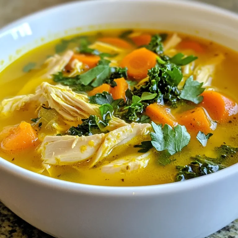To make a warm and tasty Turmeric Chicken Soup, you need the following items: - 2 cups cooked chicken, shredded - 1 tablespoon coconut oil - 1 medium onion, diced - 3 cloves garlic, minced - 1 tablespoon fresh ginger, grated - 1 tablespoon ground turmeric - 1 teaspoon ground cumin - 1 teaspoon ground coriander - 6 cups chicken broth - 1 cup carrots, sliced - 1 cup celery, sliced - 1 cup sweet potatoes, diced - 1 cup kale or spinach, chopped - Juice of 1 lemon - Salt and pepper to taste - Fresh parsley or cilantro for garnish Each ingredient brings its own flavor and nutrition. The turmeric gives the soup its bright color and health benefits. Coconut oil adds a rich taste and helps the spices blend well. Fresh veggies like carrots and sweet potatoes provide sweetness and texture. You can use any green, like kale or spinach, to boost the soup’s nutrients. Using cooked chicken makes this dish quick and easy. Just shred it and mix it in. Remember to adjust salt and pepper to your taste. A splash of lemon juice adds a nice zing. You can use fresh parsley or cilantro for a lovely finish. These ingredients come together to create a soup that is not just good for you, but also very comforting. {{ingredient_image_1}} - Step 1: Heat the coconut oil Start by placing a large pot on the stove. Add 1 tablespoon of coconut oil. Heat it over medium heat until it melts. This oil gives the soup a rich flavor. - Step 2: Sauté the onions Add 1 medium diced onion to the pot. Sauté it for about 3-4 minutes. You want the onion to turn soft and clear. This step adds a sweet taste to your soup. - Step 3: Add garlic and ginger Next, mix in 3 cloves of minced garlic and 1 tablespoon of grated ginger. Stir these in for about a minute. You will notice a lovely aroma filling your kitchen. - Step 4: Toast the spices Now it’s time to add the spices. Add 1 tablespoon of ground turmeric, 1 teaspoon of ground cumin, and 1 teaspoon of ground coriander. Stir well for about 30 seconds. Toasting the spices enhances their flavors. - Step 5: Add chicken broth and bring to simmer Carefully pour in 6 cups of chicken broth. Bring the mixture to a gentle simmer. This will form the base of your soup, adding warmth and depth. - Step 6: Incorporate vegetables Now, add 1 cup each of sliced carrots, sliced celery, and diced sweet potatoes. Cook these for about 10-15 minutes. You want the veggies to become tender but not mushy. - Step 7: Mix in shredded chicken and greens Stir in 2 cups of cooked shredded chicken and 1 cup of chopped kale or spinach. Let it simmer for an additional 5 minutes. This will warm the chicken and wilt the greens. - Step 8: Season and serve Finally, season your soup with salt and pepper to taste. Add the juice of 1 lemon for brightness. Serve your soup hot, garnished with fresh parsley or cilantro. Enjoy your nutritious and tasty dish! To make your turmeric chicken soup even better, focus on seasoning. Start with fresh herbs like parsley or cilantro. They add a nice touch and boost flavor. Always taste as you cook. Adjust salt and pepper to your liking. This ensures your soup is just right. If you have dietary needs, there are easy swaps. Use olive oil instead of coconut oil for a different taste. You can also replace chicken with beans or lentils for a vegan option. This keeps the soup hearty and nutritious. For cooking tips, toast your spices before adding liquids. This brings out their full flavor. When adding veggies, cut them into small pieces for quick cooking. Sweet potatoes, carrots, and kale add great taste and color. Let the soup simmer gently for best results. This helps all the flavors blend nicely. Lastly, don't forget the lemon juice! It adds brightness to the soup. Add it right before serving for the best zing. Enjoy your delicious and healthy meal! Pro Tips Use Fresh Ingredients: Fresh herbs and vegetables will enhance the flavor and nutrition of your soup. Adjust Spice Levels: Feel free to modify the amount of spices according to your taste preference for a milder or spicier soup. Store Leftovers Properly: Make sure to refrigerate any leftovers in an airtight container for up to 3 days. Garnish for Flavor: Fresh parsley or cilantro not only adds color but also enhances the overall taste of the soup. {{image_2}} You can easily change the Turmeric Chicken Soup to fit your needs. Here are some fun ideas: - Full vegetarian version: Use vegetable broth instead of chicken broth. Replace the chicken with chickpeas or lentils. They add protein and texture. This makes a hearty, plant-based soup. - Gluten-free options: This recipe is gluten-free as is. Just ensure all your broth and spices are labeled gluten-free. This way, you can enjoy it without worry. - Spice level adjustments: If you like heat, add red pepper flakes or fresh chilies. Start with a small amount and taste as you go. For milder soup, reduce the spices. You can also skip the black pepper altogether. Feel free to mix and match these ideas. Your soup can be as unique as you are! You can store your Turmeric Chicken Soup in a few easy ways. Refrigerating tips: First, let the soup cool down to room temperature. Then, pour it into an airtight container. Store it in the fridge for up to four days. Make sure to label it with the date. This helps you keep track of freshness. Freezing instructions: If you want to save it for later, freezing is a great option. Use freezer-safe containers or heavy-duty freezer bags. Leave some space at the top because soup expands when frozen. The soup will stay good for about three months in the freezer. When you're ready to eat, thaw it in the fridge overnight. Reheating methods: To reheat the soup, you have a couple of choices. You can use the stove or microwave. If using the stove, heat it in a pot over medium heat. Stir often until it’s hot. For the microwave, pour soup into a microwave-safe bowl. Heat in 1-minute intervals, stirring in between, until hot. Always check the temperature before serving to ensure it’s safe to eat. Turmeric is known for its anti-inflammatory and antioxidant properties. It can help support joint health and boost your immune system. Plus, it might improve digestion and enhance brain function. Adding turmeric to your diet can be a tasty way to enjoy these benefits. Yes, you can! Making this soup ahead of time is a great idea. It tastes even better the next day as the flavors develop. Just store it in an airtight container in the fridge. To adjust the spiciness, you can add more or less ginger. If you prefer a milder soup, reduce the ginger or skip it. For more heat, try adding a pinch of red pepper flakes or a dash of hot sauce. This soup pairs well with crusty bread or a fresh salad. You can also serve it over rice or quinoa for a heartier meal. A side of roasted vegetables adds extra nutrition and flavor. The soup lasts about 3-4 days in the fridge. Make sure to store it in a sealed container to keep it fresh. If you want it to last longer, consider freezing it. Absolutely! Rotisserie chicken works great in this soup. Just shred the chicken and add it when you mix in the vegetables. It saves time and adds extra flavor. You can create a warm, tasty Turmeric Chicken Soup with simple steps. First, gather your fresh ingredients, like chicken, veggies, and spices. Sauté the onions, garlic, and ginger to build flavor. Add broth, chicken, and greens for a nutritious bowl. This soup is easy to adapt for dietary needs. Plus, it stores well for later meals. I hope you enjoy making and sharing this comforting dish. It's perfect for good health and warm gatherings.