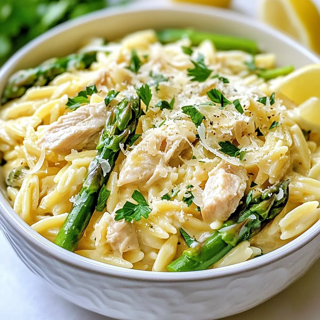 To make Parmesan Orzo with Chicken and Asparagus, gather these ingredients: - 1 cup orzo pasta - 2 chicken breasts, diced - 1 bunch asparagus, trimmed and cut into 1-inch pieces - 1 small onion, finely chopped - 2 cloves garlic, minced - 1 cup chicken broth - 1 cup heavy cream - 1 cup grated Parmesan cheese - 2 tablespoons olive oil - Salt and pepper to taste - Fresh parsley, chopped for garnish Each ingredient plays a key role in the dish. Here are some tips: - Orzo Pasta: You can swap it for any small pasta like ditalini or couscous. - Chicken Breasts: You can use thighs for more flavor or rotisserie chicken for quick prep. - Asparagus: If it's out of season, green beans or broccoli can work well. - Chicken Broth: Use vegetable broth for a lighter taste or homemade broth for depth. - Heavy Cream: For a lighter version, try half-and-half or coconut cream. Garnishes add flair and flavor. Consider these options: - Chopped fresh parsley for a pop of color. - Extra grated Parmesan on top for a rich finish. - Lemon wedges for a bright, zesty touch. {{ingredient_image_1}} Start by boiling water in a medium saucepan. Add salt to the water. Once it boils, add 1 cup of orzo pasta. Cook it for about 8-10 minutes. You want it al dente. Drain the orzo and put it aside for later. Next, heat 2 tablespoons of olive oil in a large skillet over medium heat. Add 2 diced chicken breasts to the skillet. Season with salt and pepper. Cook for 5-7 minutes. Make sure the chicken is browned and fully cooked. Once done, remove it from the skillet and set it aside. In the same skillet, add 1 finely chopped onion and 1 bunch of asparagus, cut into 1-inch pieces. Cook these for 3-4 minutes. The onion should be translucent, and the asparagus should be tender-crisp. Next, add 2 minced garlic cloves and cook for another 1-2 minutes until it smells great. Pour in 1 cup of chicken broth and 1 cup of heavy cream. Stir the mixture well and let it simmer on low heat for about 3-5 minutes. This will help the sauce get a bit thicker. After that, stir in the cooked orzo, the cooked chicken, and 1 cup of grated Parmesan cheese. Mix everything together and let it cook on low heat for 2-3 minutes, until all is hot and creamy. Taste it and add more salt or pepper if you want. When ready to serve, remove the skillet from the heat. Garnish your dish with chopped parsley. Serve it in shallow bowls. For extra flavor, add a sprinkle of Parmesan cheese on top and a side of lemon wedges. Enjoy your meal! To make Parmesan orzo creamier, use heavy cream. This rich ingredient gives the dish a smooth texture. You can also add more Parmesan cheese. Stir in extra cheese at the end for an even creamier finish. If you want a lighter touch, use half-and-half instead of heavy cream. This will still keep the dish rich without being too heavy. Cook the chicken in a hot skillet with olive oil. This helps it brown nicely. Make sure to season it well with salt and pepper. Cook it for about 5-7 minutes. Cut the chicken into small pieces to ensure even cooking. If you notice any pink, cook it a bit longer. Juicy chicken makes the dish much tastier. Cook the asparagus just right. Sauté it for about 3-4 minutes. You want it to be bright green and tender but still have a slight crunch. To check, taste a piece while cooking. If it is too soft, you've cooked it too long. For extra flavor, add garlic after the asparagus cooks. This enhances the taste without losing its texture. Pro Tips Use Fresh Asparagus: Fresh asparagus not only adds vibrant color but also a crisp texture to the dish. Look for bright green stalks that are firm and straight for the best flavor. Cook Orzo Al Dente: Ensure the orzo is cooked al dente for the best texture. It will continue to absorb moisture when mixed with the sauce, so slightly undercooking it will prevent it from becoming mushy. Adjust Creaminess: If you prefer a creamier dish, feel free to add more heavy cream or Parmesan cheese. This will enhance the richness and flavor of the sauce. Garnish with Lemon: A squeeze of fresh lemon juice just before serving can brighten the flavors in this dish. Serve with lemon wedges on the side for an extra zing! {{image_2}} You can swap out vegetables in this dish. Try using peas, spinach, or bell peppers. Each veggie brings a new taste. For a fun twist, add cherry tomatoes for a burst of flavor. You can also use frozen asparagus if fresh ones are not available. They work well too, saving time in prep. Want to mix it up? You can add different proteins. Shrimp is a great choice. It cooks quickly and adds a nice touch. Tofu is another option. Just toss in cubed, firm tofu for a vegetarian version. You could also use leftover rotisserie chicken. It will save time and add flavor to your dish. To make this dish vegan, swap out key ingredients. Use vegetable broth instead of chicken broth. Replace heavy cream with coconut cream or a plant-based cream. For cheese, use a vegan Parmesan or nutritional yeast for that cheesy taste. These changes keep the dish creamy and delightful without animal products. To keep your Parmesan orzo fresh, let it cool first. Once cool, place it in an airtight container. This helps keep moisture in and prevents the pasta from drying out. Store it in the fridge for up to three days. If you notice excess moisture, use a paper towel to absorb it before sealing. When you're ready to enjoy your leftovers, reheat them gently. I recommend using a skillet over low heat. Add a splash of chicken broth or cream to keep it creamy. Stir often until heated through. You can also use the microwave, but cover it with a damp paper towel to avoid drying out. Heat in short bursts, stirring in between. You can freeze this dish for later. Start by letting it cool completely. Transfer it to a freezer-safe container or bag. Be sure to label it with the date. This dish can last for up to three months in the freezer. To reheat, thaw it overnight in the fridge. Then, follow the reheating tips to warm it up nicely. Yes, you can! While orzo is perfect for this dish, you can swap it for other small pasta. Options like ditalini, acini di pepe, or even small shells work well. Just adjust cooking times based on the pasta you choose. Leftovers can last about three to four days in the fridge. Store them in an airtight container to keep them fresh. Make sure to cool the dish before putting it away. Absolutely! You can prepare the orzo and chicken ahead of time. Cook everything and store it separately. When you're ready to eat, just heat it up and mix in the sauce. This makes for a quick meal on busy days. This dish pairs well with many sides. Here are a few ideas: - A simple green salad with lemon vinaigrette - Garlic bread for a tasty crunch - Steamed broccoli or green beans for a veggie boost These sides will complement the creamy orzo dish beautifully. This blog post covered key parts of making a delicious dish. We looked at ingredients, measurements, and ways to top it off. I shared simple steps, tips for creaminess, and cooking chicken just right. You can swap veggies or add proteins for new flavors. I also explained how to store leftovers and answered common questions. Cooking should be fun and not stressful. Try these ideas to make your meals better and share your tasty results. Enjoy your cooking!