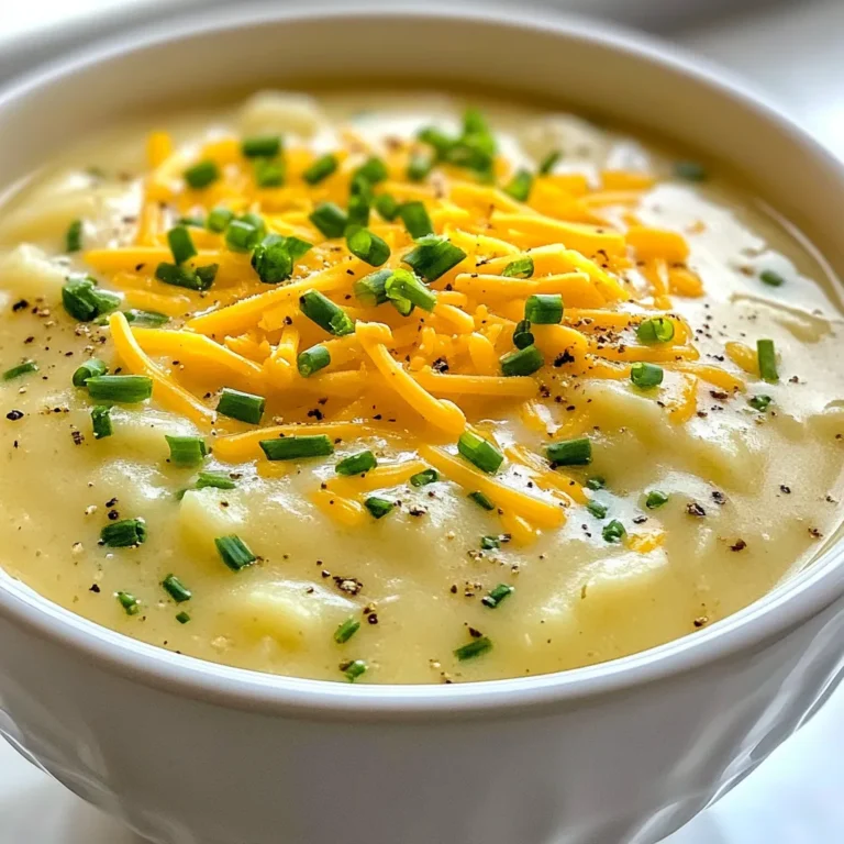 For delicious Cheddar Garlic Herb Potato Soup, you will need: - 4 large russet potatoes, peeled and diced - 1 medium onion, diced - 3 cloves garlic, minced - 4 cups vegetable broth - 1 cup heavy cream - 2 cups sharp cheddar cheese, shredded These ingredients create a rich and creamy base for the soup. The potatoes give it body while the cheddar adds a cheesy depth. To bring out the best flavors, use: - 1 teaspoon dried thyme - 1 teaspoon dried rosemary - Salt and pepper to taste These herbs add warmth and aroma. Thyme offers a slight earthiness, while rosemary gives a fresh note. Adjust salt and pepper to match your taste. For a lovely finish, consider: - Fresh chives, chopped (for garnish) - Additional shredded cheese Garnishing with chives adds color and a mild onion flavor. Extra cheese can make the soup even more indulgent. {{ingredient_image_1}} First, heat 2 tablespoons of olive oil in a large pot over medium heat. Add 1 medium diced onion and 3 minced garlic cloves. Sauté for about 5 minutes. You want the onion to turn translucent. The garlic adds a nice aroma. This step builds the soup's rich flavor. Next, add 4 large peeled and diced russet potatoes to the pot. Sprinkle in 1 teaspoon of dried thyme and 1 teaspoon of dried rosemary. Stir everything together and cook for another 2-3 minutes. This helps the herbs release their oils. Now, pour in 4 cups of vegetable broth. Bring it to a boil, then reduce the heat and let it simmer. Cook for 15-20 minutes until the potatoes are tender. Once the potatoes are soft, it's time to blend. Use a potato masher or an immersion blender. Partially mash the potatoes, leaving some chunks for texture. This gives your soup a hearty feel. Now, stir in 1 cup of heavy cream and 2 cups of shredded sharp cheddar cheese. Mix until the cheese melts and the soup is creamy. Don't forget to season with salt and pepper to taste. Allow the soup to simmer for another 5-10 minutes before you serve it. This final simmer helps all the flavors meld together beautifully. To get the best creamy texture, start by using a potato masher or an immersion blender. After cooking the potatoes, mash them just a bit. You want some chunks left for texture. This gives the soup depth and heartiness. If you want it smoother, blend longer, but keep it slightly chunky. You can boost the flavor of your soup with a few tweaks. Try adding a pinch of cayenne pepper for heat. A splash of lemon juice can brighten the taste. You can also swap the heavy cream for half-and-half for a lighter option. If you love herbs, add fresh thyme or rosemary instead of dried. This will give your soup a fresh taste. Garnishing makes your soup look inviting. Top each bowl with extra shredded cheddar cheese. A sprinkle of fresh chives adds a nice touch and color. You can also serve the soup with crusty bread on the side for dipping. This makes for a cozy meal that looks great too. Pro Tips Use Fresh Herbs: Fresh thyme and rosemary will elevate the flavor of your soup compared to dried herbs. Cheese Selection: Experiment with different types of cheese, like Gruyère or a smoked cheddar, for a unique twist. Adjust Consistency: If you prefer a thicker soup, reduce the broth or add more potatoes; for a thinner soup, add more broth or cream. Garnish Creatively: Besides chives, consider adding crispy bacon bits or a dollop of sour cream for extra flavor and texture. {{image_2}} You can make Cheddar Garlic Herb Potato Soup lighter. Swap heavy cream with low-fat cream or milk. This change keeps the soup creamy without all the fat. You can also use vegetable broth instead of regular broth. This simple switch adds flavor while making the soup healthier. Want to boost the taste? Add crispy bacon bits for a salty crunch. You can also mix in sautéed leeks for a sweet onion flavor. Different cheese types can change the soup’s taste, too. Try gouda or pepper jack for a unique twist. Each option adds depth to the dish. Making this soup vegan is easy. Replace heavy cream with coconut milk or cashew cream. Use vegetable broth and skip the cheese for a dairy-free option. If you need it gluten-free, ensure your broth is certified gluten-free. These tweaks help everyone enjoy this comforting soup. To keep your Cheddar Garlic Herb Potato Soup fresh, store it in an airtight container. Make sure the soup is cool before sealing the container. Place it in the fridge within two hours of cooking. This helps prevent bacteria growth. When reheating, only heat what you need to avoid extra cooling and warming. You can freeze this soup for later use. First, let it cool completely. Next, pour it into a freezer-safe container. Leave some space at the top for the soup to expand. Seal the container tightly and label it with the date. To reheat, thaw it in the fridge overnight. Warm it gently on the stove or microwave, stirring often. If the soup seems thick, add a splash of broth or water. In the fridge, the soup lasts about 3 to 4 days. If you freeze it, it can last up to 3 months. After that, the soup may lose flavor or texture. Always check for signs of spoilage, like off smells or changes in color. Enjoy your creamy comfort food whenever the mood strikes! Yes, you can make this soup ahead of time. To do this, follow these tips: - Cook the soup as directed. - Let it cool completely. - Store it in an airtight container in the fridge for up to three days. - Reheat gently on the stove. Add a splash of broth if it thickens too much. Making it ahead gives the flavors time to blend. It’s a great option for busy days. For this recipe, I recommend using russet potatoes. They are starchy and creamy, perfect for a smooth soup. Here are a few reasons why russets work well: - They break down easily, adding creaminess. - Their flavor pairs well with garlic and cheese. - They create a hearty texture that fills you up. Other good options are Yukon Gold or red potatoes. They add a different taste and texture. To make this soup vegetarian or vegan, you can easily swap out a few ingredients: - Use vegetable broth instead of chicken broth. - Replace heavy cream with canned coconut milk or cashew cream. - Use vegan cheese or nutritional yeast instead of cheddar. These swaps keep the soup rich and tasty while making it suitable for different diets. Enjoy your creamy bowl of goodness! This blog post covered all you need for Cheddar Garlic Herb Potato Soup. We looked at key ingredients like potatoes, cream, and seasonings. You learned a step-by-step method for making the soup. Tips helped you achieve the perfect texture and flavor. Variations and storage options offer you flexibility. With these instructions, you can create a tasty dish that suits your needs. Enjoy this comforting soup and share it with family and friends. You’ll impress everyone with your skills and delicious flavors.