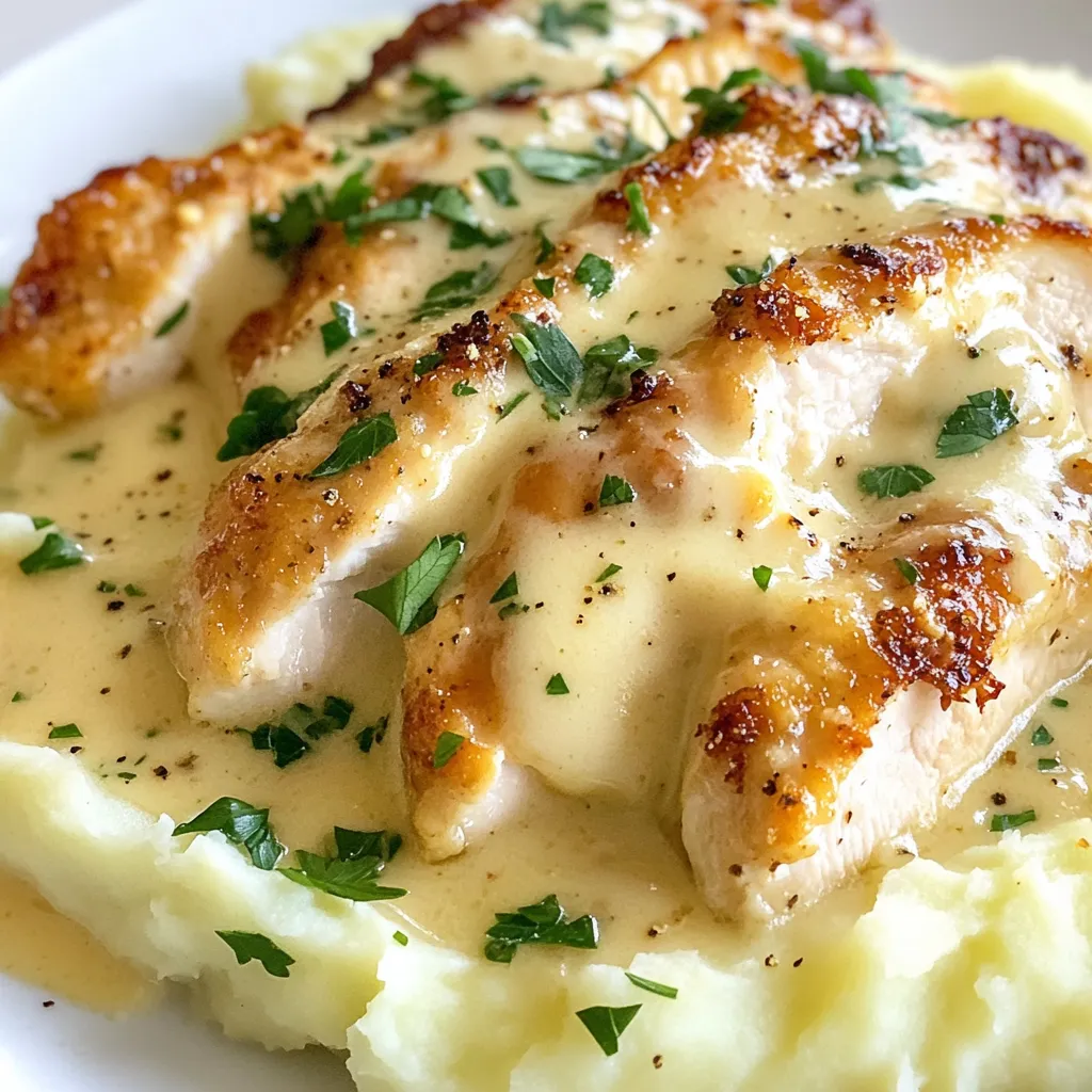 - Chicken breasts - Heavy cream - Garlic - Olive oil - Seasonings - Mashed potatoes - Parmesan cheese - Garnish For this recipe, you need simple yet key ingredients. The chicken breasts serve as the main protein. They give you a nice base for the dish. Heavy cream adds richness and creaminess, making each bite smooth. Garlic brings a strong, savory flavor. You will also need olive oil for cooking the chicken. Seasonings like thyme, smoked paprika, onion powder, salt, and pepper enhance the taste. You can use mashed potatoes as a side that pairs perfectly with the creamy chicken. Parmesan cheese adds a salty, cheesy finish to the dish. Finally, fresh parsley acts as a bright garnish that adds color. Each ingredient plays a role in making this dish a true comfort food. {{ingredient_image_1}} Seasoning the chicken Start by seasoning the chicken breasts. Use salt, pepper, thyme, and smoked paprika. Make sure to coat the chicken well. This step brings out the flavors and makes the dish taste great. Cooking the chicken Next, heat olive oil in a large skillet over medium heat. Add the seasoned chicken breasts. Cook for about 6-7 minutes on each side. You want them golden brown and fully cooked. Once done, remove the chicken from the skillet and set it aside. Sautéing minced garlic Now, keep the skillet on the heat and lower it a bit. Add minced garlic to the skillet. Sauté the garlic for about one minute. Watch it closely, as you don't want it to burn. The smell will be amazing! Adding heavy cream and spices After the garlic is fragrant, pour in the heavy cream. Stir it well to combine with the garlic. Next, add onion powder and let the sauce simmer for about 3-4 minutes. This will help it thicken slightly. Slicing chicken and coating with sauce Once the sauce is ready, slice the cooked chicken. Return the chicken to the skillet. Coat it well with the creamy garlic sauce. Allow everything to simmer together for another 2-3 minutes. This step lets the flavors meld together nicely. Preparing and plating mashed potatoes In a large bowl, mix your prepared mashed potatoes with grated Parmesan cheese. Season with salt and pepper to taste. Now, it's time to plate! Serve the creamy garlic chicken over a generous scoop of mashed potatoes. Spoon extra sauce over the top for that delicious touch. Enjoy your meal! To ensure your chicken is cooked through, use a meat thermometer. The internal temperature should reach 165°F. This step guarantees that your chicken is safe to eat and juicy. Cooking time varies based on thickness, so check often. Perfecting the creamy sauce is simple. After sautéing the garlic, add the heavy cream slowly. Stir it well to avoid lumps. Let it simmer gently, which thickens the sauce. Add salt and pepper to enhance the flavor. Pair this dish with some fresh steamed veggies. Broccoli or green beans add color and crunch. Rice also works well for a hearty meal. For garnishing options, use chopped fresh parsley. It adds a nice touch and brightens the plate. You could also sprinkle extra Parmesan cheese on top for more flavor. If you prefer alternative proteins, use turkey or pork chops. Both are delicious in this recipe. You can also try tofu for a plant-based option. For dairy-free choices, replace heavy cream with coconut milk. It gives a rich texture and adds a hint of sweetness. Nutritional yeast can replace Parmesan cheese for added flavor. Pro Tips Rest the Chicken: Allow the chicken breasts to rest for a few minutes after cooking; this helps retain juices and keeps the meat tender. Adjust the Creaminess: If you prefer a thicker sauce, let it simmer longer, or add a bit of cornstarch mixed with water to thicken it up. Garlic Precision: For a milder garlic flavor, use roasted garlic instead of raw; it adds a sweet, caramelized taste to the sauce. Garnish Wisely: Fresh herbs like thyme or basil can enhance the dish's presentation and flavor, adding a pop of color and freshness. {{image_2}} You can change the taste of Creamy Garlic Chicken Mash easily. Start with herbs or spices. Try adding fresh basil, rosemary, or oregano. These herbs will give your dish a fresh twist. If you like heat, add a pinch of red pepper flakes. You can also mix in some vegetables. Sautéed spinach or broccoli pairs well with the creamy sauce. You can even add sun-dried tomatoes for a burst of flavor. Just cook them with the garlic for a few minutes. You can cook this dish in different ways. The skillet method gives you a nice, golden crust on the chicken. It also makes it easy to mix in the creamy sauce. Oven-baking is another option. Coat the chicken with the same spices and place it in a baking dish. Pour the heavy cream mixture over the top. Bake until the chicken is done. This method is great for a hands-off approach. If you want a slow cooker option, you can use it too. Season the chicken and place it in the slow cooker. Add the garlic, heavy cream, and spices. Cook on low for about six hours. This will result in tender chicken and a rich sauce. These variations keep your Creamy Garlic Chicken Mash exciting and full of flavor. To keep your creamy garlic chicken mash fresh, follow these tips: - Refrigeration: Place leftovers in an airtight container. Store them in the fridge. They stay good for up to three days. Make sure the dish cools down before sealing. This helps prevent moisture buildup. - Freezing: You can freeze the dish for longer storage. Use a freezer-safe container. It keeps well for up to three months. However, the texture of the cream may change slightly when thawed. When it's time to enjoy your leftovers, here’s how to reheat them properly: - Microwave: Place the chicken and mash in a microwave-safe dish. Cover it loosely with a microwave-safe lid or wrap. Heat in short intervals at medium power. Stir in between to ensure even heating. This helps avoid hot spots. - Stovetop: Alternatively, reheat in a skillet over low heat. Add a splash of cream or water to keep it creamy. Stir gently until heated through. This method helps maintain the dish's texture and flavor. Remember, maintaining creaminess is key. Add a little extra cream if needed while reheating. Enjoy your comforting meal! You can store Creamy Garlic Chicken Mash in the fridge for up to three days. Make sure to keep it in an airtight container. If you want to freeze it, it can last for about three months. Just remember to thaw it in the fridge before reheating. Yes, you can use pre-made mashed potatoes. This saves time and makes cooking easier. The pros include quick prep and consistent texture. However, the cons might be flavor and freshness. Homemade mashed potatoes often taste better and can be customized. Yes, this dish is great for meal prep! You can cook it in bulk and store it in individual containers. When storing, separate the chicken and mash to keep them fresh. Reheat them together for a hearty meal anytime. This blog post covered tasty creamy garlic chicken with mashed potatoes. You learned how to season and cook the chicken, make a rich garlic sauce, and serve it all together. I shared tips for cooking, serving ideas, and substitutions for special diets. Plus, I showed you fun variations and how to store leftovers. Enjoy making this dish with your family. It’s simple and sure to impress! Try it out, and have fun in the kitchen.
