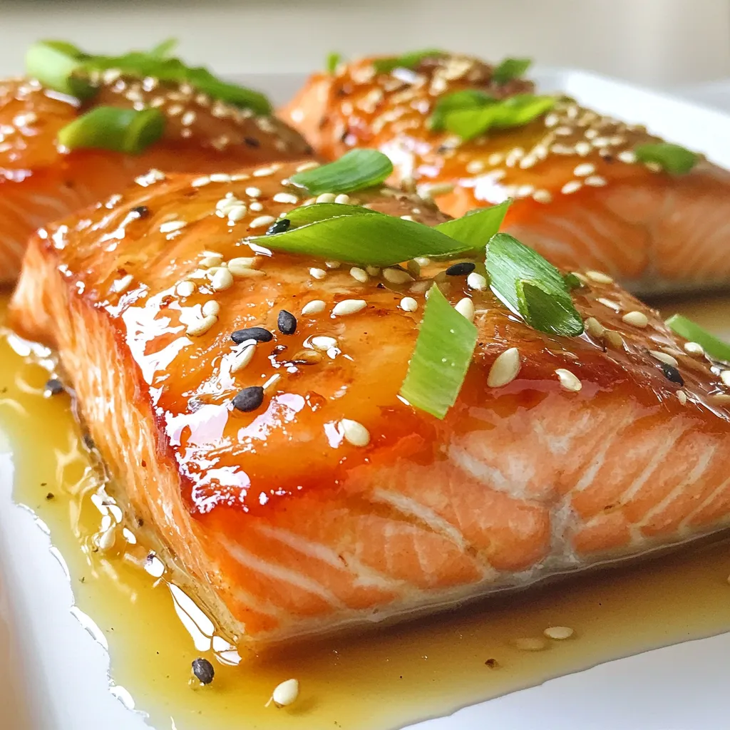 For the Honey Garlic Glazed Salmon, you need a few simple and tasty ingredients. Here’s the list: - 4 salmon fillets (6 ounces each) - 1/4 cup honey - 3 tablespoons soy sauce (low sodium) - 4 cloves garlic, minced - 1 tablespoon fresh ginger, grated - 1 tablespoon lemon juice - 2 tablespoons olive oil - Salt and pepper to taste - 1 tablespoon sesame seeds (for garnish) - 2 green onions, sliced (for garnish) These ingredients combine to create a sweet and savory glaze that makes the salmon shine. The honey gives a lovely sweetness, while the soy sauce adds saltiness. The garlic and ginger bring warmth and depth to the dish. Fresh lemon juice brightens it all up. When you gather these items, make sure your salmon fillets are fresh. They should look bright and moist. The same goes for your garlic and ginger. Fresh ingredients will give your dish a great flavor. Feel free to adjust the salt and pepper to your taste. You can also add more garlic if you love that flavor. This recipe is flexible, so have fun with it! {{ingredient_image_1}} To start, grab a medium bowl. In this bowl, mix together 1/4 cup honey, 3 tablespoons soy sauce, 4 minced garlic cloves, 1 tablespoon of grated ginger, and 1 tablespoon of lemon juice. Whisk these ingredients until they blend well. This mixture is your honey glaze. It adds a sweet and savory touch to the salmon. Now, preheat your oven to 400°F (200°C). While it heats, line a baking sheet with parchment paper for easy cleanup. Place the 4 salmon fillets on the baking sheet, skin side down. Drizzle 2 tablespoons of olive oil over them. Season the fillets with salt and pepper to taste. Next, pour the honey glaze over each salmon fillet, ensuring they are well coated. Bake the salmon for 12 to 15 minutes. It’s done when it flakes easily with a fork and shines with the glaze. Once you remove the salmon from the oven, let it rest for a few minutes. This helps keep it moist. Use a spoon to drizzle any leftover glaze from the baking sheet over the salmon. For a nice touch, garnish with 1 tablespoon of sesame seeds and sliced green onions. This adds both flavor and color to your dish. Enjoy your honey garlic glazed salmon! To get perfectly cooked salmon, aim for an internal temperature of 145°F (63°C). This ensures it’s safe to eat and moist. Use a meat thermometer for accuracy. Watch the salmon closely. It should flake easily with a fork when done. If it cooks too long, it may dry out. Letting the salmon soak in the honey glaze boosts flavor. A quick 15-minute soak works well. For deeper taste, marinate it for 30 minutes or even overnight in the fridge. This allows the garlic and ginger to infuse the fish. Just remember to cover it well. You can grill or pan-sear salmon for a nice smoky flavor. For grilling, preheat the grill to medium-high. Oil the grates to prevent sticking. Cook the salmon skin-side down for about 6-8 minutes. Flip and cook for another 4-6 minutes. For pan-searing, heat olive oil in a skillet over medium heat. Cook skin-side down for about 5-7 minutes, then flip. Whichever method you choose, keep an eye on it to avoid overcooking. Pro Tips Use Fresh Ingredients: Always opt for fresh salmon and garlic for the best flavor and nutrition. Fresh ingredients enhance the overall taste of the dish. Marinate for Extra Flavor: If time allows, marinate the salmon in the honey glaze for 30 minutes before baking. This allows the flavors to penetrate the fish. Watch the Cooking Time: Salmon can quickly become overcooked. Keep an eye on it and remove it from the oven as soon as it flakes easily with a fork. Experiment with Garnishes: Feel free to add other garnishes like cilantro or chili flakes for an extra kick. This can elevate the dish and personalize it to your taste. {{image_2}} To add some heat, try spicy honey garlic glazed salmon. Start with the same glaze. Just mix in some red pepper flakes or sriracha. This twist brings a warm kick that pairs well with the sweet honey. Adjust the spice level to fit your taste. This spicy version excites the palate and makes dinner even more fun! Mix healthy veggies with your salmon for a full meal. You can use asparagus, broccoli, or bell peppers. Just toss them on the baking sheet with the salmon. Drizzle some extra olive oil and season with salt. The veggies soak up the honey glaze and add great color. This method makes for an easy one-pan dish, saving time on cleanup! Don't limit yourself to salmon. You can use trout or cod for a different flavor. Both fish cook well with the honey glaze. Cooking times may vary slightly, so keep an eye on them. When using cod, aim for a firmer texture. For trout, enjoy the delicate taste. Each fish brings its own charm to the dish, making it unique every time you cook! To keep your honey garlic glazed salmon fresh, first let it cool. Place the salmon in an airtight container. Add a layer of parchment paper between the salmon and the lid. This prevents moisture build-up and keeps it tasty. Store it in the fridge for up to three days. When you are ready to eat your leftovers, you can reheat them easily. The best way is to use the oven. Preheat your oven to 350°F (175°C). Place the salmon on a baking sheet and cover it with foil. Heat for about 10 minutes or until warm. This keeps the salmon moist and flavorful. You can also reheat it in a pan over medium heat for a few minutes. Just add a splash of water to keep it from drying out. If you want to save your salmon for later, freezing is a great option. Wrap each fillet in plastic wrap tightly, then place them in a freezer bag. Be sure to remove as much air as possible. You can freeze the salmon for up to three months. When you are ready to eat it, thaw it overnight in the fridge before reheating. This keeps the taste and texture intact. The best cooking temperature for salmon is 400°F (200°C). This high heat will cook the fish evenly and help it stay moist. I recommend baking salmon for 12-15 minutes at this temperature. It cooks quickly, so keep an eye on it. You want the salmon to flake easily with a fork. Yes, you can use regular soy sauce. However, it may make the dish saltier. I prefer low sodium soy sauce for better control over the salt level. This way, you can enjoy the balance of flavors without overpowering the dish. If you use regular soy sauce, you might want to cut back on added salt. You can tell salmon is done when it flakes easily with a fork. Check the thickest part of the fish for a bright, opaque color. It should not be translucent. If you have a food thermometer, the internal temperature should reach 145°F (63°C). This guarantees safe eating and a delicious meal. The honey garlic glazed salmon recipe shared here is both simple and tasty. We covered key ingredients, step-by-step cooking, and tips for perfect salmon. You learned about variations to try, storage methods for leftovers, and answered common questions. Cooking can be fun and rewarding. I hope you feel inspired to try this recipe and make it your own. Cooking at home not only saves money but gives you control over flavors and ingredients. Enjoy your delicious meal!