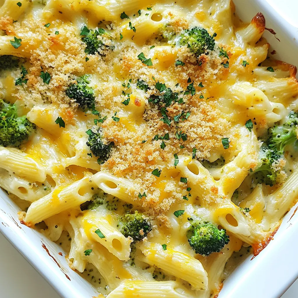 To make Cheesy Broccoli Chicken Pasta Bake, you will need these simple ingredients: - 300g penne pasta - 2 cups cooked chicken, shredded - 2 cups broccoli florets - 1 cup cheddar cheese, shredded - 1 cup mozzarella cheese, shredded - 2 cups creamy Alfredo sauce - 1 teaspoon garlic powder - 1 teaspoon onion powder - Salt and pepper to taste - 1/2 cup breadcrumbs - 1 tablespoon olive oil - Fresh parsley, chopped (for garnish) Each ingredient plays a vital role in creating a rich and tasty dish. The penne pasta serves as the base, while the cooked chicken adds protein. Broccoli florets not only give color but also add nutrition. The combination of cheddar and mozzarella cheeses makes the dish creamy and cheesy. The Alfredo sauce binds everything together, making each bite a delight. Spices like garlic powder and onion powder enhance the flavors. Salt and pepper help to bring out the taste of all the ingredients. Breadcrumbs provide a crunchy topping, while olive oil helps them brown nicely. Lastly, the fresh parsley adds a pop of color and freshness when you serve the dish. This recipe is perfect for family meals, and it’s easy to customize. You can swap out the chicken for turkey or even use a vegetarian option. With these ingredients on hand, you can whip up a comforting and satisfying meal that everyone will enjoy. {{ingredient_image_1}} First, set your oven to 375°F (190°C). This temperature helps the bake cook evenly. While the oven heats, cook 300g of penne pasta according to the package instructions. Make sure to cook it until it is al dente. Drain the pasta and set it aside for later. Next, we need to prepare the broccoli. In a large pot, bring water to a boil. Add 2 cups of broccoli florets to the boiling water for 2 minutes. This process is called blanching. It keeps the broccoli bright and crisp. After 2 minutes, drain the broccoli and set it aside. In a large mixing bowl, mix the cooked pasta, 2 cups of shredded chicken, and the blanched broccoli. Pour in 2 cups of creamy Alfredo sauce. Add 1 teaspoon of garlic powder and 1 teaspoon of onion powder for flavor. Then, mix in half of the cheddar cheese and half of the mozzarella cheese. Stir until everything is well coated. Don’t forget to season with salt and pepper to taste, adjusting as needed. Now, transfer the mixture into a greased 9x13 inch baking dish. Make sure it is spread evenly. In a small bowl, mix 1/2 cup of breadcrumbs with 1 tablespoon of olive oil. Add the remaining cheddar and mozzarella cheese to the breadcrumbs. Stir until the breadcrumbs are coated. Sprinkle this mixture evenly over the pasta mixture in the baking dish. Place the dish in the preheated oven. Bake for 25-30 minutes. You want the top to be golden and bubbly. Once it is done, remove it from the oven and let it cool slightly. For a nice touch, garnish with fresh chopped parsley before serving. To make great pasta, always cook it al dente. This means the pasta should be firm when you bite it. If you overcook it, it will turn mushy in the bake. Follow the package instructions closely. For seasoning, taste as you go. Start with a little salt and pepper. You can always add more later. I like to use garlic and onion powders for extra flavor. They mix well with the Alfredo sauce and make every bite tasty. You can swap cheeses if you want. For cheddar, try gouda or provolone. For mozzarella, consider fontina or even pepper jack for a kick. If you prefer a lighter sauce, use a yogurt-based sauce instead of Alfredo. If you want to make it healthier, use whole wheat pasta. You can also add more veggies like spinach or bell peppers. They add color and nutrients without changing the taste too much. To get a crispy topping, use fresh breadcrumbs. They hold onto flavor better than dry ones. Mix the breadcrumbs with olive oil for added crunch. Try using different types of cheese in the topping. Parmesan or a sharp cheddar can give a nice twist. Sprinkle the cheese mixture evenly to cover the whole dish. This will help it brown nicely in the oven. Pro Tips Use Leftover Chicken: This recipe is perfect for using up leftover rotisserie or grilled chicken, saving you time and enhancing flavor. Cheese Variations: Experiment with different cheese blends such as gouda or pepper jack for a unique twist on the classic flavor. Make Ahead: Assemble the dish in advance and refrigerate it. Just add an extra 10-15 minutes to the baking time when you’re ready to cook. Breadcrumb Topping: For extra crunch, try adding some grated parmesan cheese or spices to the breadcrumb mixture before baking. {{image_2}} You can switch the chicken for turkey. Ground turkey works well and keeps it light. If you prefer a vegetarian dish, use chickpeas or tofu. Both options add protein without meat. These swaps keep the dish filling and tasty. Feel free to add more veggies! Bell peppers bring color and sweetness. Spinach adds a nice green touch and loads of nutrients. Carrots or zucchini could also work well. Mixing in veggies boosts flavor and makes the meal healthier. Try different sauces for new flavors. A homemade cheese sauce can make it creamier. You could also use a spicy marinara for a kick. If you like it tangy, a ranch sauce can change the game. Experimenting keeps dinner fun and fresh! Keep leftovers in an airtight container. They last in the fridge for about 3 to 4 days. Make sure to cool the dish before you store it. This helps keep the food fresh and safe. Label the container with the date. This way, you remember when you made it. You can freeze Cheesy Broccoli Chicken Pasta Bake for up to 3 months. First, let the dish cool completely. Then, cut it into portions. Wrap each piece tightly in plastic wrap. Place the wrapped pieces in a freezer-safe bag. This helps prevent freezer burn. Remember to label the bag with the date and contents. For the best taste and texture, reheat in the oven. Preheat your oven to 350°F (175°C). Place the dish in an oven-safe container. Cover it with foil to keep it moist. Bake for about 20-25 minutes, or until heated through. You can also microwave it, but the oven keeps the top crispy. Enjoy your meal! To make Cheesy Broccoli Chicken Pasta Bake from scratch, follow these steps. First, cook 300g of penne pasta until it is al dente. While the pasta cooks, blanch 2 cups of broccoli florets in boiling water for 2 minutes. After that, mix the cooked pasta, 2 cups of shredded chicken, and the blanched broccoli in a large bowl. Add 2 cups of creamy Alfredo sauce, garlic powder, onion powder, half of the cheddar cheese, and half of the mozzarella cheese. Stir everything until well combined. Transfer the mixture to a greased baking dish. Top with a mix of breadcrumbs, olive oil, and the remaining cheese. Bake at 375°F for 25-30 minutes until golden. Yes, you can use rotisserie chicken for this recipe. Rotisserie chicken saves time and effort. It is already cooked and seasoned, making your meal prep easier. Just shred the chicken and add it to the pasta and broccoli mix. This shortcut helps you get dinner on the table faster without losing flavor. Absolutely! Cheesy Broccoli Chicken Pasta Bake is great for meal prep. You can make it ahead of time and store it in the fridge. To prepare it in advance, assemble the dish and cover it tightly with foil. You can bake it when you're ready to eat. This dish also freezes well. Just let it cool, then wrap it tightly and store it in the freezer. When you're ready, thaw it overnight in the fridge before baking. Enjoy your easy meals throughout the week! This blog post covered making a tasty Cheesy Broccoli Chicken Pasta Bake. You learned about the key ingredients, simple steps for preparation, and tips for cooking. Remember, you can modify ingredients to suit your taste. Don't hesitate to experiment with proteins or veggies. Store leftovers properly to enjoy later. With these tips, your dish will impress family and friends. Enjoy your cooking journey and make it your own!