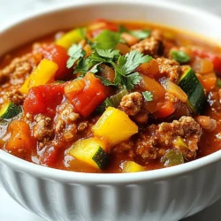 - 1 lb ground turkey or chicken - 1 medium onion, diced - 2 cloves garlic, minced - 1 bell pepper (any color), diced - 1 zucchini, diced - 1 can (14 oz) diced tomatoes (no added sugar) - 1 can (15 oz) kidney beans, rinsed and drained (optional for lower carb) - 2 tablespoons tomato paste - 1 tablespoon chili powder - 2 teaspoons ground cumin - 1 teaspoon smoked paprika - 1 teaspoon oregano - ½ teaspoon salt - ½ teaspoon black pepper - 1 cup vegetable or chicken broth - Fresh cilantro for garnish You can add chopped jalapeños for heat. If you love cheese, sprinkle some shredded cheese on top. Avocado adds creaminess and flavor. Sour cream is also great for a tangy touch. You can swap the turkey for beef or pork if you prefer. - Ground turkey or chicken: Lean protein helps build muscles and keeps you full. - Onion and garlic: These add flavor and help support your immune system. - Bell pepper: High in vitamins A and C, bell peppers support healthy skin. - Zucchini: Low in carbs and high in fiber, zucchini aids in digestion. - Diced tomatoes: Rich in antioxidants, they promote heart health. - Kidney beans: Optional but provide fiber and protein if used. - Tomato paste: Adds depth to flavor and is full of vitamins. - Chili powder, cumin, smoked paprika, and oregano: These spices boost flavor with no calories. - Salt and black pepper: Enhance taste while keeping the meal balanced. - Broth: Adds moisture and depth, and can be low in calories. - Cilantro: This herb adds freshness and can help with digestion. {{ingredient_image_1}} Start by heating a skillet over medium heat. Add 1 pound of ground turkey or chicken. Cook the meat for about 5 to 7 minutes. Stir it well so it cooks evenly. Once the meat is fully cooked, drain any excess fat. This step adds flavor and keeps the chili lean. Transfer the cooked meat into your crockpot. Now, add your veggies. Dice 1 medium onion and mince 2 cloves of garlic. Chop 1 bell pepper and 1 zucchini into small pieces. Toss them into the crockpot with the meat. Next, open a 14-ounce can of diced tomatoes. Pour the tomatoes, along with their juices, into the pot. If you want, add a 15-ounce can of kidney beans, rinsed and drained. Then, stir in 2 tablespoons of tomato paste, 1 tablespoon of chili powder, 2 teaspoons of ground cumin, 1 teaspoon of smoked paprika, and 1 teaspoon of oregano. Season with ½ teaspoon of salt and ½ teaspoon of black pepper. Mix everything well to combine. Pour in 1 cup of vegetable or chicken broth. This helps the chili cook evenly and stay moist. Make sure all your ingredients are covered by the broth. Now, cover the crockpot with its lid. Set it to cook on low for 6 to 8 hours. If you are short on time, you can cook it on high for 3 to 4 hours. When the time is up, check if the veggies are tender. Taste your chili and adjust the seasoning if needed. Stir well before serving. Garnish with fresh cilantro for a burst of color and taste. To boost the flavor of your chili, start with fresh ingredients. Use ripe tomatoes and aromatic spices. For a deeper taste, add a splash of vinegar or lime juice before serving. Fresh cilantro adds a nice touch. You can even try a dash of hot sauce if you like heat. When using a crockpot, layer your ingredients well. Place the meat at the bottom, then add veggies. This helps them cook better. Always ensure the lid is on tight to keep the heat in. For best results, avoid opening the lid during cooking. If you need to adjust the recipe, keep the ratios in mind. For 4 servings, use about ¾ lb of meat and 1 can of beans. If you need 8 servings, double the ingredients. You can also freeze leftovers for later, making it easy to enjoy again. Pro Tips Brown the Meat: Always brown the ground turkey or chicken before adding it to the crockpot. This step enhances the flavor and gives the chili a deeper richness. Use Fresh Ingredients: Fresh vegetables will provide better flavor and texture than canned. Consider using fresh zucchini and bell peppers for a vibrant chili. Adjust Spice Levels: Feel free to adjust the amount of chili powder and cumin based on your heat preference. Add more for a spicier kick or reduce for a milder chili. Let It Rest: After cooking, let the chili rest for about 10 minutes before serving. This allows the flavors to meld together and improves the overall taste. {{image_2}} You can swap ground turkey or chicken for other meats. Try ground beef or pork. Each option adds a unique taste. If you prefer leaner meat, use chicken breast. You can also try lean cuts of beef. These proteins pair well with the spices and veggies. You still get a hearty, tasty dish. To make this chili vegetarian or vegan, use plant-based protein. Consider using lentils or black beans. They add great texture and flavor. Replace the broth with vegetable broth for a vegan twist. You can add more veggies like mushrooms or carrots. This keeps the dish filling and delicious. Adjust the spice level to fit your taste. If you want it hot, add jalapeños or hot sauce. You can also use cayenne pepper for extra heat. For a milder chili, skip the extra spices. Always taste as you go to find the right balance. You can create a chili that suits everyone’s taste buds. After cooking, let your chili cool down. Then, place it in an airtight container. You can store it in the fridge for up to four days. Make sure to label the container with the date. This way, you won't forget when you made it. If you want to keep your chili longer, freezing is a great option. Use freezer-safe containers or bags. Leave some space at the top for expansion. Your chili can last up to three months in the freezer. When you're ready to eat it, just thaw in the fridge overnight. To reheat, you can use a pot on the stove. Heat it over medium until warm. Stir often to avoid sticking. If you want, you can add a splash of broth to keep it moist. You can also reheat in the microwave. Just use a microwave-safe bowl and heat in short bursts, stirring in between. Enjoy your chili just as delicious as the first time! Yes, you can make this low carb crockpot chili ahead of time. Just cook it as directed and let it cool. Once cooled, store it in an airtight container in the fridge. It will stay fresh for about three days. You can also freeze the chili. It lasts up to three months in the freezer. Just thaw it overnight in the fridge before reheating. This makes meal prep easy and saves you time. Absolutely! You can skip the beans and still enjoy great flavor. This chili recipe is already low in carbs, and omitting beans will lower them even more. The other veggies, like zucchini and bell pepper, add texture and taste. You won't miss the beans, I promise. This option is great for people on strict low carb diets. Toppings can elevate your chili experience. Here are my favorites: - A dollop of sour cream adds creaminess. - Shredded cheese, like cheddar or Monterey Jack, gives richness. - Sliced green onions add a fresh crunch. - Fresh cilantro brings bright flavor. - Avocado slices add creaminess and healthy fats. Feel free to mix and match toppings based on your taste! This blog post covered how to make a tasty Low Carb Crockpot Chili. We explored the main and optional ingredients, along with their health benefits. I shared step-by-step instructions, helpful tips, and fun variations to try. You learned how to store your chili and answered common questions. Now, you have the tools to create a delicious meal that suits your taste. Enjoy your cooking adventure!