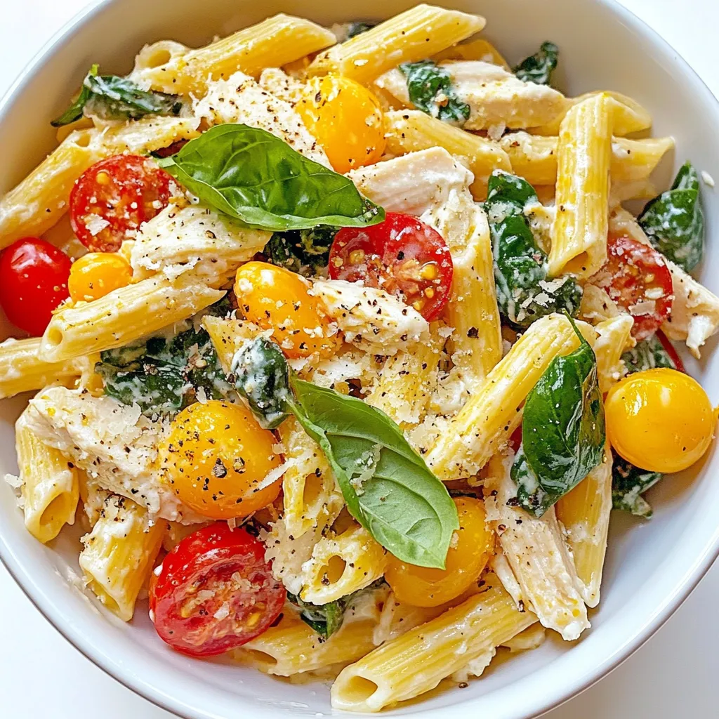 - 8 oz whole wheat pasta (like penne or fusilli) - 1 cup cooked chicken breast, shredded (or tofu for a vegetarian option) - 1 cup spinach, roughly chopped - 1 cup cherry tomatoes, halved - 1/2 cup ricotta cheese - 1/4 cup Greek yogurt - 1 clove garlic, minced - 1 tablespoon olive oil - 1 tablespoon lemon juice - Salt and pepper to taste - 1/4 cup grated Parmesan cheese (optional) - Fresh basil leaves for garnish This creamy protein pasta bowl offers a balanced mix of nutrients. Whole wheat pasta gives you fiber, which helps with digestion. Chicken adds lean protein for muscle health. Spinach and cherry tomatoes provide vitamins and antioxidants. Ricotta and Greek yogurt give you calcium and protein. This dish is filling and good for your body. You can swap ingredients based on your needs. For a vegetarian option, use tofu instead of chicken. If you can't find whole wheat pasta, regular pasta works too. You can replace ricotta cheese with cottage cheese or a plant-based cheese. If you want less dairy, skip the Parmesan cheese. Always feel free to mix in your favorite veggies too! {{ingredient_image_1}} To start, gather all your ingredients. You will need: - 8 oz whole wheat pasta - 1 cup cooked chicken breast, shredded (or tofu) - 1 cup spinach, chopped - 1 cup cherry tomatoes, halved - 1/2 cup ricotta cheese - 1/4 cup Greek yogurt - 1 clove garlic, minced - 1 tablespoon olive oil - 1 tablespoon lemon juice - Salt and pepper - 1/4 cup grated Parmesan cheese (optional) - Fresh basil leaves for garnish Next, boil a large pot of salted water. Cook the pasta until it is al dente. This usually takes about 8-10 minutes. Drain the pasta but save a bit of the cooking water. Set the pasta aside. Heat a large skillet over medium heat. Add the olive oil and minced garlic. Sauté for about 1 minute. You want the garlic to be fragrant, not burnt. Then, add the chopped spinach and halved cherry tomatoes. Cook them for about 3-4 minutes. The spinach should wilt and the tomatoes should soften. While the veggies cook, mix the ricotta cheese, Greek yogurt, lemon juice, salt, and pepper in a bowl. Stir until the mixture is creamy. This will be the heart of your sauce. Add the cooked pasta and shredded chicken (or tofu) into the skillet. Pour in the ricotta mixture and toss everything together. Cook until heated through. If your pasta looks dry, add a splash of the saved cooking water. This will help make it creamy. To ensure your dish stays creamy, use whole milk ricotta cheese. It has more fat, which adds richness. The Greek yogurt also helps with creaminess and gives a nice tang. If you want even more creaminess, try adding a bit more olive oil or a splash of heavy cream. Always taste your dish before serving. Adjust the salt and pepper as needed. Lastly, top your creamy pasta bowl with grated Parmesan and fresh basil leaves for extra flavor. Enjoy! Cooking pasta sounds simple, but small changes make a big impact. Start with a large pot of water. Add a generous amount of salt. This helps flavor the pasta. Bring the water to a full boil before adding the pasta. Stir the pasta right after adding it to prevent sticking. Follow the package time for al dente. Taste it a minute before the time is up. Drain the pasta but save a cup of the water. This water can help make your dish creamier later. To boost the flavor of your creamy protein pasta bowl, use fresh ingredients. Fresh herbs like basil add bright notes. Sauté fresh garlic until fragrant, but don’t let it burn. A splash of lemon juice adds zing, cutting through the creaminess. If you want warmth, add crushed red pepper flakes. They give a nice kick without overpowering the dish. Mixing in grated Parmesan cheese at the end gives a rich finish too. This creamy pasta pairs well with a side salad. A simple green salad with vinaigrette is perfect. You can also add garlic bread for a crunchy side. For drinks, try a chilled white wine or sparkling water with lemon. Both balance the dish's richness. If you want to add more protein, consider serving grilled shrimp or a soft-boiled egg on top. These additions make the meal more filling and delicious! Pro Tips Cook Pasta Al Dente: This ensures that the pasta has a nice bite to it and won't become mushy when mixed with the sauce. Use Fresh Ingredients: Fresh spinach and tomatoes give the dish a vibrant flavor that dried or canned ingredients can't match. Adjust Creaminess: If the dish is too thick, add a bit of reserved pasta water gradually until you reach the desired consistency. Experiment with Herbs: Try adding different herbs like oregano or thyme for a unique twist on the classic flavor profile. {{image_2}} You can customize your creamy protein pasta bowl with various proteins. I often use shredded chicken for its flavor and texture. If you prefer a vegetarian option, tofu works well. Just cube it and sauté until golden. Shrimp is another tasty choice. Cook them until pink and tender. For a plant-based option, add beans like chickpeas or black beans. They provide protein and fiber, making your meal filling and nutritious. You can easily modify the sauce to fit your diet. For a dairy-free version, swap ricotta and Greek yogurt with cashew cream or coconut yogurt. Both options give a creamy texture and rich taste. Use nutritional yeast to add a cheesy flavor without dairy. If you want a vegan sauce, blend soaked cashews with lemon juice, garlic, and a bit of water. This mixture creates a lovely base that pairs well with the pasta. Adding extra vegetables boosts flavor and nutrition. Try bell peppers, zucchini, or mushrooms. They add color and crunch. You can also mix in fresh herbs like parsley or dill for a fresh touch. For more spice, add red pepper flakes or black pepper to taste. Garlic powder or onion powder can enhance the overall flavor. Feel free to be creative. The more you add, the more delicious and healthy your dish becomes! Store your creamy protein pasta bowl in an airtight container. This keeps it fresh. Place it in the fridge where it can last for up to three days. If you expect to eat it later, divide it into smaller portions. This makes it easier to reheat. To reheat, use a microwave or a skillet. If using a microwave, heat in short bursts. Stir the pasta every 30 seconds. If using a skillet, add a splash of water to keep it moist. Stir it over low heat until warm. This helps keep the creamy texture. You can freeze the pasta bowl for up to three months. To freeze, let it cool completely first. Transfer it to a freezer-safe container. Make sure to seal it tightly. When ready to eat, thaw it overnight in the fridge. Reheat as mentioned above. This way, you’ll enjoy a tasty meal anytime. To make this creamy protein pasta bowl gluten-free, simply swap the whole wheat pasta for gluten-free pasta. There are many brands that offer delicious options made from rice, quinoa, or chickpeas. Always check the package for cooking times, as they can vary. This way, you can still enjoy the same rich flavors without the gluten. Yes, you can prepare this dish in advance! Cook the pasta and mix in the sauce before serving. Store it in an airtight container in the fridge for up to three days. When you're ready to eat, just reheat it in a skillet or microwave. You may need to add a splash of water or more Greek yogurt to keep it creamy. If you need a substitute for ricotta cheese, you have a few good options. Cottage cheese works well and gives a similar texture. You can also use cream cheese mixed with a little milk to soften it. For a dairy-free choice, try blended tofu or cashew cream. These options will keep your dish creamy and tasty! This blog post covered key elements for a great pasta dish. We delved into ingredients, their nutrition, and useful substitutions. I shared simple steps for preparation and cooking, along with tips for a creamy texture. You learned ways to enhance flavor and pair dishes. The variations offered ideas for proteins, sauces, and add-ins. Finally, we discussed storage and reheating tips. I hope you feel empowered to create your own delicious pasta meals. Enjoy experimenting in the kitchen!