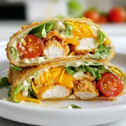 - 2 large flour tortillas - 2 cups cooked chicken tenders, crispy and chopped - 1 cup romaine lettuce, shredded - ½ cup cherry tomatoes, halved - ½ cup shredded cheddar cheese - ¼ cup ranch dressing - ¼ teaspoon garlic powder - ¼ teaspoon onion powder - Salt and pepper to taste - 1 tablespoon olive oil (for extra crispiness) You can use whole wheat tortillas instead of regular flour ones. This swap adds fiber without losing taste. For chicken, rotisserie chicken works well if you want a shortcut. If you like spice, try adding some diced jalapeños. To make it lighter, choose low-fat ranch dressing or Greek yogurt. For cheese, a pepper jack adds a fun kick. Each wrap has around 450 calories. It packs protein from chicken and calcium from cheese. The lettuce and tomatoes boost vitamins and fiber. If you want to cut calories, use less cheese or dressing. This meal is quick and tasty, perfect for busy days! {{ingredient_image_1}} To make these wraps, you need just 10 minutes for prep. The total time is 20 minutes. You can serve two people with this recipe. 1. First, take a large bowl. Add the chopped, crispy chicken tenders. 2. Pour in the ranch dressing, garlic powder, onion powder, salt, and pepper. Mix well until the chicken is coated. 3. Heat a non-stick skillet over medium heat. Add one tablespoon of olive oil for extra crispiness. 4. Place one tortilla in the skillet. Warm it for about 30 seconds. This softens it for easy rolling. 5. On the warmed tortilla, layer half of the shredded lettuce. Then add half of the halved cherry tomatoes. 6. Next, top with half of the shredded cheddar cheese and half of the chicken mixture. 7. Carefully fold in the sides of the tortilla, then roll it tightly from the bottom up. 8. Place the wrap seam side down in the skillet. Cook for about 2-3 minutes on each side. Look for a crispy, golden brown color. 9. Repeat these steps with the second tortilla and remaining ingredients. 10. Remove the wraps from the skillet and let them cool for a bit. Slice each wrap in half diagonally to show the filling. - Use a non-stick skillet to prevent sticking. This helps keep the wraps intact. - Make sure the oil is hot before adding the wraps. This helps them get crispy fast. - Don't crowd the skillet. Cook one wrap at a time for even cooking. - Let the wraps rest for a minute after cooking. This helps the filling settle, keeping the wrap intact when you slice it. These steps will guide you to make crispy, tasty chicken ranch wraps that are perfect for any meal! One common mistake is overfilling the wraps. Too much filling can lead to a messy wrap. Be sure to layer the ingredients evenly. Another issue is not warming the tortilla enough. A warm tortilla rolls easily and holds together well. If you skip this step, your wrap may tear. Lastly, don’t forget to let the wraps cool slightly before cutting. This helps the filling stay inside. To boost flavor, try adding more spices to the chicken mixture. A pinch of paprika or cayenne can add a nice kick. You can also use fresh herbs like cilantro or parsley. They add color and freshness to the wraps. Consider swapping ranch dressing for a spicier option, like buffalo sauce. This change gives a fun twist to the flavor. For this recipe, you need a few key tools. A large mixing bowl is essential for mixing the chicken and dressing. A non-stick skillet makes cooking the wraps easy and prevents sticking. Use a sharp knife for slicing the finished wraps. A cutting board helps keep your space tidy. Lastly, consider using a spatula for flipping the wraps, ensuring they cook evenly. Pro Tips Use Fresh Ingredients: Opt for fresh romaine lettuce and ripe cherry tomatoes for the best flavor and crunch in your wraps. Adjust the Cooking Time: Keep an eye on the wraps while cooking to avoid burning; adjust the heat as necessary to achieve the perfect golden brown. Add Extra Crunch: Consider adding some diced cucumbers or crispy bacon bits for an added layer of texture and flavor. Customize Your Fillings: Feel free to switch up the fillings based on your preferences, such as using different proteins or adding avocado for creaminess. {{image_2}} You can switch the chicken for grilled chicken or tofu. Grilled chicken tastes great and adds a smoky flavor. For a meatless option, use firm tofu. Just press the tofu to remove extra water, then grill or sauté it. This gives you a nice texture and flavor. To make these wraps vegetarian or vegan, skip the chicken. Use beans or lentils for protein. You can also use a plant-based chicken substitute. For the dressing, select a vegan ranch or a simple mix of olive oil and lemon juice. This keeps the wrap tasty and fresh. You can try different dressings to change the taste. Buffalo sauce gives a spicy kick. Honey mustard adds sweetness. You could even use a yogurt-based dressing for a lighter option. For toppings, add sliced avocado, jalapeños, or bell peppers. These ingredients will give you extra flavor and nutrition. To store leftover wraps, let them cool down first. Wrap each one in plastic wrap or foil. Place the wrapped wraps in an airtight container. This keeps them fresh and prevents them from drying out. You can freeze these wraps for later. Use the same method to wrap them tightly. Place them in a freezer-safe bag or container. When ready to eat, take one out and let it thaw in the fridge overnight. To reheat, place it in a skillet on medium heat for about 5 minutes on each side. This helps regain the crispiness. The cooked chicken can last in the fridge for up to 4 days. The wraps, when stored properly, can last for about 2 days. If you freeze them, they can last for up to 3 months. Remember to check the ingredients in the fridge regularly to ensure they are still good to use. You can make these wraps healthier by using whole wheat tortillas. This adds fiber and nutrients. Swap out ranch dressing for Greek yogurt or a lighter dressing. Use grilled chicken instead of fried for less fat. Adding more veggies like bell peppers or cucumbers boosts vitamins and crunch. Yes, you can prepare these wraps in advance! Make the filling and store it in the fridge. Wrap the tortillas in plastic wrap to keep them fresh. When you're ready to eat, just assemble and heat them up. This saves time on busy days and keeps your meal quick. You can find ready-made versions at many grocery stores. Check the deli section or the frozen food aisle. Fast-food chains also offer similar wraps, but they may not taste as fresh. Always read the ingredient list to ensure you like what’s inside. In this blog post, we covered making Crispy Chicken Ranch Snack Wraps. You learned about key ingredients, cooking steps, and tips to enhance your wraps. We also looked at variations and how to store leftovers. Crispy Chicken Ranch Snack Wraps are tasty and fun to make. You can easily adjust them with your favorite flavors. Now it’s your turn to give it a try. Enjoy creating your own delicious wraps!