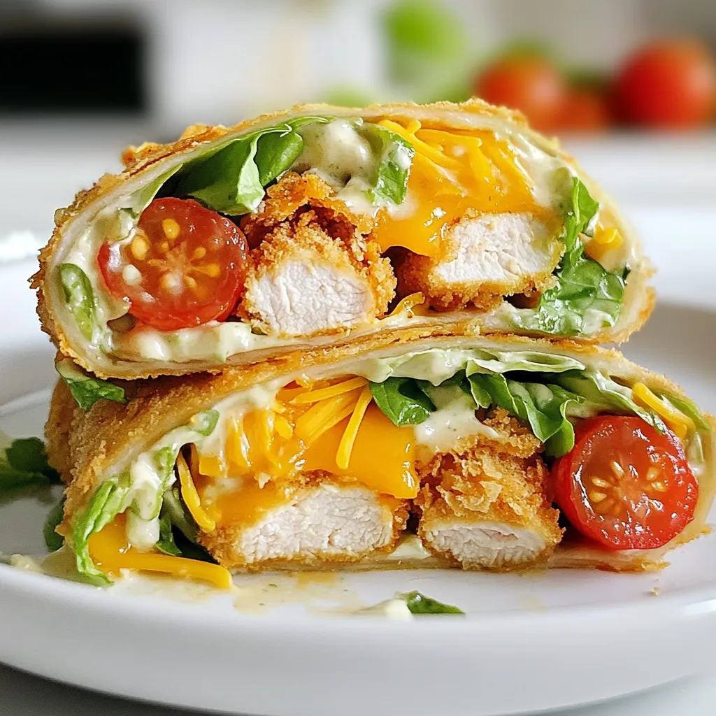 - 2 large flour tortillas - 2 cups cooked chicken tenders, crispy and chopped - 1 cup romaine lettuce, shredded - ½ cup cherry tomatoes, halved - ½ cup shredded cheddar cheese - ¼ cup ranch dressing - ¼ teaspoon garlic powder - ¼ teaspoon onion powder - Salt and pepper to taste - 1 tablespoon olive oil (for extra crispiness) You can use whole wheat tortillas instead of regular flour ones. This swap adds fiber without losing taste. For chicken, rotisserie chicken works well if you want a shortcut. If you like spice, try adding some diced jalapeños. To make it lighter, choose low-fat ranch dressing or Greek yogurt. For cheese, a pepper jack adds a fun kick. Each wrap has around 450 calories. It packs protein from chicken and calcium from cheese. The lettuce and tomatoes boost vitamins and fiber. If you want to cut calories, use less cheese or dressing. This meal is quick and tasty, perfect for busy days! {{ingredient_image_1}} To make these wraps, you need just 10 minutes for prep. The total time is 20 minutes. You can serve two people with this recipe. 1. First, take a large bowl. Add the chopped, crispy chicken tenders. 2. Pour in the ranch dressing, garlic powder, onion powder, salt, and pepper. Mix well until the chicken is coated. 3. Heat a non-stick skillet over medium heat. Add one tablespoon of olive oil for extra crispiness. 4. Place one tortilla in the skillet. Warm it for about 30 seconds. This softens it for easy rolling. 5. On the warmed tortilla, layer half of the shredded lettuce. Then add half of the halved cherry tomatoes. 6. Next, top with half of the shredded cheddar cheese and half of the chicken mixture. 7. Carefully fold in the sides of the tortilla, then roll it tightly from the bottom up. 8. Place the wrap seam side down in the skillet. Cook for about 2-3 minutes on each side. Look for a crispy, golden brown color. 9. Repeat these steps with the second tortilla and remaining ingredients. 10. Remove the wraps from the skillet and let them cool for a bit. Slice each wrap in half diagonally to show the filling. - Use a non-stick skillet to prevent sticking. This helps keep the wraps intact. - Make sure the oil is hot before adding the wraps. This helps them get crispy fast. - Don't crowd the skillet. Cook one wrap at a time for even cooking. - Let the wraps rest for a minute after cooking. This helps the filling settle, keeping the wrap intact when you slice it. These steps will guide you to make crispy, tasty chicken ranch wraps that are perfect for any meal! One common mistake is overfilling the wraps. Too much filling can lead to a messy wrap. Be sure to layer the ingredients evenly. Another issue is not warming the tortilla enough. A warm tortilla rolls easily and holds together well. If you skip this step, your wrap may tear. Lastly, don’t forget to let the wraps cool slightly before cutting. This helps the filling stay inside. To boost flavor, try adding more spices to the chicken mixture. A pinch of paprika or cayenne can add a nice kick. You can also use fresh herbs like cilantro or parsley. They add color and freshness to the wraps. Consider swapping ranch dressing for a spicier option, like buffalo sauce. This change gives a fun twist to the flavor. For this recipe, you need a few key tools. A large mixing bowl is essential for mixing the chicken and dressing. A non-stick skillet makes cooking the wraps easy and prevents sticking. Use a sharp knife for slicing the finished wraps. A cutting board helps keep your space tidy. Lastly, consider using a spatula for flipping the wraps, ensuring they cook evenly. Pro Tips Use Fresh Ingredients: Opt for fresh romaine lettuce and ripe cherry tomatoes for the best flavor and crunch in your wraps. Adjust the Cooking Time: Keep an eye on the wraps while cooking to avoid burning; adjust the heat as necessary to achieve the perfect golden brown. Add Extra Crunch: Consider adding some diced cucumbers or crispy bacon bits for an added layer of texture and flavor. Customize Your Fillings: Feel free to switch up the fillings based on your preferences, such as using different proteins or adding avocado for creaminess. {{image_2}} You can switch the chicken for grilled chicken or tofu. Grilled chicken tastes great and adds a smoky flavor. For a meatless option, use firm tofu. Just press the tofu to remove extra water, then grill or sauté it. This gives you a nice texture and flavor. To make these wraps vegetarian or vegan, skip the chicken. Use beans or lentils for protein. You can also use a plant-based chicken substitute. For the dressing, select a vegan ranch or a simple mix of olive oil and lemon juice. This keeps the wrap tasty and fresh. You can try different dressings to change the taste. Buffalo sauce gives a spicy kick. Honey mustard adds sweetness. You could even use a yogurt-based dressing for a lighter option. For toppings, add sliced avocado, jalapeños, or bell peppers. These ingredients will give you extra flavor and nutrition. To store leftover wraps, let them cool down first. Wrap each one in plastic wrap or foil. Place the wrapped wraps in an airtight container. This keeps them fresh and prevents them from drying out. You can freeze these wraps for later. Use the same method to wrap them tightly. Place them in a freezer-safe bag or container. When ready to eat, take one out and let it thaw in the fridge overnight. To reheat, place it in a skillet on medium heat for about 5 minutes on each side. This helps regain the crispiness. The cooked chicken can last in the fridge for up to 4 days. The wraps, when stored properly, can last for about 2 days. If you freeze them, they can last for up to 3 months. Remember to check the ingredients in the fridge regularly to ensure they are still good to use. You can make these wraps healthier by using whole wheat tortillas. This adds fiber and nutrients. Swap out ranch dressing for Greek yogurt or a lighter dressing. Use grilled chicken instead of fried for less fat. Adding more veggies like bell peppers or cucumbers boosts vitamins and crunch. Yes, you can prepare these wraps in advance! Make the filling and store it in the fridge. Wrap the tortillas in plastic wrap to keep them fresh. When you're ready to eat, just assemble and heat them up. This saves time on busy days and keeps your meal quick. You can find ready-made versions at many grocery stores. Check the deli section or the frozen food aisle. Fast-food chains also offer similar wraps, but they may not taste as fresh. Always read the ingredient list to ensure you like what’s inside. In this blog post, we covered making Crispy Chicken Ranch Snack Wraps. You learned about key ingredients, cooking steps, and tips to enhance your wraps. We also looked at variations and how to store leftovers. Crispy Chicken Ranch Snack Wraps are tasty and fun to make. You can easily adjust them with your favorite flavors. Now it’s your turn to give it a try. Enjoy creating your own delicious wraps!