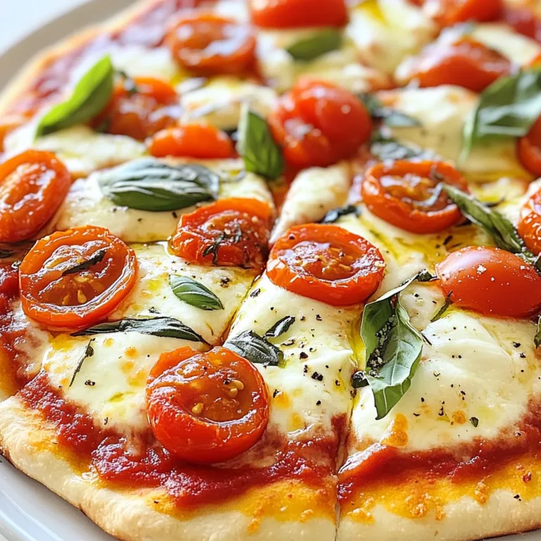 - 1 pre-made pizza dough (store-bought or homemade) - 1 cup marinara sauce - 2 cups fresh mozzarella cheese, sliced - 1 cup cherry tomatoes, halved - Fresh basil leaves (about 10 leaves) - 2 tablespoons olive oil - 1 tablespoon balsamic glaze (optional) - Salt and pepper to taste You can swap the pizza dough for a gluten-free option. For the sauce, use pesto for a twist. If you don't have fresh mozzarella, try shredded mozzarella or any melty cheese. Cherry tomatoes can be switched for diced regular tomatoes. You can skip the balsamic glaze if you prefer less sweetness. Always choose ripe cherry tomatoes for the best flavor. Look for mozzarella that is soft and moist. Fresh basil should be bright green and fragrant. For olive oil, use extra virgin for rich taste. If you can, buy ingredients from local markets. Fresh ingredients make your pizza shine! {{ingredient_image_1}} Start by preheating your oven to 475°F (245°C). This makes sure your pizza cooks fast. Place a pizza stone or a baking sheet inside. This helps the crust get nice and crisp. If you are using store-bought dough, dust your surface with flour. Roll out the dough into a circle, about 12 inches wide. Make sure it is not too thick. You want a nice, thin crust. Once your dough is ready, take the hot stone or baking sheet out of the oven. Carefully place the rolled dough on it. Spread marinara sauce evenly on the dough. Leave a little space at the edge for the crust. Next, layer fresh mozzarella slices on top of the sauce. Then, scatter halved cherry tomatoes evenly across the cheese. Drizzle some olive oil over the entire pizza. Finally, sprinkle with salt and pepper to enhance the flavors. Now it’s time to bake! Place your assembled pizza back in the hot oven. Bake for about 10 to 12 minutes. You want the crust to be golden and the cheese to be bubbly. Keep an eye on it to avoid burning. Once done, carefully take the pizza out. Let it cool for a minute. Add fresh basil leaves on top. If you like, drizzle some balsamic glaze for extra flavor. Now, slice your pizza and enjoy! To boost flavor, use fresh ingredients. Fresh mozzarella adds creaminess. Cherry tomatoes bring sweetness. Fresh basil provides a bright taste. A drizzle of olive oil enhances richness. If you like, add balsamic glaze for a tangy kick. A good crust starts with a hot oven. Preheat to 475°F (245°C) for the best results. Use a pizza stone or a baking sheet for even heat. Roll the dough to about 12 inches. Make sure it’s not too thick. Thin crusts get crispy and golden. Don’t overload your pizza with toppings. Too many toppings make it soggy. Also, don’t skip preheating your oven. A cold oven will ruin your crust. Watch the baking time closely. If it looks golden and bubbly, it’s ready. Let it cool for a minute before slicing. Enjoy every bite! Pro Tips Use a Pizza Stone: Preheating a pizza stone helps achieve a crispy crust, mimicking a traditional pizza oven. Fresh Ingredients: Opt for fresh mozzarella and ripe tomatoes for the best flavor and texture. Don’t Overload Toppings: Less is more! Too many toppings can make the pizza soggy; stick to a few key ingredients. Let It Rest: Allow the pizza to cool for a minute before slicing to prevent the cheese from sliding off. {{image_2}} While classic Margherita pizza is a joy, you can mix it up! Here are some fun toppings to consider: - Pepperoni: Add slices for a savory kick. - Mushrooms: Fresh or sautéed, they add great texture. - Bell Peppers: Sliced thin for a sweet crunch. - Olives: Black or green for a briny taste. Feel free to experiment. You can create your own unique pizza masterpiece! If you need a gluten-free option, don’t worry! Many stores sell great gluten-free pizza dough. You can also try a cauliflower crust. Here’s how: 1. Cauliflower Crust: Steam and rice cauliflower, then mix with cheese and eggs. Press into a pizza shape and bake. 2. Almond Flour Dough: Mix almond flour, eggs, and cheese. This creates a tasty gluten-free base. Both options are easy and delicious! Switch up your sauce for exciting flavors. Here are some tasty ideas: - Pesto: Swap marinara for basil pesto for a rich taste. - BBQ Sauce: Use BBQ sauce for a smoky twist. - Alfredo Sauce: Try creamy Alfredo for a unique pizza experience. These sauces can add a new dimension to your pizza. Enjoy creating your own flavors! To keep your leftover pizza fresh, place it in an airtight container. If you don’t have one, wrap the pizza slices tightly in plastic wrap. This method keeps moisture in while preventing the pizza from drying out. Store your pizza in the fridge for up to three days. If you think you won’t eat it soon, freezing is a great option. The best way to reheat pizza is in the oven. Preheat your oven to 375°F (190°C). Place the pizza on a baking sheet and cover it with aluminum foil. This keeps the crust crisp and the cheese gooey. Heat for about 10-15 minutes. If you’re in a hurry, you can use a microwave, but it won’t be as good. Just heat it in short bursts of 30 seconds to avoid a soggy crust. To freeze your pizza, first, let it cool completely. Then, wrap each slice in plastic wrap. Place the wrapped slices in a freezer bag or container. This way, you can pull out just what you need later. Pizza can stay in the freezer for up to two months. To enjoy it, simply reheat it straight from the freezer, following the reheating instructions above. To make pizza dough from scratch, you need simple ingredients. Mix 2 cups of flour, 1 teaspoon of salt, and 1 teaspoon of yeast. Add 3/4 cup of warm water and 1 tablespoon of olive oil. Knead the dough for about 5 minutes. Let it rise for 1 hour in a warm place. This makes enough dough for one pizza. Fresh mozzarella works best for Margherita pizza. It melts nicely and has a mild flavor. You can also use burrata for a creamier taste. Avoid pre-shredded cheese, as it may not melt well. Fresh cheese gives you that perfect gooey texture. Yes, you can use different tomatoes for the sauce. Canned San Marzano tomatoes are a great choice. They are sweet and juicy, perfect for pizza. You can also use fresh tomatoes if you prefer. Just blend them to make a smooth sauce. This article explored key ingredients for making great pizza, from dough to toppings. You learned about useful substitutions and how to store leftovers. Following my step-by-step guide helps you prep and bake your pizza perfectly. Remember to avoid common mistakes and try new flavors. Get creative with toppings and sauces. Pizza-making is fun and easy with practice. Enjoy your homemade pizza, share it, and impress your friends. Engage with your creations, and let every bite bring joy!