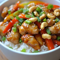 - 1 pound boneless, skinless chicken thighs - 1/2 cup raw cashews - 1 red bell pepper, sliced - 1 green bell pepper, sliced - 1 carrot, julienned - 2 green onions, chopped These main ingredients give your cashew chicken its rich flavor and texture. Chicken thighs work best because they stay juicy during cooking. The raw cashews add a nice crunch, while the colorful bell peppers and carrot provide sweetness and color. Green onions add a fresh taste at the end. - 1/4 cup soy sauce - 1 tablespoon cornstarch - 2 tablespoons sesame oil - 1 tablespoon honey - Salt and pepper to taste This marinade makes your chicken tender and tasty. Soy sauce brings saltiness and umami. Cornstarch helps to thicken the sauce and gives the chicken a nice coating. Sesame oil adds a nutty flavor, while honey gives a hint of sweetness. Use salt and pepper to enhance all the flavors. - Cooked white rice - Presentation Tips Serve your cashew chicken over warm, cooked white rice. This balances the flavors and adds a filling component. For presentation, use a large round bowl. Top with extra chopped green onions for color and sprinkle a few cashews on the side for extra crunch. This makes the dish look inviting and delicious! {{ingredient_image_1}} - In a bowl, mix 1/4 cup soy sauce, 1 tablespoon honey, and 1 tablespoon cornstarch. - Add 1 pound of chicken pieces to the bowl. Toss until the chicken is coated. Let it marinate for at least 20 minutes. - Heat 1 tablespoon of sesame oil in a large skillet over medium-high heat. - Add the marinated chicken pieces to the skillet. Cook for about 5-7 minutes until golden brown. - In the same skillet, add another tablespoon of sesame oil. - Sauté 3 cloves of minced garlic and 1 tablespoon of minced ginger for 30 seconds until fragrant. - Then add 1 sliced red bell pepper, 1 sliced green bell pepper, and 1 julienned carrot. Stir-fry for 3-4 minutes until slightly tender but crisp. - Return the cooked chicken to the skillet along with 1/2 cup of raw cashews and 2 chopped green onions. - Stir well and cook for an additional 2 minutes. Season with salt and pepper to taste. - Serve hot over cooked white rice, making sure to spoon the chicken and cashew mixture generously over the rice. For the best taste, use high-quality soy sauce like Kikkoman. I also love using local honey for natural sweetness. Fresh ingredients make a big difference. Always choose fresh chicken, crisp veggies, and raw cashews. These small choices lead to bold flavors. Stir-frying is key to this dish. Use a hot skillet or wok to cook fast. This keeps the chicken juicy and the veggies crisp. To avoid overcooking, add the bell peppers and carrot after the chicken. Stir-fry them for just a few minutes. You want them tender but still crunchy. Serving is as important as cooking. Use a large round bowl for a nice look. Spoon the chicken and cashew mix over cooked white rice. Top it with extra chopped green onions for color. A few extra cashews on the side add a nice crunch. Pro Tips Marinate for Maximum Flavor: Allow the chicken to marinate for at least 20 minutes to enhance the flavor. For best results, marinate for 1-2 hours in the refrigerator. Use Fresh Ingredients: Fresh garlic and ginger will provide a more vibrant flavor. If possible, grate the ginger and mince the garlic just before cooking. Adjust the Crunch: For extra crunch, toast the cashews in the skillet before adding them to the dish. This will enhance their nutty flavor and provide a delightful texture. Try Different Vegetables: Feel free to mix in other vegetables like snap peas, broccoli, or zucchini for added nutrition and color to your dish. {{image_2}} You can switch the chicken for shrimp or tofu. Shrimp cooks quickly and adds a sweet taste. Tofu offers a soft texture and soaks up flavors well. Both options keep the dish light and tasty. You can add broccoli or snap peas for a twist. Broccoli adds crunch and color, while snap peas give a fresh, sweet flavor. Mixing in these veggies makes the dish even healthier and more colorful. If you need a gluten-free option, use tamari instead of soy sauce. Tamari has a similar taste but is made without wheat. This swap ensures everyone can enjoy the dish without worry. To keep your cashew chicken fresh, store leftovers in the fridge. Use airtight containers to prevent moisture loss. This will help maintain flavor and texture. Cool the chicken to room temperature before sealing. You can keep it in the fridge for up to three days. When reheating, you have two good options: the microwave or stovetop. For the microwave, place the chicken in a bowl. Cover it with a damp paper towel to keep it moist. Heat in short bursts of 30 seconds, stirring in between. For stovetop reheating, use a non-stick skillet. Add a splash of water or a bit of sesame oil to prevent sticking. Heat over medium, stirring until warm. If you want to freeze cashew chicken, first cool it completely. Place it in a freezer-safe container or bag. Remove as much air as you can to prevent freezer burn. You can freeze it for up to three months. To thaw, move the container to the fridge overnight. For quicker thawing, place it in a bowl of cold water. After thawing, reheat as mentioned above to keep it tasty and fresh. You can enjoy Authentic Cashew Chicken with a few simple side dishes. Here are some good choices: - Steamed white rice - Fried rice with vegetables - Fresh green salad with a light dressing - Stir-fried broccoli or snap peas These sides will balance the flavors of the dish. They add texture and nutrients to your meal. Yes, you can make this dish in advance. Here are some easy tips for meal prep: - Marinate the chicken up to a day ahead. This boosts flavor. - Cook the chicken and vegetables, then store them in the fridge. - Keep the cashews separate until serving. They stay crunchy this way. Reheat the dish on the stovetop for best flavor. You can add a splash of water to keep it moist. Authentic Cashew Chicken is not very spicy. It has a nice balance of sweet and savory flavors. If you want some heat, you can adjust it easily: - Add red pepper flakes for a little kick. - Serve with a spicy sauce on the side. Feel free to make it as mild or as spicy as you like. Enjoy experimenting! Authentic cashew chicken combines tender chicken, crunchy cashews, and vibrant veggies. Follow the step-by-step guide for a tasty dish that's easy to make. Use fresh ingredients for the best flavor and consider fun variations, like shrimp or tofu. With proper storage and reheating tips, you can enjoy this meal multiple times. Remember, cooking is fun, and experimenting with ingredients makes it unique. Enjoy crafting your own version of this delicious dish!