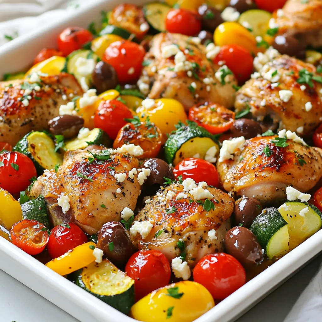 - 4 boneless, skinless chicken thighs - 2 tablespoons olive oil - 2 cloves garlic, minced - 1 teaspoon dried oregano - 1 teaspoon dried thyme - Juice of 1 lemon - Salt and black pepper to taste - 1 red bell pepper, diced - 1 zucchini, sliced - 1 cup cherry tomatoes, halved - 1 cup kalamata olives, pitted and halved - Feta cheese, crumbled (for garnish) - Fresh parsley, chopped (for garnish) The chicken thighs bring great flavor and stay juicy. You can use chicken breasts if you prefer, but they may dry out. Olive oil adds richness and helps the chicken and veggies cook well. Fresh garlic gives a nice kick and aroma. Dried herbs like oregano and thyme pack a lot of flavor without needing fresh herbs. The lemon juice adds brightness and cuts through the richness. The red bell pepper and zucchini add color and crunch. The cherry tomatoes burst with sweetness while roasting. Kalamata olives bring a salty, briny taste that enhances the dish. Feta cheese is optional but adds creaminess and a tangy flair. Fresh parsley adds a pop of color and freshness when serving. Feel free to add more veggies like mushrooms or asparagus. You can also toss in artichoke hearts for a Mediterranean twist. If you want more heat, add red pepper flakes to the marinade. For a different flavor, try adding capers or sun-dried tomatoes. You can even swap the feta for goat cheese for a unique taste. The key is to keep the balance of flavors and textures. {{ingredient_image_1}} Start by gathering your ingredients for the marinade. You need olive oil, minced garlic, oregano, thyme, lemon juice, salt, and pepper. In a large bowl, mix these ingredients well. This blend gives the chicken its tasty Greek flavor. Make sure to combine everything until it looks smooth. Now, take the four chicken thighs and add them to the bowl. Coat each piece well with the marinade. This step is key for flavor. Let the chicken sit for about 15 minutes. If you have time, you can marinate it longer in the fridge. It helps the chicken soak in more flavor. While the chicken is marinating, prepare your veggies. You will need a red bell pepper, zucchini, cherry tomatoes, and kalamata olives. Dice the bell pepper and slice the zucchini. Halve the cherry tomatoes and olives. In a separate bowl, toss these veggies with some olive oil, salt, and pepper. Mixing them well ensures they cook evenly. This mix adds color and nutrition to your dish. Start by spreading the marinated chicken thighs on a large baking sheet. Place them in the center. Next, take the prepared veggies and scatter them around the chicken. This helps the flavors mix while cooking. The colors of the veggies make the dish look bright and fresh. Preheat your oven to 400°F (200°C). Once your oven is ready, put the baking sheet inside. Bake the chicken and veggies for about 25 to 30 minutes. The high heat helps to cook everything evenly and quickly. To check if the chicken is ready, use a meat thermometer. The chicken should reach 165°F (75°C) inside. The veggies should be tender and slightly caramelized. If the chicken is not done, bake for a few more minutes. This ensures you serve a safe and tasty meal. Pro Tips Marinate Longer for Flavor: If time allows, marinate the chicken for at least 1 hour or even overnight to enhance the flavors. Use Fresh Herbs: Fresh oregano and thyme can elevate the dish's flavor significantly compared to dried herbs. Customize Your Veggies: Feel free to swap in your favorite seasonal vegetables for a personal touch. Check for Doneness: Always use a meat thermometer to ensure your chicken reaches an internal temperature of 165°F (75°C) for safe consumption. {{image_2}} To get the best taste, marinate the chicken thighs. Use olive oil, garlic, oregano, thyme, lemon juice, salt, and pepper. Mix these well in a bowl. Add the chicken and coat it fully. Let it rest for 15 minutes. This time lets all the flavors seep in. You can also marinate longer for a deeper taste, if you have extra time. For even cooking, spread the chicken thighs in the center of the pan. Place the veggies around them. This helps the heat reach all parts of the chicken and veggies. Ensure the chicken is not stacked. If you find any uneven pieces, cut them to a similar size. This keeps everything cooking at the same pace. Serve your Greek chicken and veggies hot from the oven. A sprinkle of crumbled feta cheese adds a tasty touch. Fresh parsley also brightens the dish. Pair with warm pita or a side salad for a full meal. This dish is colorful and pleasing to the eye, making it perfect for gatherings. Don't forget to drizzle a little extra olive oil on top for more flavor. You can swap out ingredients if you want. Use chicken breasts instead of thighs. They are leaner and cook quickly. For a different taste, try using a different oil, like avocado oil. You can also replace kalamata olives with green olives. They add a nice crunch. To make this dish vegetarian, replace the chicken with firm tofu or chickpeas. Tofu takes in flavors well and gives you protein. Chickpeas are hearty and add a nice texture. Keep the same marinade for great taste. Also, add more veggies like eggplant or spinach for extra color and flavor. Change the herbs to create new flavors. Use basil and rosemary for a fresh twist. Try adding a pinch of red pepper flakes for heat. You can also add a splash of balsamic vinegar for a sweet touch. Experimenting with spices keeps the dish exciting and tasty. After your meal, let the chicken and veggies cool down. Place any leftovers in an airtight container. You can store it in the fridge for up to three days. If you want to keep it longer, freeze it for up to three months. Just remember to label your container with the date. To reheat, take the chicken and veggies out of the fridge or freezer. If frozen, let it thaw overnight in the fridge. For best results, use an oven. Preheat it to 350°F (175°C). Place the dish in the oven for about 20 minutes. This keeps the chicken juicy and the veggies tender. You can also microwave it for a quicker option. Heat it in short bursts, stirring in between to heat evenly. This dish is not only tasty but also healthy. Here is a quick look at its nutritional value for one serving: - Calories: 350 - Protein: 30g - Fat: 20g - Carbohydrates: 10g - Fiber: 3g - Sodium: 500mg The chicken provides lean protein, while the veggies add fiber and vitamins. The olives and feta give healthy fats. This balance makes it a nourishing meal option. Enjoy your flavorful feast! This blog post covered important steps for making a tasty chicken dish. We discussed ingredients, how to marinate, and cook the chicken and veggies. I shared tips for flavor and even cooking. You can explore variations and substitutions for different tastes. Remember, the right prep makes a big difference. Enjoy your meal and customize it as you wish!