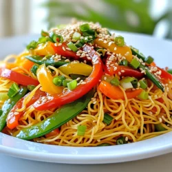 - 200g egg noodles or your choice of noodles - 1 tablespoon sesame oil - 1 tablespoon vegetable oil - 2 cloves garlic, minced - 1 tablespoon ginger, grated - 1 red bell pepper, sliced - 1 yellow bell pepper, sliced - 1 carrot, julienned - 100g snow peas, trimmed - 150g bean sprouts - 4 green onions, chopped The heart of any great chow mein lies in its fresh ingredients. I love using egg noodles for their texture. You can also swap them for rice noodles or even gluten-free options if you prefer. Sesame oil adds a rich flavor that makes your dish pop. Vegetable oil helps in cooking without overwhelming other tastes. - 3 tablespoons soy sauce - 1 tablespoon oyster sauce (or mushroom sauce for a vegetarian option) - 1 teaspoon sugar - Salt and pepper to taste Sauces are key to elevating chow mein. Soy sauce gives depth and umami. Oyster sauce provides a sweet and savory note. If you want a vegetarian dish, mushroom sauce works well too. A pinch of sugar balances the flavors, while salt and pepper boost them. - Sesame seeds for garnish Garnishes can make your dish shine. I suggest topping the chow mein with sesame seeds. They add a nice crunch and visual appeal. You can also use extra green onions for color and flavor. This little touch makes your meal look gourmet. {{ingredient_image_1}} Start by boiling a pot of water. Once it bubbles, add your egg noodles or any noodles you like. Cook them until they are just firm, about 4-5 minutes. Drain the noodles and set them aside. In a small bowl, mix together the soy sauce, oyster sauce, and sugar. This mix will give your chow mein its sweet and savory flavor. Set the sauce aside for now. Grab a large wok or skillet. Heat the sesame and vegetable oil over medium-high heat. Add the minced garlic and grated ginger. Cook for about 30 seconds, stirring until you smell that yummy aroma. Now it’s time for the veggies! Add the red and yellow bell peppers, julienned carrot, and snow peas to the pan. Stir-fry these for about 3-4 minutes. You want them tender but still crisp. Add your cooked noodles to the skillet. Pour the sauce over the noodles. Toss everything together well. Make sure the noodles and veggies are coated in the sauce. Next, mix in the bean sprouts and half of the chopped green onions. Stir-fry this for another minute. Taste and season with salt and pepper as needed. Remove from heat. Transfer the chow mein to a platter. Top with the rest of the green onions and a sprinkle of sesame seeds. Enjoy your colorful dish! For the best chow mein, use egg noodles. They are soft and flavorful. You can also use wheat noodles for a different taste. Rice noodles work too, but they give a different texture. Always check the cooking times on the package. Cooking them al dente helps keep them firm. Start with high heat to get a nice sear on your veggies. Use a mix of oils, like sesame and vegetable oil, for flavor. Add garlic and ginger first to bloom their flavors. Then, toss in bell peppers, carrots, and snow peas. Stir-fry for about 3-4 minutes. Keep them crisp and colorful. This makes your chow mein look and taste great! For a vegetarian version, simply swap oyster sauce for mushroom sauce. This keeps the umami flavor without meat. You can add more veggies like broccoli or bell peppers. For a vegan meal, check your noodles. Some may contain eggs. Choose a plant-based noodle for a delicious vegan chow mein. Pro Tips Fresh Ingredients: Use fresh vegetables for the best flavor and texture. The crunchiness of fresh produce really enhances the dish. High Heat Cooking: Ensure your wok or skillet is hot before adding ingredients. This helps to sear the vegetables quickly, preserving their color and crispness. Customize Your Noodles: Feel free to experiment with different types of noodles, such as rice noodles or whole wheat noodles, for a unique twist on this classic dish. Garnish Wisely: Don't skip the sesame seeds and green onions as garnish; they add a delightful crunch and fresh flavor that elevates the overall dish. {{image_2}} You can add different proteins to your chow mein. Chicken adds a nice flavor. Use thin strips of boneless chicken breast. Cook them first, then add to the dish. Shrimp is another great choice. Just sauté them until they turn pink. For a plant-based option, tofu works well. Press the tofu to remove water, then cut it into cubes. Sauté it until golden for the best texture. If you need a gluten-free option, choose rice noodles. They cook quickly and taste great. Always check the soy sauce. Use tamari or a gluten-free brand. This way, you get all the flavor you want without gluten. Chow mein is flexible with veggies. Try adding broccoli or snap peas for crunch. You can also use mushrooms for umami flavor. For a pop of color, add purple cabbage or zucchini. Mix and match your favorites to make it unique. The more colorful, the better! To store leftover Chow Mein, let it cool first. Place it in an airtight container. Make sure to cover it well to keep it fresh. Store in the fridge for up to three days. When you’re ready to eat, use a pan for reheating. Add a splash of water or oil to help steam the noodles. Heat over medium until warm. Stir often to ensure even heating. You can also use the microwave. Place in a microwave-safe dish and cover it. Heat in short bursts, stirring in between. Freezing is a great way to save Chow Mein for later. Let it cool completely first. Then, place it in a freezer-safe container. It will last up to two months in the freezer. To thaw, move it to the fridge overnight. Reheat as mentioned above. Enjoy your meal anytime! Chow Mein is a popular Chinese dish made with stir-fried noodles. You can find it with various vegetables and proteins. It’s quick to make and full of flavor. The dish features a mix of textures, from crisp veggies to tender noodles. I love how colorful it can be, especially with bell peppers and carrots. To add spice to your Chow Mein, include chili paste or red pepper flakes. You can also use spicy sauces like Sriracha or chili oil. Start with a small amount, then taste and adjust. A touch of fresh jalapeños can also give it a nice kick. Experiment to find the heat level you enjoy! Chow Mein uses thin, crispy noodles, while Lo Mein uses thicker, softer noodles. The cooking method differs, too. Lo Mein noodles are boiled, then tossed with sauce and other ingredients. Chow Mein is stir-fried, giving it a crunchy texture. Both dishes are delicious but offer unique experiences. You can use various noodles for Chow Mein! Egg noodles are traditional, but rice noodles or whole wheat noodles work well, too. Just make sure to cook them according to their package instructions. The key is to ensure they hold up during stir-frying. Many Chinese restaurants serve great Chow Mein. Look for places with a good reputation for authenticity. Local favorites often have unique spins on the dish. Ask friends for recommendations or check online reviews. You might discover a hidden gem in your area! This blog post covered the main ingredients, steps, and tips for making Chow Mein. You learned how to cook the noodles, make the sauce, and sauté the veggies. You also found options for proteins and ways to adjust the recipe for diets. Remember, Chow Mein is all about personal taste. Feel free to mix and match ingredients to make it your own. Enjoy this dish as a quick meal or share it with friends. Now, you have the tools to create your perfect Chow Mein at home. Enjoy cooking!