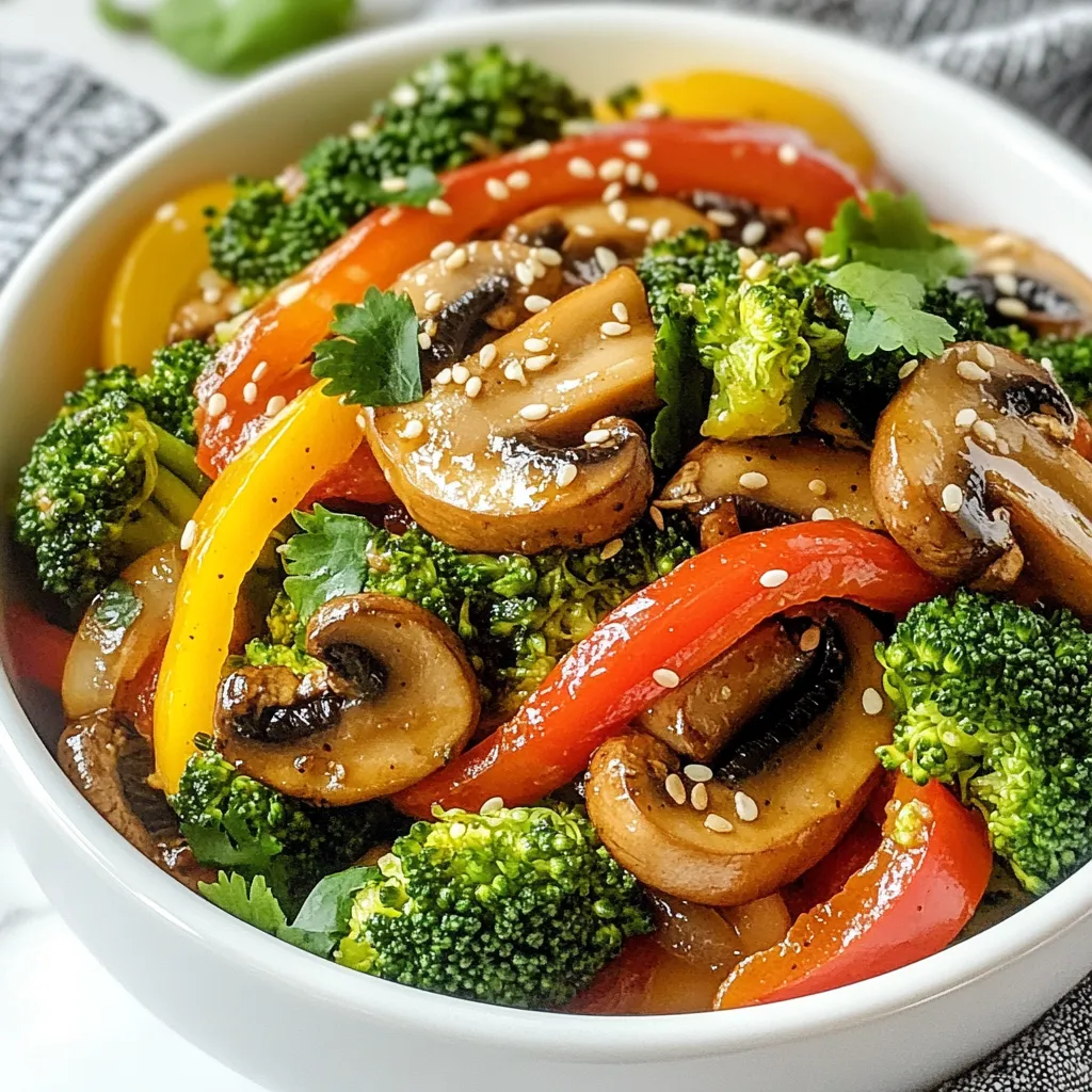 Here are the ingredients you need for a tasty vegan broccoli mushroom stir fry: - 2 cups broccoli florets - 1 cup mushrooms, sliced (button or shiitake) - 1 red bell pepper, sliced - 1 yellow onion, thinly sliced - 3 cloves garlic, minced - 1 inch ginger, grated - 2 tablespoons soy sauce (or tamari for gluten-free option) - 1 tablespoon sesame oil - 1 tablespoon olive oil - 1 teaspoon cornstarch (optional for thickening) - 1 tablespoon vegetable broth or water - Salt and pepper to taste - Toasted sesame seeds for garnish - Fresh cilantro or green onions for garnish Gather these fresh ingredients before you start cooking. Using fresh veggies enhances the flavor and adds nutrients. You can find all these items at your local grocery store or farmer's market. If you are feeling creative, you can even swap in your favorite veggies. Try adding carrots or snap peas for a fun twist! {{ingredient_image_1}} - Start by washing the broccoli. Chop it into small florets. - Next, slice the mushrooms and the red bell pepper. Thinly slice the yellow onion. - Mince the garlic and grate the ginger. These add great flavor. - In a large skillet, heat the olive oil on medium-high heat. - Once the oil is hot, add the onion. Sauté for 2-3 minutes until soft. - Add the minced garlic and grated ginger. Stir-fry for about 1 minute. - Now, add the sliced mushrooms and bell pepper. Cook for 3-4 minutes. - Stir often until the mushrooms are soft and the bell pepper is tender. - Add the broccoli florets to the skillet. Stir everything together. - In a small bowl, mix the soy sauce, sesame oil, and vegetable broth. - Add cornstarch if you want a thicker sauce. - Pour this mixture over the stir-fried veggies. Toss to coat evenly. - Cook for another 1-2 minutes. Let the sauce thicken slightly. - Season with salt and pepper to taste. - Use medium-high heat for stir frying. This keeps the veggies crisp and bright. - Start with onions and add garlic and ginger next. This builds a strong base. - Add mushrooms and bell peppers before broccoli. They need a bit more time to cook. - Add broccoli last. It only needs 4-5 minutes to stay tender and bright. - Try adding soy sauce, ginger, or garlic for extra taste. - For a kick, add chili flakes or sriracha. - Mix soy sauce with vegetable broth and cornstarch for a thick sauce. - Always stir well to coat all veggies with the sauce. This ensures even flavor. - Garnish with toasted sesame seeds for a crunchy touch. - Fresh cilantro or green onions add color and taste. - Serve with rice or quinoa for a complete meal. - Use a colorful plate to make your dish pop. It makes the meal more inviting. Pro Tips Use Fresh Ingredients: Fresh vegetables will enhance the flavor and texture of your stir fry, making it more vibrant and nutritious. Preheat Your Pan: Make sure your skillet or wok is hot before adding oil to ensure proper searing and prevent sticking. Cut Uniformly: Chop all vegetables into similar sizes for even cooking and a more appealing presentation. Experiment with Sauces: Feel free to add different sauces or spices to customize the dish to your taste preferences. {{image_2}} You can add many vegetables to your stir fry. Carrots bring sweetness and color. Snap peas add a nice crunch. You can also use bell peppers or bok choy. When you mix and match, your dish stays fresh. To substitute greens, try spinach or kale. Just add them near the end to keep them vibrant. Want more protein? Tofu and tempeh are great options. Firm tofu soaks up flavors well. Cut it into cubes and sauté it until golden. Tempeh has a nutty flavor and is also rich in protein. You can also add legumes like chickpeas or edamame. They mix well and boost the protein content. If you need a gluten-free meal, use tamari instead of soy sauce. It tastes great and keeps the dish safe for gluten-sensitive eaters. For nut allergies, avoid sesame oil or use sunflower oil. You can still enjoy great flavors without nuts. These small changes make your stir fry fit for everyone. To keep your vegan broccoli mushroom stir fry fresh, follow these steps: - Allow the stir fry to cool to room temperature. - Store leftovers in an airtight container. - Use glass or BPA-free plastic containers for best results. Reheating your stir fry is easy. Here are my preferred methods: - Stovetop: Heat in a pan over medium heat for about 5 minutes. - Microwave: Use a microwave-safe bowl and heat for 2-3 minutes, stirring halfway. For both methods, ensure the stir fry is hot throughout. This keeps the flavors fresh and tasty. Freezing your stir fry is a great way to save it. Here are my tips: - Place cooled stir fry into a freezer-safe container. - Leave some space at the top, as the food will expand when frozen. To thaw and reheat: - Move the container to the fridge overnight. - Reheat on the stovetop or microwave until hot. This method helps maintain the texture and taste of your stir fry. Yes, you can use frozen vegetables. They are quick and easy. Just add them straight to the pan. Cook them a little longer, about 5-7 minutes. This way, they heat through and stay tasty. However, fresh veggies often have better flavor and texture. You can use tamari for a gluten-free option. Or, try coconut aminos for a sweeter taste. Both options work well in this stir fry. They keep the dish flavorful and fun. Leftover stir fry lasts about 3-4 days in the fridge. Store it in an airtight container. This keeps the flavors fresh and the veggies crisp. Always check for any off smells before eating. Yes, this recipe is great for meal prep. You can make it ahead and store it in portions. It reheats well and stays delicious. Just add your favorite grain or noodle for a full meal. Absolutely! You can add red pepper flakes for heat. Sriracha or chili paste also works well. Start with a small amount, then taste. You can always add more if you like it spicier! This blog post covered everything you need to make a delicious stir-fry. We talked about key ingredients, step-by-step cooking instructions, and helpful tips. You learned about vegetable storage and reheating methods too. Stir-fry is easy, tasty, and perfect for many diets. Don’t shy away from experimenting with ingredients and flavors. Enjoy making it your own! This dish, with its vibrant veggies and savory sauce, will surely impress. Dive into cooking and savor the results!