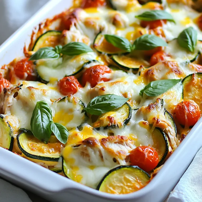 - 2 cups cooked chicken, shredded - 3 medium zucchinis, sliced into thin rounds - 1 cup cherry tomatoes, halved - 1 cup shredded mozzarella cheese - 1/2 cup grated Parmesan cheese - 1/2 cup creamy ranch dressing - 1 teaspoon garlic powder - 1 teaspoon Italian seasoning - Salt and pepper to taste - 1 tablespoon olive oil - Fresh basil leaves for garnish (optional) When making Chicken Zucchini Bake, I focus on fresh, quality ingredients. The star of this dish is the chicken. I use cooked, shredded chicken, which adds protein and flavor. You can use leftovers or rotisserie chicken for ease. Next, I slice three medium zucchinis into thin rounds. Zucchini adds a nice texture and moisture. I also include one cup of halved cherry tomatoes. They brighten the dish with color and a sweet taste. For cheese lovers, I use one cup of shredded mozzarella cheese and half a cup of grated Parmesan cheese. These cheeses melt beautifully, creating a creamy texture. The creamy ranch dressing is a game-changer. It binds the ingredients and adds great flavor. In terms of seasonings, I opt for one teaspoon of garlic powder and Italian seasoning. Salt and pepper enhance all the flavors. A tablespoon of olive oil helps prevent sticking in the baking dish. Finally, I like to add fresh basil leaves as a garnish. They add a pop of color and a fresh, herbal note. Each ingredient plays a role in making this dish both tasty and satisfying. {{ingredient_image_1}} - Preheat the oven to 375°F (190°C). - Prepare the baking dish with olive oil. To start, set your oven to 375°F. This will help your dish cook evenly. Next, grab a 9x13 inch baking dish. Drizzle some olive oil in the dish. This keeps the food from sticking and adds flavor. - Mix chicken, zucchini, tomatoes, ranch dressing, and seasonings. In a large bowl, combine the cooked chicken, sliced zucchinis, and halved cherry tomatoes. Add the ranch dressing, garlic powder, Italian seasoning, salt, and pepper. Mix it all together. You want every piece coated well. This step is key for great flavor. - Bake covered and then uncover to finish baking. Spread the mixture evenly in your baking dish. Now, sprinkle the mozzarella and Parmesan cheese on top. Cover the dish with aluminum foil. Bake it in the oven for 25 minutes. After that, remove the foil. Bake for another 15 minutes. This lets the cheese get bubbly and golden brown. Once done, let it cool for a few minutes. Then, you can serve it hot and enjoy! Mix all your ingredients well. This helps the flavors blend nicely. If you skip this, some bites may taste plain. Make sure to coat the chicken and veggies fully with the ranch dressing. This adds a creamy richness. Also, slice the zucchinis thin. Thin slices cook better and become tender. Cheese makes this dish extra tasty. Mozzarella is always a great choice for melting. You can also try cheddar or gouda for a different flavor. If you want less fat, use part-skim cheese. For a bold twist, add feta or goat cheese. They bring a tangy taste that pairs well with the dish. This bake goes well with a fresh salad. A simple green salad with a light vinaigrette works best. You can also serve it with garlic bread. The bread soaks up the yummy sauce. For a heartier meal, pair it with quinoa or brown rice. These sides add great texture and balance. Share with family or friends for a cozy dinner! Pro Tips Use Fresh Zucchini: Fresh, firm zucchinis will provide the best texture and flavor for this dish. Avoid overripe zucchinis, as they can be watery and less flavorful. Shred Your Own Cheese: For the best melting properties, shred your own mozzarella and Parmesan cheese rather than using pre-packaged shredded cheese. Customize the Seasoning: Feel free to adjust the garlic powder and Italian seasoning to suit your taste. Adding red pepper flakes can give it an extra kick! Let It Rest: Allowing the dish to sit for a few minutes after baking helps the cheese set and makes serving easier without losing all the toppings. {{image_2}} You can swap veggies in this dish! Use bell peppers or spinach for a new twist. If you prefer different proteins, try turkey or tofu. Both can add great taste and texture. You can also mix in some cooked quinoa for added fiber. Feel free to get creative with what you have on hand! Want more flavor? Add spices like paprika or cayenne for some heat. You can also include cumin for a warm taste. For a fresh zing, toss in some lemon zest. Spices change the dish's profile and make it exciting. Keep experimenting until you find your favorite blend! If you want a lighter bake, swap ranch dressing for Greek yogurt. This keeps it creamy but cuts calories. Consider using low-fat cheese or skipping the cheese altogether. You can also add more veggies for a filling dish with fewer carbs. Zucchini, broccoli, and cauliflower are all great choices! To keep your chicken zucchini bake fresh, store it in an airtight container. Place it in the fridge if you plan to eat it within three days. For longer storage, freeze the dish. Cut it into portions and wrap tightly in plastic wrap before placing it in a freezer-safe bag. To reheat your chicken zucchini bake, the oven is the best choice. Preheat it to 350°F (175°C). Place the dish in the oven for about 20 minutes. This method keeps the texture nice and the cheese melty. If you're short on time, you can use the microwave. Heat individual portions for about 1-2 minutes, but the texture may not be as good. When stored properly, the chicken zucchini bake lasts up to three days in the fridge. In the freezer, it can last for about three months. After that, the taste and quality may start to decline. Always check for any signs of spoilage before eating. No, using raw chicken is not safe here. The recipe needs cooked chicken to ensure it cooks evenly and safely. Using raw chicken may lead to undercooked meat, which can cause foodborne illness. Always use cooked, shredded chicken for best results. This way, you enjoy a tasty and safe meal. This dish pairs well with many sides. Here are some great options: - A fresh garden salad - Garlic bread or rolls - Steamed broccoli or green beans - Quinoa or brown rice - A light white wine or sparkling water These sides add color and balance to your meal. They also enhance the flavors of the chicken zucchini bake. Absolutely! Kids love this dish. The cheese makes it creamy and tasty. The chicken is tender and easy to chew. Zucchini adds a mild flavor that most kids accept well. You can adjust the seasoning to make it even milder. Kids will likely enjoy this dish and ask for more! This blog post shared a simple recipe for a chicken zucchini bake. You gathered all the ingredients and followed step-by-step instructions for a tasty dish. With tips on cooking, serving ideas, and ways to store leftovers, you have everything you need for success. Feel free to mix and match ingredients for your taste. Cooking should be fun and enjoyable. Get creative, and make it your own!