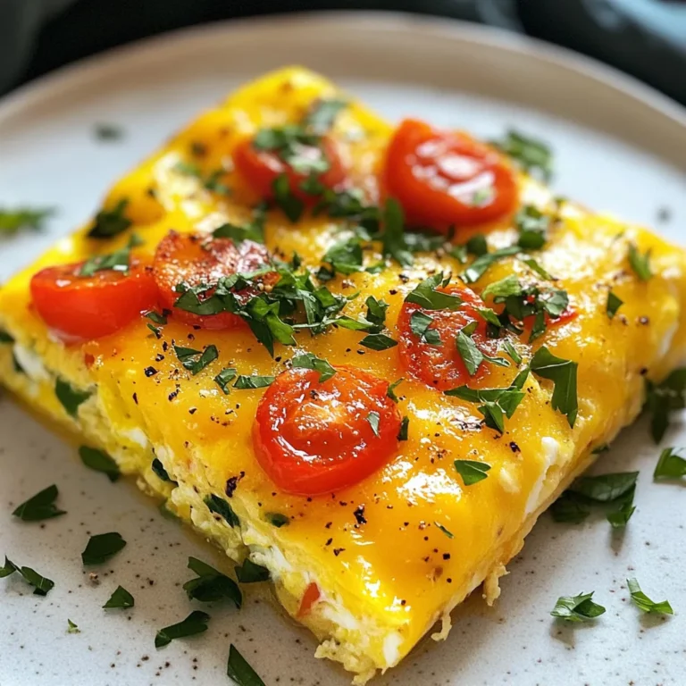 To make a tasty High Protein Cottage Cheese Egg Bake, you need a few key items: - 1 cup cottage cheese - 6 large eggs - 1 cup spinach, chopped - 1/2 bell pepper, diced (any color) - 1/2 onion, finely chopped - 1 cup cherry tomatoes, halved - 1/2 cup shredded cheddar cheese These ingredients give your bake a creamy texture and a great flavor. The cottage cheese adds protein, while the eggs help it rise and set. Spices make your dish pop. You will want to include: - 1 teaspoon garlic powder - 1 teaspoon paprika - 1/2 teaspoon black pepper - 1/2 teaspoon salt These spices enhance the taste. Garlic powder adds warmth, while paprika adds a subtle smoky flavor. Feel free to customize your bake! Here are some fun add-ins: - Cooked bacon or sausage - Different types of cheese like feta or mozzarella - Fresh herbs, like basil or chives These add-ins can change the flavor profile. Try different combinations to find your favorite! {{ingredient_image_1}} First, I preheat my oven to 375°F (190°C). Next, I grab a large mixing bowl. I crack open six large eggs and whisk them well. The eggs should be light and fluffy. Then, I add one cup of cottage cheese. I mix it until the mixture is creamy and smooth. Now, I add in the fun part. I toss in one cup of chopped spinach, half a diced bell pepper, and half a finely chopped onion. I also add one cup of halved cherry tomatoes. For flavor, I sprinkle in one teaspoon of garlic powder, one teaspoon of paprika, and half a teaspoon each of black pepper and salt. I stir this all together until every ingredient is mixed well. I take my greased 9x9-inch baking dish and pour the egg mixture into it. I spread it out evenly. To finish, I sprinkle half a cup of shredded cheddar cheese on top. Then, I bake it in the oven for 25 to 30 minutes. I check if the center is set and the edges are golden. When it's done, I take it out and let it cool for a few minutes. I garnish it with fresh parsley before slicing and serving. To get the best bake, start with fresh eggs. They make a big difference in taste. Whisk the eggs well until they are frothy. This helps them mix nicely with the cottage cheese. Use a 9x9-inch dish for even cooking. Make sure your oven is fully preheated to 375°F. This ensures your bake rises well. Keep an eye on the bake. If the edges turn golden, it is almost done. A toothpick test helps too. If it comes out clean, your dish is ready! Serve your egg bake warm. Cut it into squares for easy serving. A sprinkle of parsley on top adds color and flavor. Pair it with a fresh salad for a tasty meal. You can also serve it with whole-grain toast. This adds some crunch and makes it more filling. Try adding some hot sauce or salsa for extra zing. To boost nutrition, add more veggies like zucchini or mushrooms. These add flavor and fiber. You can also mix in some cooked quinoa for extra protein. If you want more calcium, use feta cheese instead of cheddar. This gives a different taste and keeps it healthy. For a kick, add some chopped jalapeños. They bring heat and flavor to the dish. Try these tips to make your egg bake even better! Pro Tips Use Fresh Ingredients: Fresh vegetables enhance the flavor and nutritional value of your egg bake, making it more delicious and vibrant. Experiment with Cheese: Try different types of cheese, such as feta or mozzarella, for a unique twist on the flavor profile. Make it Ahead: Prepare the mixture the night before and store it in the refrigerator. Bake it in the morning for a quick breakfast option. Customize Your Veggies: Feel free to substitute or add any veggies you like, such as zucchini, mushrooms, or broccoli, to suit your taste. {{image_2}} You can change the veggies in this dish to fit your taste. Try using broccoli instead of spinach. Zucchini works great too! You can even add mushrooms for a nice earthy flavor. Use any fresh or frozen veggies you have on hand. Just chop them up and toss them in. This makes the dish colorful and fun. If you want to switch up the cheese, go ahead! Feta cheese adds a tangy flavor that pairs well with the eggs. You could also use mozzarella for a soft, melty texture. Goat cheese gives a creamy touch that many love. Just use what you have or what you like. Mixing different cheeses can create a unique taste. Need more protein? Add cooked chicken or turkey for a hearty bite. Crumbled sausage brings a savory flavor that is hard to resist. If you prefer plant-based options, try adding black beans or chickpeas. These not only boost protein but also add fiber. Mix and match these options to make your egg bake even more filling. After you enjoy your High Protein Cottage Cheese Egg Bake, let it cool down. Cut the bake into squares. Place the squares in an airtight container. Store it in the fridge for up to three days. This keeps the dish fresh and tasty. To reheat, take a square from the fridge. Place it on a microwave-safe plate. Heat it in the microwave for about 1-2 minutes. Check if it’s warm all the way through. You can also reheat it in the oven. Set the oven to 350°F (175°C) and bake for about 10 minutes. If you want to save some for later, freezing works great. Wrap each square tightly in plastic wrap. Then place them in a freezer bag. Make sure to squeeze out any air before sealing. You can freeze it for up to two months. When ready to eat, thaw it in the fridge overnight before reheating. Yes, you can make this dish ahead of time. It keeps well in the fridge. Prepare the egg bake the night before and pop it in the oven in the morning. Just remember to let it cool before covering it. This way, it stays fresh and tasty. Absolutely! This high protein cottage cheese egg bake is perfect for meal prep. Cut it into squares and store them in containers. You can grab a piece for breakfast or lunch. It is easy to reheat in the microwave. If you don’t have cottage cheese, use ricotta or Greek yogurt. Both options add creaminess. Each will change the flavor a bit, but they work well. You can even try silken tofu for a dairy-free version. Just blend it until smooth before mixing it with the eggs. This blog post covers how to make a high-protein cottage cheese egg bake. We looked at key ingredients, spices, and flavorful add-ins. I shared step-by-step instructions for preparing and baking the dish. I also provided tips for getting the perfect bake and serving ideas. Plus, we explored variations and how to store any leftovers. This dish is not just tasty; it fits into meal prep well. Enjoy creating your own version of this protein-packed recipe!