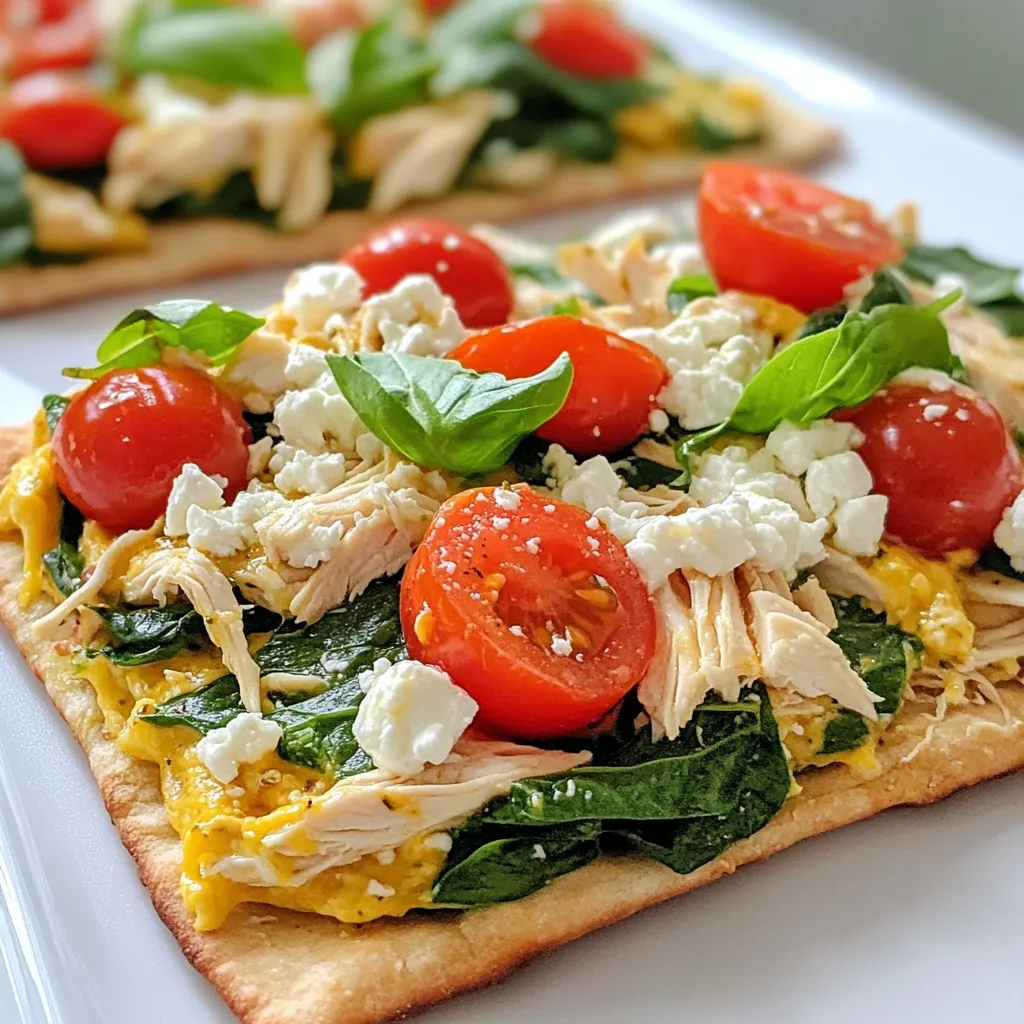 To make Chicken and Spinach Flatbread, gather these key items: - 2 whole wheat flatbreads - 2 cups cooked chicken breast, shredded - 2 cups fresh spinach, roughly chopped - 1 cup cherry tomatoes, halved - 1/2 cup feta cheese, crumbled - 1/4 cup plain Greek yogurt - 2 tablespoons olive oil - 1 clove garlic, minced - 1 teaspoon dried oregano - Salt and pepper to taste These ingredients create a flavorful mix. Whole wheat flatbreads serve as a healthy base. Shredded chicken offers protein, while spinach adds vitamins. Cherry tomatoes bring a sweet burst. Feta cheese gives a salty kick that ties it all together. You can add fun toppings to make your flatbread special. Consider: - Fresh basil leaves for a fragrant touch - Sliced olives for added saltiness - Red pepper flakes for a spicy kick - Avocado slices for creaminess These optional items let you customize every bite. You can mix and match based on your mood or what you have at home. This Chicken and Spinach Flatbread is not just tasty; it’s good for you too. Each serving has: - Approximately 500 calories - Around 30 grams of protein - About 25 grams of carbohydrates - Roughly 20 grams of fat This meal is balanced and filling. With lean protein and fresh veggies, it makes for a great weeknight meal. You get the energy you need without feeling heavy. {{ingredient_image_1}} Start by preheating your oven to 400°F (200°C). This step is key for a crispy flatbread. Next, grab a large bowl. Combine 2 cups of shredded chicken, 2 cups of roughly chopped spinach, and 1 cup of halved cherry tomatoes. Add in 1/2 cup of crumbled feta cheese, 1 clove of minced garlic, and 2 tablespoons of olive oil. Sprinkle in 1 teaspoon of dried oregano. Mix everything well. Season with salt and pepper to suit your taste. Once your mixture is ready, lay out the 2 whole wheat flatbreads on a baking sheet lined with parchment paper. Evenly spread the chicken and spinach mix over each flatbread. Leave a small border around the edges. Place the baking sheet in your preheated oven. Bake the flatbreads for 10 to 12 minutes. You want the edges to be crispy and the cheese to be slightly melted. After baking, take the flatbreads out and let them cool for a few minutes. Drizzle the top with plain Greek yogurt for a creamy touch. Add fresh basil leaves for color and flavor. Serve warm and enjoy this easy weeknight meal! To get the best texture, start with the right flatbread. Whole wheat flatbread adds a nutty flavor and holds up well. Preheat your oven to 400°F (200°C). This heat crisps the edges and warms the toppings. Bake for 10-12 minutes. Keep an eye on the flatbreads. You want them crispy but not burnt. To boost flavor, add fresh herbs like basil or parsley. A squeeze of lemon juice brightens the dish. You can also mix in spices like paprika or cayenne for a kick. Consider adding more veggies, such as bell peppers or zucchini. They add texture and taste without much effort. One common mistake is overcrowding the flatbread. Leave a small border around the edges. This helps the flatbread stay crisp. Another mistake is burning the garlic. Always add it with the other ingredients to avoid bitterness. Lastly, don’t skip the salt and pepper. These basic seasonings make a big difference in flavor. Pro Tips Use Rotisserie Chicken: For a quicker preparation, consider using store-bought rotisserie chicken. It saves time and adds great flavor. Experiment with Toppings: Feel free to add other vegetables like bell peppers or red onions to enhance the flavor and nutrition of your flatbread. Make it Spicy: If you enjoy heat, add some red pepper flakes or a drizzle of hot sauce before serving to give it an extra kick. Serve with a Side Salad: Pairing the flatbreads with a fresh side salad can elevate the meal and provide additional crunch and nutrients. {{image_2}} You can easily make this flatbread vegetarian. Swap the chicken for extra veggies. Try bell peppers, mushrooms, or zucchini. You can also use chickpeas for added protein. Just roast or sauté them with olive oil and garlic for flavor. This change keeps it hearty and tasty. If you want to switch up the protein, consider turkey or tofu. Cooked turkey works well because it has a similar texture to chicken. For a plant-based option, use firm tofu. Press and cube the tofu, then sauté it with garlic and spices. Both options add a nice twist to the dish. You can use various flatbreads for this recipe. Try naan, pita, or even gluten-free flatbreads. Each type brings its unique flavor and texture. Whole wheat flatbreads are healthy, but don't be afraid to explore other options. The key is to choose a flatbread that you enjoy. To store any extra chicken and spinach flatbread, let it cool down first. Place the flatbread in an airtight container. You can keep it in the fridge for up to three days. If you want to keep it longer, consider freezing it. When you want to eat your leftovers, you can reheat the flatbread easily. Preheat your oven to 350°F (175°C). Place the flatbread on a baking sheet. Heat it for about 10 minutes, or until it's warm. This method keeps the crust crispy. You can also use a microwave, but the flatbread may become soft. To freeze the chicken and spinach flatbread, wrap each piece tightly in plastic wrap. Then place the wrapped flatbreads in a freezer bag. They can stay in the freezer for up to three months. When you're ready to enjoy, thaw them in the fridge overnight. Reheat as mentioned above for the best taste. Yes, you can use different cheeses. For a creamier taste, try mozzarella or ricotta. If you want a sharper flavor, go for cheddar or gouda. Each cheese brings its own unique taste. Mix and match to find your favorite combo. Just make sure to keep the cheese amount similar to the feta. Absolutely! To make this dish gluten-free, you can use gluten-free flatbreads. Check the label to ensure they are certified gluten-free. You can also use lettuce leaves as a base for a low-carb option. This way, you still enjoy the great flavors without gluten. Adding more veggies is easy! You can include bell peppers, onions, or zucchini. Just chop them small and mix them in with the chicken and spinach. You can also layer them on top before baking. This adds color and nutrition to your meal. Be creative and use whatever veggies you love! This blog post guides you through making chicken and spinach flatbread. We covered all the essential ingredients and optional toppings to enhance flavor. I shared clear steps to prepare, bake, and serve your dish. You can also explore tips to perfect the texture and avoid common mistakes. Don't forget the variations, like vegetarian options or different proteins. Lastly, remember how to store, reheat, and freeze your leftovers. This simple yet delicious dish is easy to enjoy anytime. Try it out and have fun cooking!