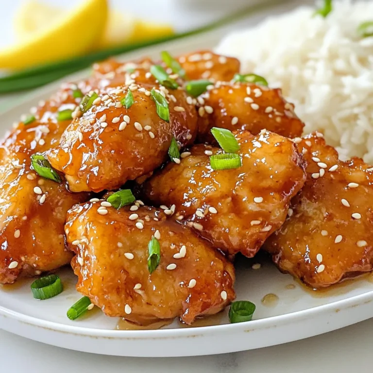 - 500g boneless chicken thighs - 1 cup all-purpose flour - 1/2 cup cornstarch - 1 teaspoon baking powder - 1/2 teaspoon salt - 1/4 teaspoon black pepper - 1 large egg - 1/2 cup cold water - Oil, for frying - 4 cloves garlic, minced - 1/2 cup honey - 1/4 cup soy sauce - 1 tablespoon grated fresh ginger - 1 tablespoon apple cider vinegar - Green onions for garnish - Sesame seeds for garnish When making crispy Chinese honey garlic chicken, the right ingredients are key. I use boneless chicken thighs for tenderness and juiciness. The batter combines flour and cornstarch. This mix makes the chicken crispy. Baking powder adds lift, while salt and pepper enhance taste. For the sauce, I use fresh garlic. It gives a strong flavor. Honey adds sweetness, making the dish sticky and delicious. Soy sauce brings in a savory note. Grated ginger adds warmth, while apple cider vinegar balances the sweetness. Garnishing with green onions and sesame seeds gives color and crunch. Each ingredient plays a role in this tasty dish. Youβll love how they all come together! {{ingredient_image_1}} To start, gather your dry ingredients. In a large mixing bowl, mix: - 1 cup all-purpose flour - 1/2 cup cornstarch - 1 teaspoon baking powder - 1/2 teaspoon salt - 1/4 teaspoon black pepper Now, in another bowl, whisk together one large egg and 1/2 cup of cold water. This will be your batter. Slowly add the dry mixture to the egg mix. Whisk until smooth. This batter is key for a crispy finish. Next, heat oil in a deep skillet over medium-high heat. You want enough oil to cover the chicken. Dip each piece of chicken into the batter. Shake off any extra batter. Carefully drop the chicken into the hot oil. Donβt overcrowd the pan. Fry the chicken until it turns golden brown and crispy, about 5 to 7 minutes. Once done, remove the chicken and let it drain on paper towels. In a separate saucepan, add 4 cloves of minced garlic. SautΓ© this over medium heat until it becomes fragrant, which takes about 30 seconds. Then, stir in: - 1/2 cup honey - 1/4 cup soy sauce - 1 tablespoon grated fresh ginger - 1 tablespoon apple cider vinegar Bring this mixture to a gentle simmer. Let it thicken for about 3 to 4 minutes. This sauce gives the chicken its sweet and tangy flavor. Now, itβs time for the fun part. Add the crispy chicken pieces into the honey garlic sauce. Toss everything well to ensure the chicken is evenly coated. Remove from heat and let it sit for a minute. This resting time helps the flavors meld together. Enjoy your delicious crispy Chinese honey garlic chicken! To get that perfect crunch, the frying method is key. I recommend using deep frying. This way, the chicken cooks evenly. Use enough oil to fully submerge the pieces. It helps them get crispy all around. For the batter, keep it thick but pourable. A good rule is to mix one cup of flour with half a cup of cornstarch. Add a teaspoon of baking powder, half a teaspoon of salt, and a quarter teaspoon of black pepper. Whisk in one egg and half a cup of cold water to make it smooth. The cold water helps the batter cling to the chicken. When serving, pair the chicken with steamed jasmine rice or stir-fried veggies. These sides complement the sweet and savory flavors well. For a pretty display, use a large platter. Arrange the chicken neatly and sprinkle green onions and sesame seeds on top. This makes the dish pop! Frying can be safe if you follow some simple rules. First, make sure to use a deep skillet and keep a lid nearby. If the oil splatters, cover it quickly. Always keep the oil at a steady medium-high heat. This helps avoid greasy chicken. Donβt overcrowd the pan with chicken. Fry in batches to keep the oil temperature steady. This way, you avoid soggy chicken. Lastly, always let the fried chicken drain on paper towels. It removes excess oil, keeping it crispy. Pro Tips Use Cold Water: Using cold water in your batter helps create a light and crispy texture. Warm water can make the batter too thick and heavy. Donβt Overcrowd the Pan: Fry the chicken pieces in small batches to maintain the oil temperature and ensure they cook evenly, resulting in a crispier coating. Adjust the Sauce: Feel free to adjust the sweetness or saltiness of the sauce by adding more honey or soy sauce to suit your taste preferences. Rest the Chicken: Allow the fried chicken to rest for a few minutes after frying and before adding it to the sauce. This helps retain its crispiness. {{image_2}} You can make this dish healthier by using low-sodium soy sauce. This keeps the flavor but cuts back on salt. You can also swap regular flour with a gluten-free blend. This way, gluten-sensitive friends can enjoy the meal too. Want to kick up the flavor? Add a splash of sesame oil for a nutty taste. If you like heat, sprinkle in some red pepper flakes. You can also toss in colorful veggies like bell peppers or broccoli. These add crunch and nutrients, making the dish even better. Baking is a great alternative to frying. It reduces oil and calories. To bake, coat the chicken in the batter and place it on a baking sheet. Bake at 400Β°F for about 25 minutes, turning halfway. If you own an air fryer, use it! Preheat the air fryer to 375Β°F. Arrange the chicken in a single layer and cook for about 12-15 minutes. This method keeps the chicken crispy without all the oil. After enjoying your crispy Chinese honey garlic chicken, let the leftovers cool. Place them in a shallow container. This helps them cool quickly and evenly. Use airtight containers to keep them fresh. Store them in the fridge for up to three days. This simple practice keeps your chicken tasty for later meals. To reheat without losing that crispy texture, use an oven or air fryer. Preheat your oven to 375Β°F (190Β°C). Spread the chicken on a baking sheet. Heat for about 10-15 minutes. If using an air fryer, set it to 350Β°F (175Β°C) and heat for 5-7 minutes. This way, the chicken stays crispy and delicious. If you want to save some for later, you can freeze the chicken. Place cooled pieces in a single layer on a baking sheet. Freeze them for a couple of hours until firm. Then, transfer the frozen chicken to a freezer bag. It can last for up to three months in the freezer. To thaw, leave it in the fridge overnight. Reheat as mentioned above to enjoy crispy chicken again. Yes, you can use chicken breast. It will give a leaner taste. Chicken thighs are juicier and more flavorful. They also hold up better when frying. If you use breast, be careful not to overcook it. To make the batter stick, dry the chicken pieces first. Pat them with paper towels. This helps the batter cling well. You can also dip the chicken in flour before the batter. This extra layer helps it stick. You can use maple syrup or agave syrup. Both will give a sweet flavor. If you want a less sweet option, try brown sugar mixed with water. It won't taste exactly the same but will still be good. You can store it in the fridge for up to three days. Make sure to place it in an airtight container. It will lose some crispiness, but it's still tasty. You can reheat it in the oven to get it crispy again. You can prepare the chicken and batter ahead of time. Keep them separate in the fridge. Fry the chicken just before serving for the best texture. You can also make the sauce ahead. Just heat it before tossing with the chicken. You learned how to make crispy honey garlic chicken with simple steps and ingredients. We covered how to prep the chicken, fry it, and make a tasty sauce. Remember, tips for extra crispiness and serving ideas can elevate your dish. You can even switch things up with healthier options or other cooking methods. Enjoy this meal fresh, or store leftovers wisely. With practice, you'll impress your family and friends with your cooking skills. Dive in and have fun experimenting in the kitchen!