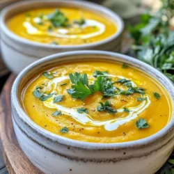 - 2 cups pumpkin puree (homemade or canned) - 1 medium onion, chopped - 2 cloves garlic, minced - 1 medium carrot, diced - 1 tablespoon olive oil - 4 cups vegetable broth - 1 teaspoon ground cumin - 1/2 teaspoon ground nutmeg - 1/2 cup coconut milk - Salt and pepper to taste - Fresh parsley for garnish To make a great roasted pumpkin soup, gather all your ingredients first. Using pumpkin puree is key. You can make your own or use canned. Both taste great. The onion, garlic, and carrot add depth. These veggies bring sweetness and aroma. Olive oil helps with roasting. It adds richness to your soup. Next, vegetable broth is your base. It gives flavor without being heavy. Ground cumin and nutmeg boost warmth. These spices make the soup cozy and inviting. Coconut milk adds creaminess and a hint of sweetness. It balances the flavors well. Lastly, salt and pepper enhance all the tastes. Fresh parsley adds a pop of color. It also gives a fresh taste when you serve the soup. Gather these ingredients, and you are ready to begin your delicious soup journey! {{ingredient_image_1}} 1. First, preheat your oven to 400°F (200°C). This step is key for roasting. 2. Next, spread the chopped onion, minced garlic, and diced carrot on a baking sheet. 3. Drizzle the vegetables with olive oil. Toss them well to coat. 4. Roast the veggies in the oven for 20 to 25 minutes. They should soften and caramelize. 5. In a large pot, combine the roasted vegetables with the pumpkin puree. Stir well. 6. Pour in the vegetable broth. This adds depth to your soup. 7. Bring the mixture to a simmer over medium heat. 8. Add ground cumin, nutmeg, salt, and pepper to enhance the flavor. Stir to blend everything. 9. Let the soup simmer for 15 minutes. This helps the flavors mix nicely. 10. Remove from heat and stir in the coconut milk for creaminess. 1. Use an immersion blender to puree the soup until smooth. 2. If you don’t have that, a standard blender works too. Blend in batches if needed. 3. Aim for a velvety consistency that feels rich and satisfying. 1. Taste your soup and adjust the seasoning if needed. 2. Gently reheat it before serving. 3. For a nice presentation, serve in warm bowls. 4. Drizzle with a swirl of coconut milk and sprinkle with fresh parsley. This adds color and freshness. To make this soup just right, you can adjust spices and seasoning. Taste the soup as it cooks. If you want more warmth, add a pinch of cumin or nutmeg. These spices enhance the pumpkin's natural taste. For a creamier texture, try using coconut milk. It adds a rich flavor and smoothness. Stir it in after you blend the soup. The coconut milk makes the soup feel luxurious and comforting. Use a heavy pot for making soup. A Dutch oven works well. It heats evenly and keeps the soup warm. For blending, an immersion blender is best. It lets you blend right in the pot. If you don’t have one, a standard blender is fine too. Just be careful with hot soup. Always blend in small batches. If you want to save time, use canned pumpkin puree. It’s quick and easy. You can skip the roasting step, too. Just mix it in with the other ingredients. You can also prepare ingredients ahead of time. Chop the onion and carrot a day before. Store them in the fridge. This way, your cooking time shortens, and you can enjoy your soup sooner. Pro Tips Roasting Vegetables: For deeper flavor, roast your onions, garlic, and carrots until they are slightly caramelized, enhancing the sweetness of the soup. Homemade Pumpkin Puree: If you have fresh pumpkin, roast it until tender and blend it for a fresher taste compared to canned options. Coconut Milk Substitutes: If you prefer a lighter soup, consider using almond milk or cashew cream instead of coconut milk for a different flavor profile. Seasoning Balance: Taste your soup before serving and adjust the seasoning as necessary; sometimes a pinch of sugar can balance the flavors perfectly. {{image_2}} You can easily make this soup vegan and gluten-free. Use vegetable broth and coconut milk for a creamy base. If you want more taste, swap out coconut milk for almond milk. This keeps the soup light while adding a nutty flavor. Feel free to personalize the recipe to your liking. For a spicy kick, add chili powder or fresh jalapeños. Want a sweeter touch? Try adding a small amount of maple syrup. Herbs and spices can change the soup's taste. Add fresh thyme or sage for a warm, earthy flavor. If you like a bit of heat, sprinkle in some cayenne pepper. You can also mix in extra vegetables for more depth. Carrots, sweet potatoes, or even roasted red peppers work well. Just roast them along with the onion and garlic for a rich flavor. Pair the soup with warm, crusty bread or a fresh salad for a full meal. Breadsticks or garlic bread also make great side choices. When serving, think about toppings. A drizzle of coconut milk adds a nice touch. Fresh parsley brings a pop of color. You can also add roasted pumpkin seeds for crunch. To keep your roasted pumpkin soup fresh, store it in the fridge. Use an airtight container for best results. This helps keep out air and moisture. The soup stays good for about 3 to 5 days. Before serving, check for any signs of spoilage. If it smells off or looks strange, throw it away. Freezing is a great way to save your soup for later. To freeze, let the soup cool completely first. Pour it into freezer-safe containers or bags. Leave some space at the top, as the soup will expand when frozen. It’s best to portion it out in single servings. This makes it easy to reheat later. To reheat, simply take out a portion and let it thaw in the fridge overnight. You can also microwave it straight from the freezer. Stir it well while reheating to make sure it heats evenly. Enjoy your delicious soup whenever you want! You can use other dairy substitutes like: - Almond milk - Cashew cream - Heavy cream - Whole milk Each option gives a different taste. Almond milk is light, while cashew cream adds richness. Heavy cream makes it very creamy. Adjust to your taste! Yes, you can use fresh pumpkin! Here are some tips: - Choose a small sugar pumpkin. - Cut it in half and remove the seeds. - Roast the halves cut-side down until soft, about 45 minutes at 400°F. - Scoop out the flesh and mash it for your soup. Fresh pumpkin gives a nice, bright flavor! If your soup is too thin, try these methods: - Add more pumpkin puree. - Mix in a little cornstarch slurry. - Blend in some cooked potatoes. - Simmer longer to reduce the liquid. These steps help create a thicker, heartier soup. This pumpkin soup recipe is easy and fun. We covered the main ingredients and preparation steps. You can tweak the flavors to your liking by adjusting spices or adding new veggies. Remember to store leftovers properly and enjoy them later. By following these tips, you can create a warm and filling dish. I hope you try making your own pumpkin soup soon. It’s a simple way to bring comfort to any meal.
