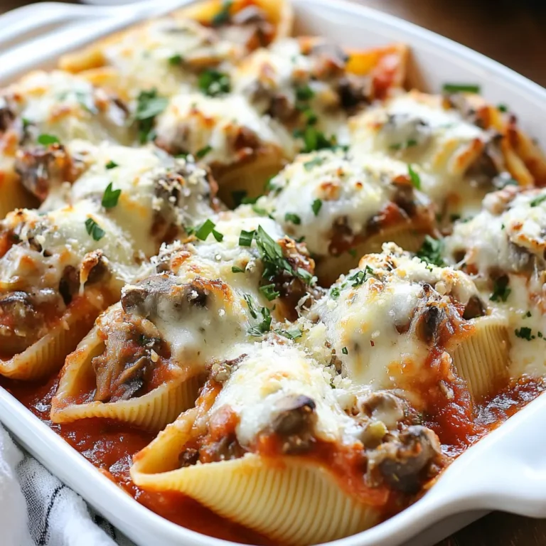 - 20 jumbo pasta shells - 2 cups mushrooms, finely chopped - 4 cloves garlic, minced - 1 cup ricotta cheese - 1 cup mozzarella cheese, shredded - 1/2 cup grated Parmesan cheese - 1 egg, lightly beaten - 2 tablespoons fresh parsley, chopped - 1 teaspoon dried Italian seasoning - Salt and pepper to taste - 2 cups marinara sauce - Olive oil for sautéing Each ingredient plays a vital role in flavor and texture. Jumbo pasta shells provide a sturdy base for the filling. Mushrooms bring a rich, earthy taste. Garlic adds a sharp kick that brightens the dish. Ricotta cheese gives a creamy texture, while mozzarella melts beautifully on top. Parmesan cheese adds a salty depth. The egg binds the filling together. Fresh parsley adds a pop of color and freshness. Italian seasoning infuses classic flavors. Salt and pepper enhance every bite. Marinara sauce ties everything together with its tangy goodness. Olive oil is essential for sautéing and adds a hint of richness. You can switch up the mushrooms. Try shiitake or portobello for a different flavor. Use spinach or kale for added greens. For a vegan option, swap ricotta for tofu or a nut-based cheese. If you want more heat, add red pepper flakes to the filling. For a twist, mix in sun-dried tomatoes or artichokes. You can also use different cheeses—like gouda or feta—for a unique taste. {{ingredient_image_1}} To start, gather all your ingredients. You will need jumbo pasta shells, mushrooms, garlic, ricotta, mozzarella, Parmesan, an egg, parsley, Italian seasoning, salt, pepper, marinara sauce, and olive oil. 1. Preheat your oven to 375°F (190°C). This helps the shells bake evenly. 2. Cook the jumbo pasta shells as per the package. Aim for al dente. Drain and let them cool slightly. 3. Heat 2 tablespoons of olive oil in a large skillet over medium heat. Add the finely chopped mushrooms and sauté for 5-7 minutes. Cook until they are soft and their moisture is gone. 4. Add the minced garlic to the skillet and cook for 1-2 more minutes. You want to smell that garlic! Then, remove from heat and let cool just a bit. 5. In a mixing bowl, combine ricotta, half of the mozzarella, half of the Parmesan, the beaten egg, sautéed mushroom and garlic, parsley, Italian seasoning, salt, and pepper. Mix well until it’s all combined. 6. Carefully spoon the filling into each cooked pasta shell. Place the filled shells in a single layer in a large baking dish. Now it’s time to bake! 1. Pour marinara sauce evenly over the stuffed shells. Make sure they are fully coated. 2. Sprinkle the rest of the mozzarella and Parmesan cheese on top. 3. Cover your baking dish with aluminum foil. Ensure the foil doesn’t touch the cheese to prevent sticking. 4. Bake in your preheated oven for 20 minutes. 5. After 20 minutes, remove the foil. Bake for another 10-15 minutes until the cheese is bubbly and golden brown. 6. Let the dish cool for a few minutes before you serve. When serving, place the stuffed shells on a large platter. Garnish with more chopped parsley for color and a drizzle of olive oil for flavor. This adds a touch of elegance to your meal. Enjoy your delicious Garlic Mushroom Stuffed Shells! Start with fresh mushrooms. I love using cremini or button mushrooms. They add great flavor. Heat olive oil in a skillet over medium heat. Add chopped mushrooms and stir them gently. Cook for about 5-7 minutes. This helps them soften and lose moisture. To make them even tastier, add minced garlic after the mushrooms. Cook for 1-2 minutes until fragrant. This step boosts the flavor in your filling. Let the mixture cool a bit before adding it to your cheese mix. Cheese is key for stuffed shells. I use ricotta for creaminess. Mozzarella gives a nice stretch and flavor. Parmesan adds a salty punch. You can mix it up too. Try feta for a tangy twist or goat cheese for a richer taste. Use your favorite cheese to make this dish your own. To avoid stuck shells, coat them well with sauce. Pour marinara evenly over the stuffed shells before baking. Cover the baking dish with foil. Make sure the foil does not touch the cheese. This helps prevent sticking. Remove the foil later for that golden, bubbly cheese. This technique makes your dish look and taste great. Pro Tips Use Fresh Herbs: Fresh parsley enhances the flavor of your stuffed shells. Consider adding fresh basil or thyme for an extra layer of taste. Make It Vegetarian: To keep the dish vegetarian, ensure the marinara sauce is meat-free. You can also add spinach or other vegetables to the filling for added nutrition. Cheese Variations: Experiment with different cheeses such as goat cheese or feta for a unique flavor profile. Mixing cheeses can add complexity to the dish. Freezer Friendly: These stuffed shells can be prepared in advance and frozen. Just bake them straight from the freezer, adding a few extra minutes to the cooking time. {{image_2}} For a vegetarian twist, keep the original recipe. If you want a vegan version, swap ricotta and mozzarella with plant-based cheeses. Use a flax egg or a chia egg instead of the regular egg. These changes make the dish meat-free and dairy-free, while still being tasty. You can also add more veggies, like spinach or bell peppers, for extra nutrition and flavor. To make this dish gluten-free, choose gluten-free jumbo pasta shells. Many brands offer these now. Make sure your marinara sauce is gluten-free too. You can also create a base from zucchini or eggplant. Just slice them thin and layer them like shells. This gives you the same great taste without gluten. Want to add more flavor? Try sautéing onions with the mushrooms. Onion gives a nice sweetness. You can also add red pepper flakes for heat. For a rich taste, mix in some sun-dried tomatoes or artichoke hearts. Fresh herbs like basil or thyme can brighten the dish. Don’t be shy to experiment! After enjoying your garlic mushroom stuffed shells, store any leftovers in an airtight container. Let the shells cool to room temperature first. Then, place them in the fridge. They will stay fresh for up to three days. Make sure to cover the container well to keep them from drying out. If you want to save some for later, freezing is a great option. Wrap the stuffed shells tightly in plastic wrap. Then, place them in a freezer-safe bag or container. They can last up to three months in the freezer. To avoid freezer burn, remove as much air as possible from the bag. When you’re ready to eat your leftovers, reheat them in the oven for the best taste. Preheat the oven to 350°F (175°C). Place the stuffed shells in a baking dish and cover with foil. Heat for about 20 minutes, or until they’re hot throughout. You can also reheat them in the microwave, but they may not be as crispy. Just heat for 2-3 minutes, checking often to avoid overcooking. Enjoy your tasty meal again! Yes, you can prepare these stuffed shells in advance. Cook the shells and fill them with the mixture. Place them in a baking dish, cover, and refrigerate. You can do this up to 24 hours ahead. When you’re ready to bake, just pour the marinara sauce on top and bake as directed. This saves time on busy nights and lets the flavors meld. To reheat stuffed shells, preheat your oven to 350°F (175°C). Place the stuffed shells in a baking dish. Add a bit of marinara sauce on top to keep them moist. Cover with foil to prevent drying out. Bake for about 20-25 minutes, or until heated through. You can also microwave them. Heat for 2-3 minutes, checking often. You can make Garlic Mushroom Stuffed Shells healthier by swapping some ingredients. Use whole wheat pasta shells for more fiber. Choose low-fat ricotta and mozzarella cheese to cut down on fat. You can also add more veggies, like spinach or zucchini, to boost nutrition. Reducing the cheese can also make this dish lighter while still delicious. This blog post covered garlic mushroom stuffed shells from start to finish. We discussed ingredients, cooking steps, and tips for success. You can now customize your dish with variations to fit your taste. Storing leftovers is easy, and we answered common questions to clear up any doubts. Remember, making stuffed shells can be fun and rewarding. Experiment with flavors and share your creations with others!