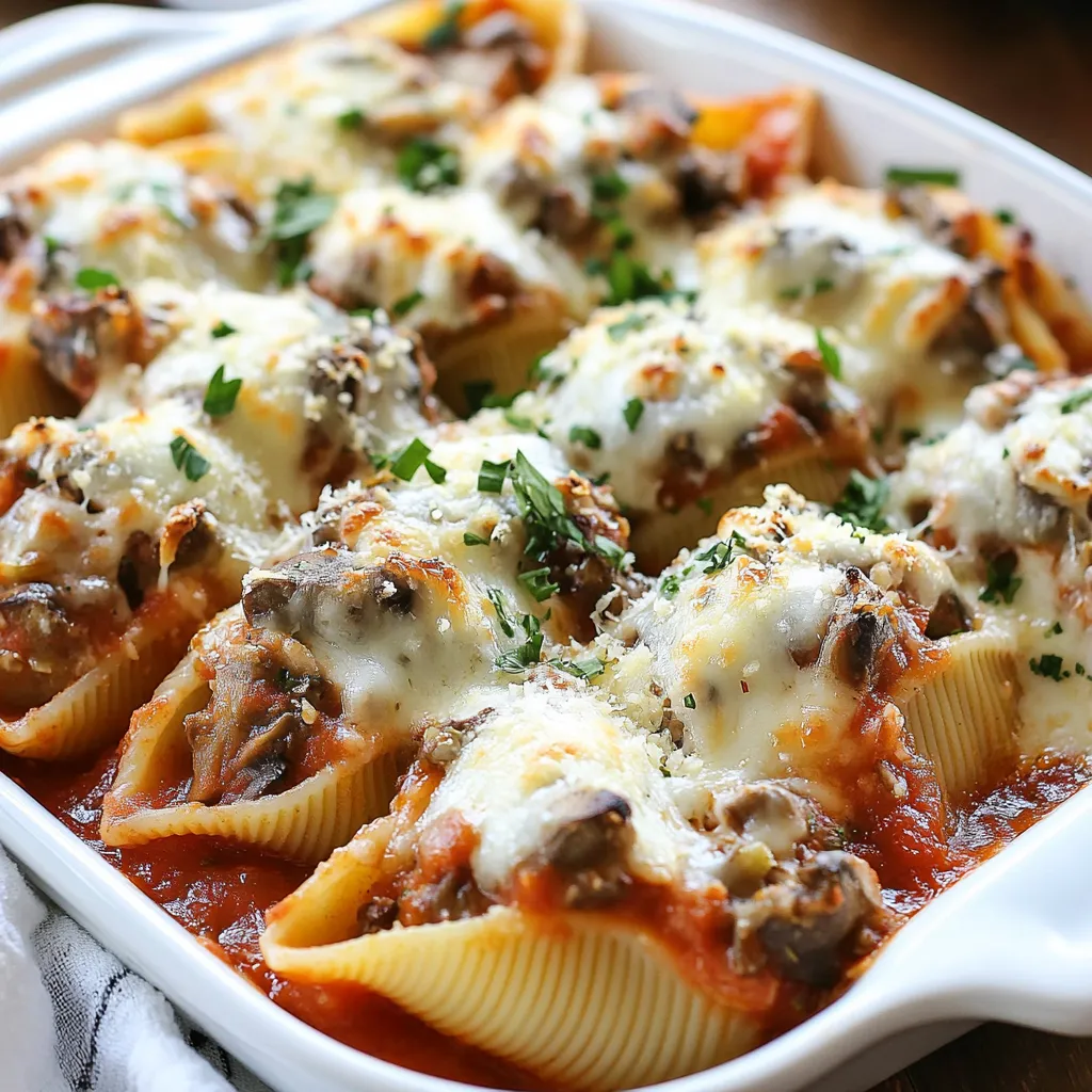 - 20 jumbo pasta shells - 2 cups mushrooms, finely chopped - 4 cloves garlic, minced - 1 cup ricotta cheese - 1 cup mozzarella cheese, shredded - 1/2 cup grated Parmesan cheese - 1 egg, lightly beaten - 2 tablespoons fresh parsley, chopped - 1 teaspoon dried Italian seasoning - Salt and pepper to taste - 2 cups marinara sauce - Olive oil for sautéing Each ingredient plays a vital role in flavor and texture. Jumbo pasta shells provide a sturdy base for the filling. Mushrooms bring a rich, earthy taste. Garlic adds a sharp kick that brightens the dish. Ricotta cheese gives a creamy texture, while mozzarella melts beautifully on top. Parmesan cheese adds a salty depth. The egg binds the filling together. Fresh parsley adds a pop of color and freshness. Italian seasoning infuses classic flavors. Salt and pepper enhance every bite. Marinara sauce ties everything together with its tangy goodness. Olive oil is essential for sautéing and adds a hint of richness. You can switch up the mushrooms. Try shiitake or portobello for a different flavor. Use spinach or kale for added greens. For a vegan option, swap ricotta for tofu or a nut-based cheese. If you want more heat, add red pepper flakes to the filling. For a twist, mix in sun-dried tomatoes or artichokes. You can also use different cheeses—like gouda or feta—for a unique taste. {{ingredient_image_1}} To start, gather all your ingredients. You will need jumbo pasta shells, mushrooms, garlic, ricotta, mozzarella, Parmesan, an egg, parsley, Italian seasoning, salt, pepper, marinara sauce, and olive oil. 1. Preheat your oven to 375°F (190°C). This helps the shells bake evenly. 2. Cook the jumbo pasta shells as per the package. Aim for al dente. Drain and let them cool slightly. 3. Heat 2 tablespoons of olive oil in a large skillet over medium heat. Add the finely chopped mushrooms and sauté for 5-7 minutes. Cook until they are soft and their moisture is gone. 4. Add the minced garlic to the skillet and cook for 1-2 more minutes. You want to smell that garlic! Then, remove from heat and let cool just a bit. 5. In a mixing bowl, combine ricotta, half of the mozzarella, half of the Parmesan, the beaten egg, sautéed mushroom and garlic, parsley, Italian seasoning, salt, and pepper. Mix well until it’s all combined. 6. Carefully spoon the filling into each cooked pasta shell. Place the filled shells in a single layer in a large baking dish. Now it’s time to bake! 1. Pour marinara sauce evenly over the stuffed shells. Make sure they are fully coated. 2. Sprinkle the rest of the mozzarella and Parmesan cheese on top. 3. Cover your baking dish with aluminum foil. Ensure the foil doesn’t touch the cheese to prevent sticking. 4. Bake in your preheated oven for 20 minutes. 5. After 20 minutes, remove the foil. Bake for another 10-15 minutes until the cheese is bubbly and golden brown. 6. Let the dish cool for a few minutes before you serve. When serving, place the stuffed shells on a large platter. Garnish with more chopped parsley for color and a drizzle of olive oil for flavor. This adds a touch of elegance to your meal. Enjoy your delicious Garlic Mushroom Stuffed Shells! Start with fresh mushrooms. I love using cremini or button mushrooms. They add great flavor. Heat olive oil in a skillet over medium heat. Add chopped mushrooms and stir them gently. Cook for about 5-7 minutes. This helps them soften and lose moisture. To make them even tastier, add minced garlic after the mushrooms. Cook for 1-2 minutes until fragrant. This step boosts the flavor in your filling. Let the mixture cool a bit before adding it to your cheese mix. Cheese is key for stuffed shells. I use ricotta for creaminess. Mozzarella gives a nice stretch and flavor. Parmesan adds a salty punch. You can mix it up too. Try feta for a tangy twist or goat cheese for a richer taste. Use your favorite cheese to make this dish your own. To avoid stuck shells, coat them well with sauce. Pour marinara evenly over the stuffed shells before baking. Cover the baking dish with foil. Make sure the foil does not touch the cheese. This helps prevent sticking. Remove the foil later for that golden, bubbly cheese. This technique makes your dish look and taste great. Pro Tips Use Fresh Herbs: Fresh parsley enhances the flavor of your stuffed shells. Consider adding fresh basil or thyme for an extra layer of taste. Make It Vegetarian: To keep the dish vegetarian, ensure the marinara sauce is meat-free. You can also add spinach or other vegetables to the filling for added nutrition. Cheese Variations: Experiment with different cheeses such as goat cheese or feta for a unique flavor profile. Mixing cheeses can add complexity to the dish. Freezer Friendly: These stuffed shells can be prepared in advance and frozen. Just bake them straight from the freezer, adding a few extra minutes to the cooking time. {{image_2}} For a vegetarian twist, keep the original recipe. If you want a vegan version, swap ricotta and mozzarella with plant-based cheeses. Use a flax egg or a chia egg instead of the regular egg. These changes make the dish meat-free and dairy-free, while still being tasty. You can also add more veggies, like spinach or bell peppers, for extra nutrition and flavor. To make this dish gluten-free, choose gluten-free jumbo pasta shells. Many brands offer these now. Make sure your marinara sauce is gluten-free too. You can also create a base from zucchini or eggplant. Just slice them thin and layer them like shells. This gives you the same great taste without gluten. Want to add more flavor? Try sautéing onions with the mushrooms. Onion gives a nice sweetness. You can also add red pepper flakes for heat. For a rich taste, mix in some sun-dried tomatoes or artichoke hearts. Fresh herbs like basil or thyme can brighten the dish. Don’t be shy to experiment! After enjoying your garlic mushroom stuffed shells, store any leftovers in an airtight container. Let the shells cool to room temperature first. Then, place them in the fridge. They will stay fresh for up to three days. Make sure to cover the container well to keep them from drying out. If you want to save some for later, freezing is a great option. Wrap the stuffed shells tightly in plastic wrap. Then, place them in a freezer-safe bag or container. They can last up to three months in the freezer. To avoid freezer burn, remove as much air as possible from the bag. When you’re ready to eat your leftovers, reheat them in the oven for the best taste. Preheat the oven to 350°F (175°C). Place the stuffed shells in a baking dish and cover with foil. Heat for about 20 minutes, or until they’re hot throughout. You can also reheat them in the microwave, but they may not be as crispy. Just heat for 2-3 minutes, checking often to avoid overcooking. Enjoy your tasty meal again! Yes, you can prepare these stuffed shells in advance. Cook the shells and fill them with the mixture. Place them in a baking dish, cover, and refrigerate. You can do this up to 24 hours ahead. When you’re ready to bake, just pour the marinara sauce on top and bake as directed. This saves time on busy nights and lets the flavors meld. To reheat stuffed shells, preheat your oven to 350°F (175°C). Place the stuffed shells in a baking dish. Add a bit of marinara sauce on top to keep them moist. Cover with foil to prevent drying out. Bake for about 20-25 minutes, or until heated through. You can also microwave them. Heat for 2-3 minutes, checking often. You can make Garlic Mushroom Stuffed Shells healthier by swapping some ingredients. Use whole wheat pasta shells for more fiber. Choose low-fat ricotta and mozzarella cheese to cut down on fat. You can also add more veggies, like spinach or zucchini, to boost nutrition. Reducing the cheese can also make this dish lighter while still delicious. This blog post covered garlic mushroom stuffed shells from start to finish. We discussed ingredients, cooking steps, and tips for success. You can now customize your dish with variations to fit your taste. Storing leftovers is easy, and we answered common questions to clear up any doubts. Remember, making stuffed shells can be fun and rewarding. Experiment with flavors and share your creations with others!
