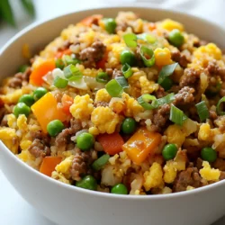 - 1 medium head of cauliflower, riced (about 4 cups) - 1 lb ground beef - 2 tablespoons sesame oil - 2 cloves garlic, minced - 1 small onion, diced - 1 cup mixed bell peppers, diced (red, yellow, green) - 1 cup green peas (fresh or frozen) - 2 tablespoons soy sauce (or coconut aminos for a soy-free version) - 2 large eggs, beaten - Salt and pepper to taste - Green onions, sliced (for garnish) This dish is low in carbs and high in protein. Each serving has roughly: - Calories: 350 - Protein: 28g - Fat: 22g - Carbohydrates: 12g - Fiber: 4g This makes it a great option for those on a keto diet. You get healthy fats and protein while staying within your carb limit. To make this dish, you need a few tools: - A large skillet or wok for cooking - A food processor or grater to rice the cauliflower - A spatula for mixing and serving - A slotted spoon for removing the beef These tools will help you cook efficiently. Plus, they make cleanup easier! {{ingredient_image_1}} First, you need to rice the cauliflower. Take a medium head of cauliflower, and use a grater or a food processor. Aim for small, rice-like pieces. This step is key for that perfect texture. Once done, set the riced cauliflower aside. It will be the base of your dish. Next, heat 1 tablespoon of sesame oil in a large skillet or wok over medium-high heat. Add 1 pound of ground beef to the pan. Cook it well until it turns brown. Use a spatula to break it apart. This keeps it nice and crumbly. Once browned, use a slotted spoon to take the beef out. Set it aside, leaving the fat in the skillet. Now, add the remaining tablespoon of sesame oil to the same skillet. Toss in the diced onion and minced garlic. Sauté them for about 2 minutes. You want them to smell nice and fragrant. After that, add 1 cup of diced bell peppers and 1 cup of green peas. Cook for 3-4 minutes. They should be tender but not mushy. Push the veggies to one side of the skillet. Pour 2 beaten eggs into the empty space. Scramble them until fully cooked. Once the eggs are done, mix everything together. Stir in the riced cauliflower and the cooked ground beef. Drizzle 2 tablespoons of soy sauce over the mix. Stir well, letting all the flavors combine for 3-5 minutes. Taste your dish and season with salt and pepper as desired. Once everything is well-mixed and heated, remove it from the heat. Garnish with sliced green onions. Your Keto Beef Cauliflower Fried Rice is now ready to serve! Enjoy this quick, healthy meal. To rice cauliflower, first wash it well. Remove the leaves and stem. Cut it into florets. Next, use a food processor or a box grater. Pulse or grate until it looks like rice. If you use a food processor, don’t overdo it. You want it fluffy, not mushy. After ricing, let it dry for a few minutes. This step helps avoid watery fried rice. You can add your favorite flavors to this dish. Try different sauces like teriyaki or hoisin sauce. For a spicy kick, add some chili flakes or sriracha. You can also throw in some ginger for a fresh taste. If you like herbs, fresh cilantro or basil can add a nice touch. Experiment with seasonings to find what you enjoy most. One common mistake is overcooking the cauliflower. It should stay firm, not soggy. Another mistake is not seasoning enough. Taste your dish as you cook. Adjust salt and pepper to enhance flavors. Don’t forget to let the beef brown well. This step adds depth and richness. Lastly, use a large skillet to avoid overcrowding. This helps everything cook evenly. Pro Tips Rice the Cauliflower Properly: Make sure to rice the cauliflower until it's finely chopped to resemble traditional rice for the best texture. Use High Heat: Cooking the beef and vegetables over high heat helps to achieve a nice sear and keeps the ingredients from becoming mushy. Customize the Veggies: Feel free to add or substitute with your favorite low-carb vegetables such as zucchini or broccoli for added nutrition and flavor. Garnish for Flavor: Don't skip the green onions; they add a fresh crunch and enhance the overall flavor of the dish. {{image_2}} You can change the meat in this dish to fit your taste. Ground turkey or chicken works well. If you want something different, use shrimp or tofu. Each protein adds its own flavor. You can also try beef tips or steak bites for a richer taste. These options keep the meal fun and tasty. Feel free to swap out any veggies. Broccoli, zucchini, or carrots can replace bell peppers. You can also add mushrooms for a meaty taste. If you enjoy leafy greens, spinach or kale are great choices. Just remember to chop them small so they mix well. This dish is all about your preferences. Want more heat? Add chili flakes or sriracha to the mix. You can also include diced jalapeños for a fresh kick. If you prefer milder flavors, skip the hot spices. Instead, add a touch of ginger for warmth. Adjust the spice to suit your taste buds and enjoy! To store your Keto Beef Cauliflower Fried Rice, let it cool first. Then, place it in an airtight container. This keeps the flavors fresh. You can store it in the fridge for up to four days. Just make sure it is sealed well to avoid any odors. If you want to save it for later, freezing is a great option. Divide the dish into portions. Use freezer-safe bags or containers. Make sure to remove as much air as possible. This helps prevent freezer burn. You can freeze it for up to three months. Label the bags with the date. When you're ready to eat, thaw the rice in the fridge overnight. For quick reheating, use the microwave. Heat it on medium power for about two to three minutes. Stir halfway for even warming. You can also reheat it in a skillet over medium heat. Add a splash of water or oil to keep it moist. Enjoy your meal again! Yes, you can use frozen cauliflower rice. It saves time and is easy to find. Just thaw it first. Drain any excess water to avoid a soggy dish. Cook it for a shorter time since it's already prepped. Yes, this recipe can be gluten-free. Use coconut aminos instead of soy sauce. Check that your ingredients are gluten-free. Ground beef and vegetables are naturally gluten-free. Enjoy your meal worry-free! This dish is low in carbs. One serving has about 7 grams of net carbs. Most of the carbs come from vegetables. This makes it great for a keto diet. You can enjoy this tasty meal while staying on track! In this blog post, we covered how to make Keto Beef Cauliflower Fried Rice. You learned about the key ingredients and tools needed for prep. I gave you step-by-step directions for cooking and mixing. Also, we explored tips for perfecting cauliflower rice and ways to customize the dish. Remember, avoid common mistakes and experiment with different proteins and spices. Storing leftovers is easy with proper instructions. Enjoy creating this healthy meal, and feel free to refer back whenever you need guidance!