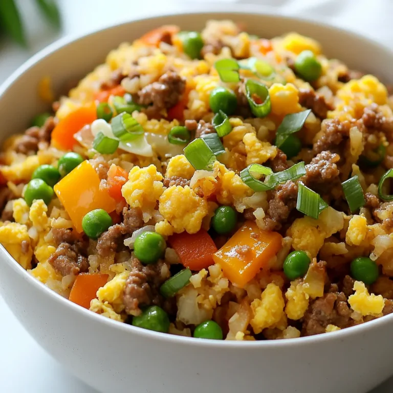 - 1 medium head of cauliflower, riced (about 4 cups) - 1 lb ground beef - 2 tablespoons sesame oil - 2 cloves garlic, minced - 1 small onion, diced - 1 cup mixed bell peppers, diced (red, yellow, green) - 1 cup green peas (fresh or frozen) - 2 tablespoons soy sauce (or coconut aminos for a soy-free version) - 2 large eggs, beaten - Salt and pepper to taste - Green onions, sliced (for garnish) This dish is low in carbs and high in protein. Each serving has roughly: - Calories: 350 - Protein: 28g - Fat: 22g - Carbohydrates: 12g - Fiber: 4g This makes it a great option for those on a keto diet. You get healthy fats and protein while staying within your carb limit. To make this dish, you need a few tools: - A large skillet or wok for cooking - A food processor or grater to rice the cauliflower - A spatula for mixing and serving - A slotted spoon for removing the beef These tools will help you cook efficiently. Plus, they make cleanup easier! {{ingredient_image_1}} First, you need to rice the cauliflower. Take a medium head of cauliflower, and use a grater or a food processor. Aim for small, rice-like pieces. This step is key for that perfect texture. Once done, set the riced cauliflower aside. It will be the base of your dish. Next, heat 1 tablespoon of sesame oil in a large skillet or wok over medium-high heat. Add 1 pound of ground beef to the pan. Cook it well until it turns brown. Use a spatula to break it apart. This keeps it nice and crumbly. Once browned, use a slotted spoon to take the beef out. Set it aside, leaving the fat in the skillet. Now, add the remaining tablespoon of sesame oil to the same skillet. Toss in the diced onion and minced garlic. Sauté them for about 2 minutes. You want them to smell nice and fragrant. After that, add 1 cup of diced bell peppers and 1 cup of green peas. Cook for 3-4 minutes. They should be tender but not mushy. Push the veggies to one side of the skillet. Pour 2 beaten eggs into the empty space. Scramble them until fully cooked. Once the eggs are done, mix everything together. Stir in the riced cauliflower and the cooked ground beef. Drizzle 2 tablespoons of soy sauce over the mix. Stir well, letting all the flavors combine for 3-5 minutes. Taste your dish and season with salt and pepper as desired. Once everything is well-mixed and heated, remove it from the heat. Garnish with sliced green onions. Your Keto Beef Cauliflower Fried Rice is now ready to serve! Enjoy this quick, healthy meal. To rice cauliflower, first wash it well. Remove the leaves and stem. Cut it into florets. Next, use a food processor or a box grater. Pulse or grate until it looks like rice. If you use a food processor, don’t overdo it. You want it fluffy, not mushy. After ricing, let it dry for a few minutes. This step helps avoid watery fried rice. You can add your favorite flavors to this dish. Try different sauces like teriyaki or hoisin sauce. For a spicy kick, add some chili flakes or sriracha. You can also throw in some ginger for a fresh taste. If you like herbs, fresh cilantro or basil can add a nice touch. Experiment with seasonings to find what you enjoy most. One common mistake is overcooking the cauliflower. It should stay firm, not soggy. Another mistake is not seasoning enough. Taste your dish as you cook. Adjust salt and pepper to enhance flavors. Don’t forget to let the beef brown well. This step adds depth and richness. Lastly, use a large skillet to avoid overcrowding. This helps everything cook evenly. Pro Tips Rice the Cauliflower Properly: Make sure to rice the cauliflower until it's finely chopped to resemble traditional rice for the best texture. Use High Heat: Cooking the beef and vegetables over high heat helps to achieve a nice sear and keeps the ingredients from becoming mushy. Customize the Veggies: Feel free to add or substitute with your favorite low-carb vegetables such as zucchini or broccoli for added nutrition and flavor. Garnish for Flavor: Don't skip the green onions; they add a fresh crunch and enhance the overall flavor of the dish. {{image_2}} You can change the meat in this dish to fit your taste. Ground turkey or chicken works well. If you want something different, use shrimp or tofu. Each protein adds its own flavor. You can also try beef tips or steak bites for a richer taste. These options keep the meal fun and tasty. Feel free to swap out any veggies. Broccoli, zucchini, or carrots can replace bell peppers. You can also add mushrooms for a meaty taste. If you enjoy leafy greens, spinach or kale are great choices. Just remember to chop them small so they mix well. This dish is all about your preferences. Want more heat? Add chili flakes or sriracha to the mix. You can also include diced jalapeños for a fresh kick. If you prefer milder flavors, skip the hot spices. Instead, add a touch of ginger for warmth. Adjust the spice to suit your taste buds and enjoy! To store your Keto Beef Cauliflower Fried Rice, let it cool first. Then, place it in an airtight container. This keeps the flavors fresh. You can store it in the fridge for up to four days. Just make sure it is sealed well to avoid any odors. If you want to save it for later, freezing is a great option. Divide the dish into portions. Use freezer-safe bags or containers. Make sure to remove as much air as possible. This helps prevent freezer burn. You can freeze it for up to three months. Label the bags with the date. When you're ready to eat, thaw the rice in the fridge overnight. For quick reheating, use the microwave. Heat it on medium power for about two to three minutes. Stir halfway for even warming. You can also reheat it in a skillet over medium heat. Add a splash of water or oil to keep it moist. Enjoy your meal again! Yes, you can use frozen cauliflower rice. It saves time and is easy to find. Just thaw it first. Drain any excess water to avoid a soggy dish. Cook it for a shorter time since it's already prepped. Yes, this recipe can be gluten-free. Use coconut aminos instead of soy sauce. Check that your ingredients are gluten-free. Ground beef and vegetables are naturally gluten-free. Enjoy your meal worry-free! This dish is low in carbs. One serving has about 7 grams of net carbs. Most of the carbs come from vegetables. This makes it great for a keto diet. You can enjoy this tasty meal while staying on track! In this blog post, we covered how to make Keto Beef Cauliflower Fried Rice. You learned about the key ingredients and tools needed for prep. I gave you step-by-step directions for cooking and mixing. Also, we explored tips for perfecting cauliflower rice and ways to customize the dish. Remember, avoid common mistakes and experiment with different proteins and spices. Storing leftovers is easy with proper instructions. Enjoy creating this healthy meal, and feel free to refer back whenever you need guidance!
