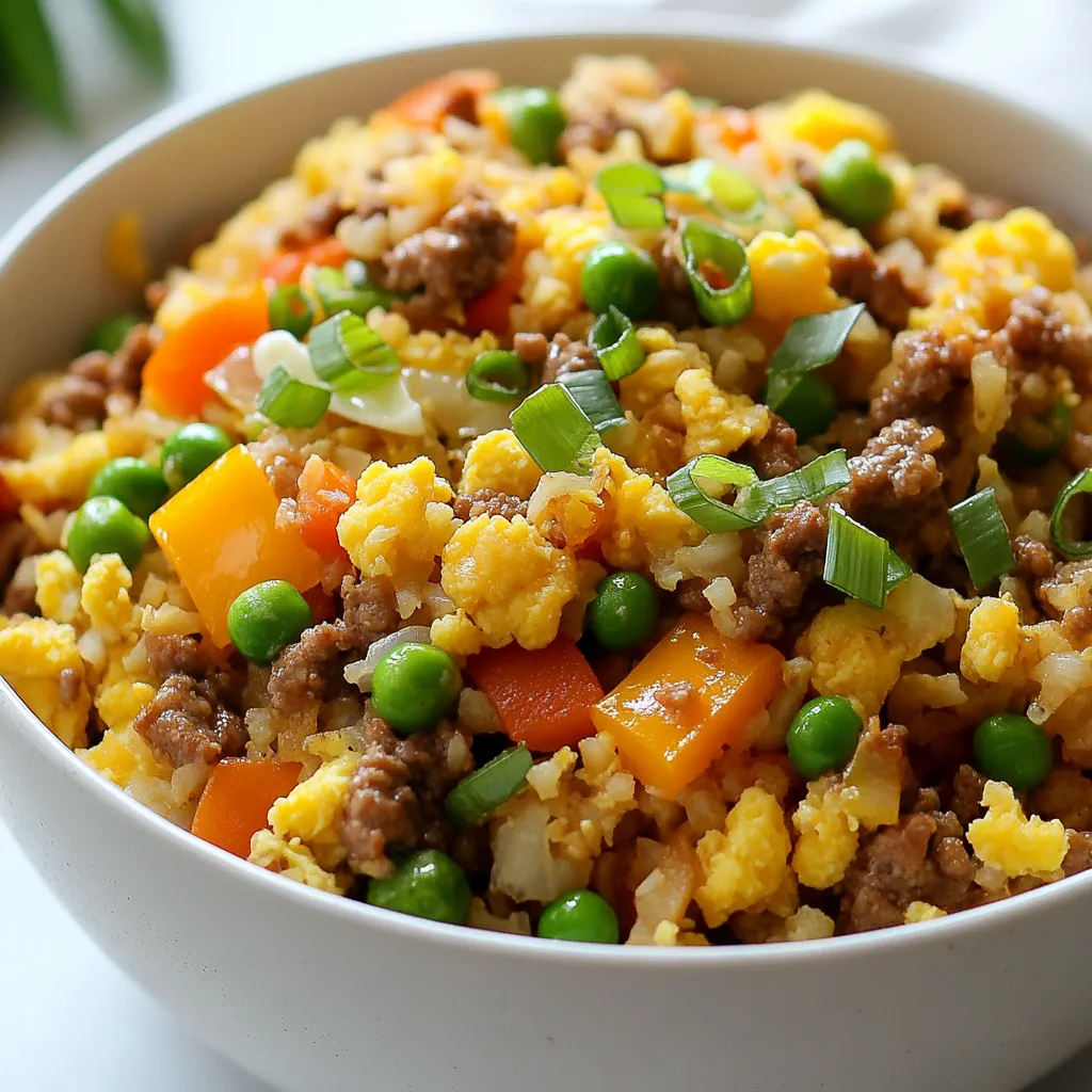 - 1 medium head of cauliflower, riced (about 4 cups) - 1 lb ground beef - 2 tablespoons sesame oil - 2 cloves garlic, minced - 1 small onion, diced - 1 cup mixed bell peppers, diced (red, yellow, green) - 1 cup green peas (fresh or frozen) - 2 tablespoons soy sauce (or coconut aminos for a soy-free version) - 2 large eggs, beaten - Salt and pepper to taste - Green onions, sliced (for garnish) This dish is low in carbs and high in protein. Each serving has roughly: - Calories: 350 - Protein: 28g - Fat: 22g - Carbohydrates: 12g - Fiber: 4g This makes it a great option for those on a keto diet. You get healthy fats and protein while staying within your carb limit. To make this dish, you need a few tools: - A large skillet or wok for cooking - A food processor or grater to rice the cauliflower - A spatula for mixing and serving - A slotted spoon for removing the beef These tools will help you cook efficiently. Plus, they make cleanup easier! {{ingredient_image_1}} First, you need to rice the cauliflower. Take a medium head of cauliflower, and use a grater or a food processor. Aim for small, rice-like pieces. This step is key for that perfect texture. Once done, set the riced cauliflower aside. It will be the base of your dish. Next, heat 1 tablespoon of sesame oil in a large skillet or wok over medium-high heat. Add 1 pound of ground beef to the pan. Cook it well until it turns brown. Use a spatula to break it apart. This keeps it nice and crumbly. Once browned, use a slotted spoon to take the beef out. Set it aside, leaving the fat in the skillet. Now, add the remaining tablespoon of sesame oil to the same skillet. Toss in the diced onion and minced garlic. Sauté them for about 2 minutes. You want them to smell nice and fragrant. After that, add 1 cup of diced bell peppers and 1 cup of green peas. Cook for 3-4 minutes. They should be tender but not mushy. Push the veggies to one side of the skillet. Pour 2 beaten eggs into the empty space. Scramble them until fully cooked. Once the eggs are done, mix everything together. Stir in the riced cauliflower and the cooked ground beef. Drizzle 2 tablespoons of soy sauce over the mix. Stir well, letting all the flavors combine for 3-5 minutes. Taste your dish and season with salt and pepper as desired. Once everything is well-mixed and heated, remove it from the heat. Garnish with sliced green onions. Your Keto Beef Cauliflower Fried Rice is now ready to serve! Enjoy this quick, healthy meal. To rice cauliflower, first wash it well. Remove the leaves and stem. Cut it into florets. Next, use a food processor or a box grater. Pulse or grate until it looks like rice. If you use a food processor, don’t overdo it. You want it fluffy, not mushy. After ricing, let it dry for a few minutes. This step helps avoid watery fried rice. You can add your favorite flavors to this dish. Try different sauces like teriyaki or hoisin sauce. For a spicy kick, add some chili flakes or sriracha. You can also throw in some ginger for a fresh taste. If you like herbs, fresh cilantro or basil can add a nice touch. Experiment with seasonings to find what you enjoy most. One common mistake is overcooking the cauliflower. It should stay firm, not soggy. Another mistake is not seasoning enough. Taste your dish as you cook. Adjust salt and pepper to enhance flavors. Don’t forget to let the beef brown well. This step adds depth and richness. Lastly, use a large skillet to avoid overcrowding. This helps everything cook evenly. Pro Tips Rice the Cauliflower Properly: Make sure to rice the cauliflower until it's finely chopped to resemble traditional rice for the best texture. Use High Heat: Cooking the beef and vegetables over high heat helps to achieve a nice sear and keeps the ingredients from becoming mushy. Customize the Veggies: Feel free to add or substitute with your favorite low-carb vegetables such as zucchini or broccoli for added nutrition and flavor. Garnish for Flavor: Don't skip the green onions; they add a fresh crunch and enhance the overall flavor of the dish. {{image_2}} You can change the meat in this dish to fit your taste. Ground turkey or chicken works well. If you want something different, use shrimp or tofu. Each protein adds its own flavor. You can also try beef tips or steak bites for a richer taste. These options keep the meal fun and tasty. Feel free to swap out any veggies. Broccoli, zucchini, or carrots can replace bell peppers. You can also add mushrooms for a meaty taste. If you enjoy leafy greens, spinach or kale are great choices. Just remember to chop them small so they mix well. This dish is all about your preferences. Want more heat? Add chili flakes or sriracha to the mix. You can also include diced jalapeños for a fresh kick. If you prefer milder flavors, skip the hot spices. Instead, add a touch of ginger for warmth. Adjust the spice to suit your taste buds and enjoy! To store your Keto Beef Cauliflower Fried Rice, let it cool first. Then, place it in an airtight container. This keeps the flavors fresh. You can store it in the fridge for up to four days. Just make sure it is sealed well to avoid any odors. If you want to save it for later, freezing is a great option. Divide the dish into portions. Use freezer-safe bags or containers. Make sure to remove as much air as possible. This helps prevent freezer burn. You can freeze it for up to three months. Label the bags with the date. When you're ready to eat, thaw the rice in the fridge overnight. For quick reheating, use the microwave. Heat it on medium power for about two to three minutes. Stir halfway for even warming. You can also reheat it in a skillet over medium heat. Add a splash of water or oil to keep it moist. Enjoy your meal again! Yes, you can use frozen cauliflower rice. It saves time and is easy to find. Just thaw it first. Drain any excess water to avoid a soggy dish. Cook it for a shorter time since it's already prepped. Yes, this recipe can be gluten-free. Use coconut aminos instead of soy sauce. Check that your ingredients are gluten-free. Ground beef and vegetables are naturally gluten-free. Enjoy your meal worry-free! This dish is low in carbs. One serving has about 7 grams of net carbs. Most of the carbs come from vegetables. This makes it great for a keto diet. You can enjoy this tasty meal while staying on track! In this blog post, we covered how to make Keto Beef Cauliflower Fried Rice. You learned about the key ingredients and tools needed for prep. I gave you step-by-step directions for cooking and mixing. Also, we explored tips for perfecting cauliflower rice and ways to customize the dish. Remember, avoid common mistakes and experiment with different proteins and spices. Storing leftovers is easy with proper instructions. Enjoy creating this healthy meal, and feel free to refer back whenever you need guidance!