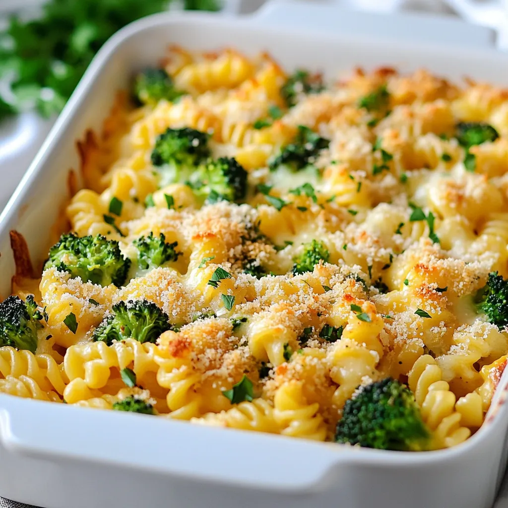 - Chicken - Broccoli - Pasta - Cheese varieties (mozzarella, cheddar) - Cream of chicken soup - Garlic powder - Onion powder - Red pepper flakes - Olive oil For this Chicken and Broccoli Pasta Bake, we need a few key items. First, you will want cooked chicken. You can use leftover chicken or rotisserie chicken for ease. Next, fresh broccoli adds a nice crunch and color. You can use two cups of fresh florets for this recipe. The pasta is the heart of this dish. Both penne or fusilli work well. Cook two cups of pasta until al dente. You also need cheese. I recommend one cup of shredded mozzarella and one cup of cheddar. These cheeses melt beautifully, giving a creamy texture. Lastly, a cup of cream of chicken soup binds everything together. For added flavor, consider using some optional pantry staples. Garlic powder and onion powder give a nice base flavor. If you like some heat, add red pepper flakes. A drizzle of olive oil helps crisp the topping. These ingredients create a warm, cheesy meal that feels like a hug in a bowl. {{ingredient_image_1}} 1. Preheat your oven to 375°F (190°C). This step helps ensure even cooking. 2. Fill a large pot with water and bring it to a boil. Add the fresh broccoli florets. Blanch them for about 2 minutes until they turn bright green. Drain the broccoli and set it aside. This process keeps the broccoli crisp and vibrant. 1. In a mixing bowl, combine the cooked pasta, shredded chicken, and blanched broccoli. Add the mozzarella cheese and half of the cheddar cheese. Mix well to combine. This blend creates a rich, cheesy base. 2. In another bowl, whisk together the cream of chicken soup, milk, garlic powder, onion powder, salt, and pepper. If you want some heat, add red pepper flakes. Pour the sauce mixture into the pasta mixture. Stir until everything is well combined. This sauce adds flavor and creaminess to the bake. 1. Transfer the pasta mixture into a greased 9x13 inch baking dish. Spread it out evenly. This ensures every bite gets flavor. 2. In a separate bowl, mix the breadcrumbs with olive oil and the remaining cheddar cheese. Sprinkle this mixture evenly over the pasta bake. This topping will get crispy and golden. 3. Bake in the preheated oven for 25-30 minutes. Keep an eye on it until the top is golden brown and the cheese is bubbly. This step makes the dish delicious and inviting. 4. Once done, take it out of the oven. Let it rest for about 5-10 minutes. Garnish with freshly chopped parsley before serving. This adds a touch of color and freshness. - Blanching broccoli correctly Blanching broccoli gives it a bright green color and keeps it crisp. Bring water to a boil. Add the fresh broccoli florets and cook them for just two minutes. Drain them right away. This quick cooking helps keep the nutrients in the broccoli. - How to avoid dry pasta To avoid dry pasta, cook it until it is al dente. This means it should still have a little firmness. Mix the pasta with the creamy sauce right after cooking. This adds moisture and flavor. Make sure the sauce covers all the pasta and chicken well. - Pairing options with side dishes This dish pairs well with a simple green salad or garlic bread. A fresh salad adds crunch and brightness. Garlic bread is perfect for soaking up extra sauce. You can also serve it with roasted vegetables for a colorful plate. - Garnishing ideas For a nice touch, sprinkle chopped fresh parsley on top. It adds color and freshness. You can also use grated Parmesan cheese for extra flavor. A few red pepper flakes can add a spicy kick if you like heat. Pro Tips Use Rotisserie Chicken: For a quicker preparation, use store-bought rotisserie chicken. It saves time and adds great flavor. Customize Your Veggies: Feel free to add other vegetables like bell peppers or spinach for extra color and nutrition. Make it Ahead: Prepare the pasta bake in advance and refrigerate it. Just bake it when you're ready to serve! Cheese Variations: Experiment with different cheese combinations like pepper jack or gouda for a unique twist on flavor. {{image_2}} For those who need gluten-free options, use gluten-free pasta. Many brands offer great choices that cook just like regular pasta. You can also swap the cream of chicken soup for a gluten-free version. This keeps the bake tasty without any gluten. If you want a dairy-free meal, choose dairy-free cheese. There are many brands that melt well and taste great. For the cream of chicken soup, use a dairy-free soup or a homemade version made with coconut milk. This keeps your meal creamy and delicious. You can add fun spices to change the flavor. Try adding Italian herbs like oregano or basil. A dash of smoked paprika can give a nice twist too. If you like heat, add more red pepper flakes. Using different vegetables is a great way to mix things up. Spinach or bell peppers can work well. If you want to switch proteins, try turkey or even tofu. This keeps your dish fresh and exciting every time you make it. When you have leftovers of Chicken and Broccoli Pasta Bake, store them in an airtight container. This keeps the dish fresh and prevents it from drying out. Make sure to cool the dish to room temperature before sealing it up. For the best flavor, eat the leftovers within 3 to 4 days. If you want to keep it longer, consider freezing it. To freeze, place the pasta bake in a freezer-safe container. You can also wrap it tightly in plastic wrap and then aluminum foil. This extra layer helps avoid freezer burn. For best results, consume frozen leftovers within 2 to 3 months. To reheat your Chicken and Broccoli Pasta Bake, the oven works best. Preheat your oven to 350°F (175°C). Place the pasta bake in a baking dish and cover it with foil. This helps keep the moisture in, so it doesn’t dry out. Heat for about 20-25 minutes or until it’s warmed through. If you prefer the microwave, use it with caution. Place a portion in a microwave-safe bowl and cover it. Heat it in short bursts, stirring in between. This ensures even heating and helps maintain texture. Enjoy your delicious meal just like fresh! Can I use frozen broccoli instead of fresh? Yes, you can use frozen broccoli. Just steam it before adding it to the mix for better texture. How long can leftovers be stored? Store leftovers in the fridge for up to three days. Make sure to keep it in a sealed container. What can I substitute for cream of chicken soup? You can use cream of mushroom soup or a homemade white sauce. Both will work well in this dish. Can I make this dish ahead of time? Absolutely! You can prepare it a day in advance. Just cover it and store it in the fridge. What side dishes pair well with this bake? Serve it with a fresh salad or garlic bread. They add nice contrast to the meal. This Chicken and Broccoli Pasta Bake combines simple ingredients for a tasty meal. We covered the main ingredients like chicken, broccoli, pasta, and various cheeses. I shared tips for perfect pasta and storage info to keep it fresh. You can make this dish your own by adapting flavors or dietary needs. Enjoy easy reheating methods and serving ideas. Feel free to explore variations and make this dish fit your taste and lifestyle. I hope this recipe becomes a go-to in your kitchen. Now, it’s time to get cooking!