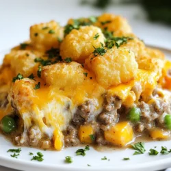 - 1 pound ground beef or turkey - 1 can (10.5 oz) cream of mushroom soup - 1 cup frozen mixed vegetables (peas, corn, carrots) The main ingredients set the base for the dish. Ground beef or turkey gives it a hearty taste. Cream of mushroom soup adds creaminess and flavor. The frozen mixed vegetables bring color and nutrition. You can mix it all easily and create a tasty meal. - Different types of cheese - Variations in ground meat You can personalize this casserole with cheese. Cheddar is classic, but mozzarella or pepper jack can add fun. You can also change the meat. Use chicken or even a meat substitute for a twist. This allows you to cater to your taste. - 1 teaspoon Worcestershire sauce - 1/2 teaspoon garlic powder - 1/2 teaspoon onion powder - Fresh herbs for garnish Seasonings are important for flavor. Worcestershire sauce adds depth. Garlic and onion powder enhance the taste. Fresh herbs like parsley can brighten up the dish when you serve it. These little touches make each bite special. {{ingredient_image_1}} - Preheat your oven to 350°F (175°C). This is an important first step. - In a large skillet over medium heat, cook 1 pound of ground beef or turkey. Stir until it turns brown. If there's extra fat, drain it. - Add 1 chopped onion and 2 minced garlic cloves to the skillet. Cook until the onion looks clear, about 3-4 minutes. - Stir in 1 can of cream of mushroom soup and 1 cup of frozen mixed vegetables. - Add 1 teaspoon of Worcestershire sauce, 1/2 teaspoon of garlic powder, and 1/2 teaspoon of onion powder. Mix well. - Season with salt and pepper to taste. Make sure everything is combined and heated through. - Transfer this mixture to a greased 9x13 inch baking dish. - Sprinkle 1 cup of shredded cheddar cheese evenly over the meat mixture. - Carefully arrange 1 bag of frozen tater tots in a single layer on top of the cheese. - Bake in the preheated oven for 30-35 minutes. Look for golden brown, crispy tater tots. - After baking, remove the dish from the oven and let it cool slightly. - If you like, garnish with fresh parsley before serving. To avoid soggy tater tots, start with a hot oven. Preheat it to 350°F (175°C). This helps the tots crisp up. Bake them for 30 to 35 minutes. A good layer of cheese also helps keep moisture in check. For even cooking, spread the tater tots in a single layer. Do not stack them. This allows hot air to reach all sides. Stir the meat and veggies well before adding the tots. This ensures all flavors mix nicely. Balancing seasonings is key. Use salt and pepper to taste, but don’t overdo it. Worcestershire sauce adds depth. Garlic and onion powder enhance the flavor. Use them wisely. For spice level, consider adding red pepper flakes. If you like heat, try jalapeños or diced green chiles. These small changes create a big impact. Plating can make your dish shine. Use a large spoon to serve. Make sure to show off those golden tots. Sprinkle fresh parsley on top for color. It makes everything look nice and fresh. To round out the meal, serve with a simple salad. A green salad adds crunch and freshness. You can also pair it with some warm bread. This balance makes the meal more satisfying. Pro Tips Use lean meat: Opt for lean ground beef or turkey to reduce excess grease and make the dish lighter. Customize your veggies: Feel free to swap in your favorite frozen or fresh vegetables to suit your taste. Cheese variations: Experiment with different types of cheese like Monterey Jack or pepper jack for extra flavor. Make it ahead: This casserole can be prepared in advance and stored in the refrigerator for up to 24 hours before baking. {{image_2}} For a vegetarian version, swap the meat for lentils or black beans. Use vegetable broth instead of cream of mushroom soup. This keeps the dish hearty and satisfying. Add more veggies, like bell peppers or zucchini, for extra flavor. If you need a gluten-free option, check that your soup is gluten-free. Use gluten-free tater tots, which are easy to find now. You can also create a sauce with gluten-free flour for a creamy texture. Want to mix things up? Try a Southwest twist. Add taco seasoning and black beans. Top with pepper jack cheese for a spicy kick. You could also add jalapeños for extra heat. An Italian-style casserole is another great option. Use Italian seasoning and swap the cheese for mozzarella. You can even add spinach and sun-dried tomatoes for a fresh touch. If you want to change the protein, use ground chicken or sausage instead of beef or turkey. You can also add other vegetables like broccoli or spinach to the mix. For a soup alternative, consider using cream of celery or even homemade white sauce. This gives you the creamy texture you want without being tied to one flavor. To store leftover tater tot casserole, let it cool first. Place it in an airtight container. You can keep it in the fridge for up to three days. Make sure to label the container with the date. For longer storage, you can freeze it. Just wrap the casserole tightly in plastic wrap, then aluminum foil. It will last for about three months in the freezer. When you are ready to eat, reheat the casserole in the oven. Preheat the oven to 350°F (175°C). Place the casserole in a baking dish. Cover it with foil to keep it moist. Heat it for about 20 minutes or until warm. If you want crispy tater tots, remove the foil for the last 5 minutes. You can also reheat individual portions in the microwave. Just heat for 1-2 minutes, checking every 30 seconds for warmth. Can I make Tater Tot Casserole ahead of time? Yes, you can prepare Tater Tot Casserole in advance. Cook the meat, mix in the veggies and soup, then layer it in the dish. Cover it and store it in the fridge. When ready to bake, just add the tater tots on top. You may need to extend baking time if it’s cold. How do I make Tater Tot Casserole more nutritious? To boost nutrition, add fresh veggies like spinach or bell peppers. Use lean ground turkey instead of beef. You can also swap the cream of mushroom soup for a homemade version with low-fat milk and mushrooms. This helps cut fat and calories while adding more fiber. What is the ideal baking dish size? A 9x13 inch baking dish is perfect for Tater Tot Casserole. This size allows for even cooking and helps the tater tots get crispy. If you use a larger dish, the casserole will spread out and may dry out. How long does Tater Tot Casserole last in the fridge? Tater Tot Casserole lasts about 3 to 4 days in the fridge. Store it in an airtight container to keep it fresh. If you need to keep it longer, consider freezing it. Can I use fresh vegetables instead of frozen? Yes, you can use fresh vegetables, but you may need to cook them first. Fresh veggies can add great taste and texture. Just chop them small and sauté until tender before mixing with the meat. What can I use instead of cream of mushroom soup? If you want a substitute for cream of mushroom soup, try cream of chicken soup or a homemade white sauce. You can also use a vegetable broth thickened with cornstarch for a lighter option. This keeps the dish creamy without the mushrooms. Tater Tot Casserole is simple and fun to make. You start with ground meat, creamy soup, and mixed veggies. Then, you layer it with tater tots and bake until golden. Don’t forget seasonings and optional add-ins to make it your own. With a few tips, you can avoid sogginess and enhance flavors. Whether you want a classic or creative dish, this casserole fits all needs. Enjoy leftovers with easy storage tips and reheating methods. Dive in and savor every bite!