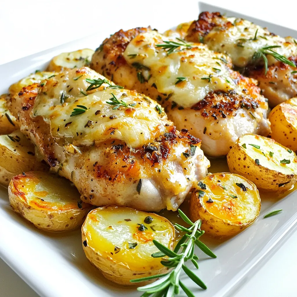- 4 boneless, skinless chicken breasts - 1 lb baby potatoes, halved - 4 cloves garlic, minced - 1 cup grated Parmesan cheese - 1/4 cup olive oil - 2 tablespoons fresh rosemary, chopped - 1 teaspoon paprika - Salt and pepper to taste - 1/2 teaspoon red pepper flakes (optional) - Fresh parsley for garnish In this dish, you will find simple yet rich flavors. The combination of chicken and potatoes makes it a complete meal. I love using baby potatoes because they cook quickly and add a nice texture. The garlic brings a strong aroma, while Parmesan adds a savory depth. Olive oil is key. It helps to keep everything moist while roasting. Fresh rosemary gives a wonderful herbal note. Don't skip the red pepper flakes unless you want it mild. They add a touch of heat that balances the rich cheese. Finally, use fresh parsley to brighten up the dish when you serve it. Now, you have everything you need to create a flavorful and satisfying meal. Just gather your ingredients, and let's start cooking! {{ingredient_image_1}} - Preheat the oven to 400°F (200°C). - In a bowl, mix olive oil, minced garlic, paprika, salt, pepper, and red pepper flakes. - Reserve one tablespoon of this garlic mixture for later. - Coat the chicken breasts with the garlic mixture. Make sure they are well covered. - In another bowl, toss the halved baby potatoes with the reserved garlic mixture. - Season them with salt, pepper, and chopped rosemary. Ensure the potatoes are well coated. - Arrange the coated chicken in the center of a baking dish. - Place the seasoned potatoes around the chicken. - Sprinkle grated Parmesan cheese evenly over both the chicken and potatoes. - Bake in the preheated oven for 25-30 minutes. The chicken should reach 165°F (75°C). - For a golden finish, broil for 2-3 minutes at the end. Watch closely to avoid burning. - Once done, remove from the oven and let it rest for a few minutes. - Garnish with fresh parsley before serving for a pop of color. To boost the flavor of your chicken, consider marinating it. Mix olive oil, garlic, and spices. Let the chicken sit in this mix for at least 30 minutes. If you have more time, marinate it overnight. This will make the chicken juicy and full of flavor. Ovens can cook differently. If your oven runs hot, check the chicken at 20 minutes. For slower ovens, it may need an extra 5 minutes. Always use a meat thermometer. The chicken should reach 165°F (75°C) for safety. For crispy potatoes, try parboiling them first. Boil for about 10 minutes, then drain and toss with oil and spices. This helps crisp them up in the oven. You can add herbs like thyme or oregano to the potatoes for extra flavor. Fresh herbs really make the dish pop. Don't be shy to experiment! This dish pairs well with a simple green salad or steamed broccoli. The fresh greens balance the richness of the chicken and cheese. For presentation, serve on a large platter. Place the chicken in the center with the potatoes around it. Drizzle some olive oil on top and sprinkle fresh parsley for color. This makes the dish look as good as it tastes! Pro Tips Use Fresh Herbs: Fresh rosemary adds a vibrant flavor to the chicken and potatoes. If using dried herbs, remember they are more concentrated, so adjust accordingly. Customize the Spice Level: If you enjoy a bit of heat, feel free to increase the amount of red pepper flakes or add a pinch of cayenne pepper to the garlic mixture. Rest the Chicken: Let the chicken rest for a few minutes after baking. This allows the juices to redistribute, making the chicken more tender and flavorful. Perfectly Crispy Cheese: For an extra crispy topping, place the dish under the broiler for a couple of minutes, but keep a close watch to prevent burning. {{image_2}} You can use different cuts of chicken for this dish. Thighs work great and add more flavor. Drumsticks are also an option if you like dark meat. For a vegetarian twist, try using portobello mushrooms. They soak up flavor well and have a nice texture. Cheese is a fun way to switch things up. Mozzarella makes it gooey, while cheddar adds a sharp taste. You can also add vegetables to make it a one-pan meal. Try bell peppers, zucchini, or broccoli for extra color and nutrients. If you want to change the heat, there are many spices to choose from. For mild flavors, skip the red pepper flakes. For medium heat, add a pinch of cayenne pepper. If you love spice, try using jalapeños or a hot sauce. This way, everyone can enjoy their perfect plate! To keep your Garlic Parmesan Chicken and Potatoes fresh, start by letting them cool. Store any leftovers in an airtight container. Place it in the fridge for up to three days. If you want to save it longer, freeze it. Wrap the dish tightly in plastic wrap or foil, then place it in a freezer-safe bag. You can freeze it for up to three months. To reheat your chicken and potatoes, use the oven. Preheat it to 350°F (175°C). Place the chicken and potatoes in a baking dish. Cover with foil to keep moisture in. Heat for about 20-25 minutes. If you want to use the microwave, heat in short bursts. This way, you can check to make sure the chicken doesn’t dry out. Adding a splash of broth can also help keep it moist. It takes about 25 to 30 minutes to cook chicken and potatoes together in the oven. At 400°F (200°C), this timing works well. The chicken should be cooked through, and the potatoes should be tender. Chicken should reach an internal temperature of 165°F (75°C) for safe eating. Use a meat thermometer to check the thickest part of the chicken breast. Yes, you can prepare the dish in advance. You can marinate the chicken and season the potatoes a few hours ahead. Just cover them and store them in the fridge until ready to cook. If you need a substitute for Parmesan cheese, try Pecorino Romano or nutritional yeast for a vegan option. Both will give a nice flavor to your dish. Potatoes are done when they are tender and easily pierced with a fork. If they feel soft, they are ready to eat! This blog post showed you how to make Garlic Parmesan Chicken with baby potatoes. We covered ingredients, step-by-step cooking, and storage tips. You can adjust flavors and try variations too. By following these easy steps, you can create a tasty meal everyone will love. So grab those ingredients and start cooking! You'll have a delicious dish to share, making dinner a joy.