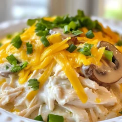 - 4 boneless, skinless chicken breasts - 1 cup cream cheese, softened - 1 packet ranch dressing mix - 1 cup chicken broth - 1 cup shredded cheddar cheese These main ingredients form the base of your dish. The chicken breasts act as the protein source, while cream cheese adds a rich, creamy texture. The ranch dressing mix gives it a distinct flavor, and the chicken broth keeps everything moist. Finally, the cheddar cheese melts beautifully, enhancing the creaminess. - 1 cup sliced mushrooms - 1/2 cup finely chopped green onions - 1 teaspoon garlic powder - Salt and pepper to taste You can add sliced mushrooms for an earthy flavor or green onions for a fresh crunch. Garlic powder boosts the taste without much effort. Adjust salt and pepper to your preference for an extra kick. Pair your Creamy Crockpot Ranch Chicken with side dishes like rice, pasta, or roasted vegetables. These sides complement the creamy sauce well. For a beautiful presentation, garnish your dish with the remaining green onions and fresh parsley. This adds color and freshness, making your meal look as good as it tastes. {{ingredient_image_1}} Seasoning chicken breasts is easy. Start by placing them in the crockpot. Sprinkle salt, pepper, and garlic powder on top. Use your hands to rub the seasonings into the meat. This helps the chicken soak up the flavors. For optimal layering in the crockpot, make sure the chicken breasts are in a single layer. This ensures even cooking. If you have more chicken, stack it carefully. Just be sure to spread the sauce evenly later. To prepare the cream cheese mixture, take a bowl and add the softened cream cheese, ranch dressing mix, and chicken broth. Use a whisk or a fork to blend them together until smooth. This step is vital. A good blend gives your dish a nice, creamy texture. The importance of blending for consistency cannot be overstated. If you see lumps, it can affect the sauce. A smooth sauce will coat the chicken better and make for a great meal. Now, set the crockpot to either low or high. I recommend low for 6-7 hours. This makes the chicken tender and juicy. If youβre short on time, you can set it to high for 3-4 hours. Timing is key for perfect tenderness. If you cook it too long, the chicken might dry out. About 30 minutes before serving, add the shredded cheddar cheese. Let it melt into the creamy mixture for an extra rich flavor. To boost the flavor of your Creamy Crockpot Ranch Chicken, consider adding herbs and spices. Fresh or dried herbs like thyme, oregano, or dill can bring a new taste dimension. You can also add a pinch of paprika or cayenne for some heat. Customizing the ranch profile is another way to make this dish your own. You can use a homemade ranch mix or try different store-bought ranch options. Experiment with flavors to find your favorite blend! Achieving the perfect texture is key to a great creamy sauce. Make sure your cream cheese is softened before mixing. This helps it blend smoothly with the ranch dressing mix and chicken broth. To avoid separation in creamy sauces, stir the mixture well before pouring it over the chicken. Adding the shredded cheese toward the end of cooking helps maintain its creamy texture. For the best techniques for shredding, use two forks. Simply pull the chicken apart in the crockpot. This way, it stays warm and mixes well with the sauce. Mixing tips for an even distribution of sauce are simple. After shredding, stir the chicken in the sauce until it's well coated. This ensures every bite is packed with flavor! Pro Tips Use Thicker Chicken Breasts: Opt for thicker chicken breasts to ensure they stay juicy and tender during the longer cooking time. Customize Your Mushrooms: Feel free to experiment with different types of mushrooms such as cremini or shiitake for added flavor depth. Make It Spicy: Add some crushed red pepper flakes or diced jalapeΓ±os to the mix if you prefer a little heat in your dish. Pairing Suggestions: Serve this creamy chicken over rice, pasta, or mashed potatoes to soak up the delicious sauce. {{image_2}} You can make this dish lighter with a few swaps. Use low-fat cream cheese instead of regular. This keeps the creamy texture while cutting fat. You can also use low-sodium chicken broth to reduce salt. Adding more vegetables boosts nutrition. Try including spinach or bell peppers. They add color and flavor to the dish. To spice things up, consider a spicy ranch version. You can mix in some cayenne pepper or hot sauce. This adds a nice kick. For cheese, try using mozzarella or pepper jack instead of cheddar. Each cheese brings a unique taste. Experimenting with flavors can make your meal even more exciting. You can switch up your chicken choice too. Chicken thighs work well if you prefer dark meat. Rotisserie chicken is another great option. It's cooked and adds more flavor. For sauces, you can use other dressings like blue cheese or Caesar. These swaps keep your meal fresh and interesting. To store leftovers, let the dish cool first. Place it in an airtight container. It will stay fresh for up to three days in the fridge. When reheating, use the microwave or stovetop. Heat it until it is warm throughout. Stir it well to keep it creamy. To freeze the creamy chicken, wait until it cools completely. Then, transfer it to a freezer-safe container. Leave some room at the top, as the sauce may expand. It can stay in the freezer for up to three months. When ready to eat, move it to the fridge to defrost overnight. For reheating, use a slow cooker or stovetop. Heat it gently to avoid separation. To maintain quality and safety, always store the chicken properly. Check for signs of spoilage. If it smells off or has a strange color, throw it away. Fresh leftovers should smell good and look appealing. If you're unsure, it is better to be safe. Cook the chicken on low for 6 to 7 hours. If you choose high, cook for 3 to 4 hours. The chicken will be tender and fully cooked when done. Cooking on low gives better flavor and texture. However, high works well if you are short on time. Always check that the internal temperature reaches 165Β°F to ensure safety. Yes, you can use frozen chicken breasts. However, you need to adjust the cooking time. If cooking on low, increase the time to about 8 hours. On high, it may take about 5 to 6 hours. Make sure the chicken is fully cooked and reaches 165Β°F. This will keep it safe and tasty. You can serve this chicken with many sides. Here are some ideas: - Steamed rice or quinoa - Mashed potatoes - Roasted vegetables - Fresh salad - Garlic bread These sides pair well with the creamy chicken, adding flavor and balance to your meal. Enjoy exploring different combinations! In this article, we explored how to make creamy crockpot ranch chicken. I shared the main ingredients like chicken breasts, cream cheese, and cheddar cheese. You learned to prepare and mix everything for the best flavor. I also gave tips for enhancing taste and ensuring creaminess. Donβt forget the fun variations and storage tips for leftovers. This dish is easy and versatile, making it perfect for any meal. Try it out and enjoy a tasty, cozy dinner with your favorite sides!