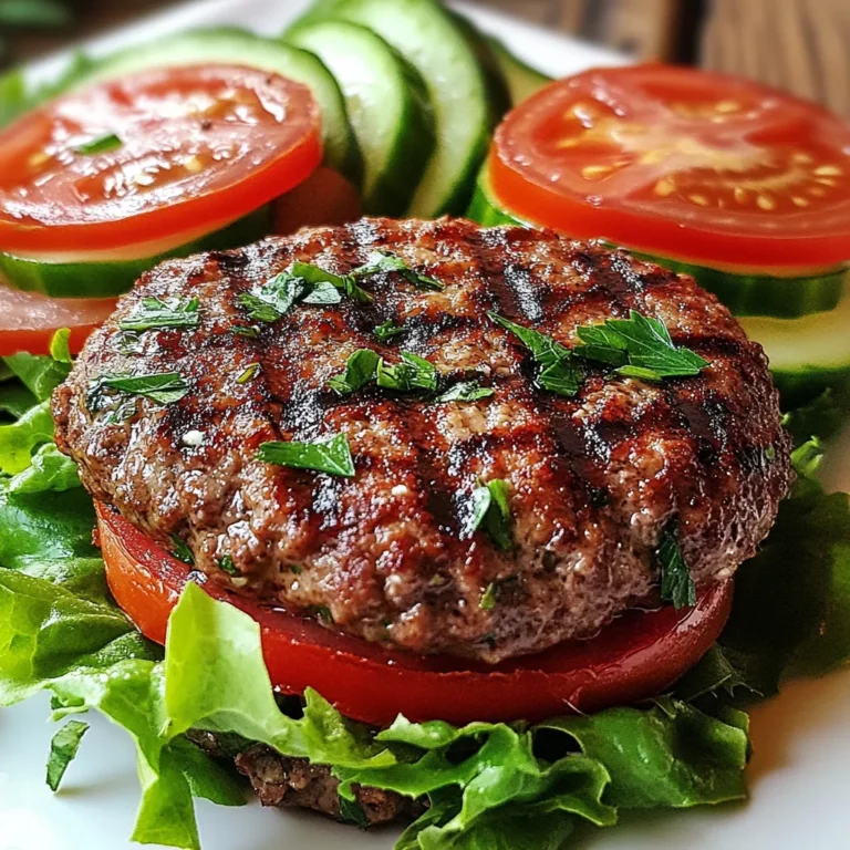 To make these tasty Keto Feta Beef Burgers, gather these key ingredients: - 1 pound ground beef (80/20 mix for flavor) - 1/2 cup feta cheese, crumbled - 1/4 cup fresh parsley, finely chopped - 2 cloves garlic, minced - 1 teaspoon dried oregano - 1 teaspoon onion powder - 1/2 teaspoon salt - 1/2 teaspoon black pepper These ingredients combine for a juicy and rich flavor. The feta adds a nice tang that pairs well with the beef. Fresh parsley gives a vibrant touch, while garlic brings depth. You can add fun toppings to your burgers. Here are some popular choices: - Lettuce leaves, for wrapping - Sliced tomatoes - Sliced cucumbers - Avocado slices - Red onion rings Using lettuce as a wrap makes this dish keto-friendly. Fresh veggies add crunch and flavor. You can mix and match to find your favorite combination. Each burger offers great nutrition without carbs: - Calories: Approximately 300 per burger - Protein: About 25 grams - Fat: Roughly 20 grams - Carbs: Less than 5 grams These numbers make this recipe fit well into a keto diet. Enjoying a burger without guilt is possible with these ingredients! {{ingredient_image_1}} To start, grab a mixing bowl. Add 1 pound of ground beef. I use an 80/20 mix for great flavor. Next, toss in 1/2 cup of crumbled feta cheese. It adds a nice tang. Then, add 1/4 cup of finely chopped fresh parsley. This step adds color and freshness. Now, include 2 cloves of minced garlic for depth. Don't forget 1 teaspoon of dried oregano for that herby touch. Add 1 teaspoon of onion powder, 1/2 teaspoon of salt, and 1/2 teaspoon of black pepper. These spices boost the flavor a lot. Use your hands to mix gently. Be careful not to overwork the beef. Once mixed, divide the mixture into four equal parts. Each part needs to be shaped into a patty. Aim for about 1 inch thick. This size helps them cook evenly. Make sure the edges are smooth for even cooking. Now, preheat your grill or skillet over medium-high heat. Lightly coat it with olive oil. This helps prevent sticking. Place the patties on the grill. Cook for about 4-5 minutes on each side for medium-rare. If you like it well done, cook a bit longer. After cooking, remove the burgers from the heat. Let them rest for a couple of minutes. This allows the juices to settle. To serve, wrap each burger in large lettuce leaves. Top with sliced tomatoes and cucumbers as you like. Enjoy your tasty creation! To get the best burger texture, use an 80/20 beef mix. This mix has enough fat for flavor and juiciness. When mixing, use your hands but don’t overwork the meat. Overworking can make the burgers tough. Shape the patties gently and aim for about 1 inch thick. This size helps them cook evenly. Grilling adds a nice smoky flavor to your burgers. Preheat the grill to medium-high and use olive oil to prevent sticking. Cook for about 4-5 minutes on each side. If you choose a skillet, heat it over medium-high heat. You can get a nice sear and keep the burgers juicy. Both methods work, so pick what you like best. You can add more flavor to your burgers by mixing in different herbs. Try fresh basil or dill for a twist. Want some spice? Add crushed red pepper flakes or a dash of hot sauce. You can also swap feta for goat cheese for a tangy taste. Each change gives you a new burger experience! Pro Tips Use Fresh Ingredients: Always opt for fresh parsley and high-quality feta cheese to enhance the flavor of your burgers. Don't Overwork the Meat: When mixing the ingredients, handle the ground beef gently to keep the patties tender and juicy. Let Them Rest: Allowing the burgers to rest for a few minutes after cooking helps retain their juices, making each bite more flavorful. Experiment with Toppings: Feel free to add your favorite low-carb toppings like avocado or a dollop of tzatziki for an extra burst of flavor. {{image_2}} You can change up the toppings for your burgers. Try avocado slices for creaminess. You could add jalapeños for a spicy kick. Sliced red onions give a nice crunch and flavor. You can also use pickles for a tangy taste. Feel free to mix and match these toppings based on your mood. If you want to switch the meat, use ground turkey or chicken. These proteins work well and keep it keto-friendly. You can also try plant-based options like lentils or black beans for a veggie twist. Just make sure they fit your diet needs while keeping the flavor intact. Besides feta, you can use goat cheese for a different taste. Cheddar adds a sharp flavor that many love. Mozzarella gives a creamy texture, while blue cheese adds boldness. Experiment with these cheeses to find your favorite combo. Each cheese can change the burger's flavor and make it unique. To store leftover burgers, let them cool first. Place them in an airtight container. Keep them in the fridge for up to three days. Make sure to separate layers with parchment paper to avoid sticking. This keeps the flavors fresh and tasty. You can freeze these burgers for later. Wrap each patty in plastic wrap. Then, place them in a freezer bag. They can last up to three months in the freezer. When ready to use, thaw them in the fridge overnight before cooking. To reheat these burgers, you have two options. You can use a skillet or the microwave. For the skillet, heat it on medium and cook for 2-3 minutes on each side. If using the microwave, place the burger on a plate and cover it with a paper towel. Heat for about 30-60 seconds. Check that the center is warm before serving. A ketogenic diet is low in carbs and high in fats. It helps your body burn fat for energy. This shift can lead to weight loss and improved health. Foods like meat, fish, eggs, and healthy fats are staples. Vegetables low in sugar are also key. Yes, you can make these burgers ahead of time. Simply prepare the patties and store them in the fridge. They stay fresh for one to two days. You can also freeze them for longer storage. Just remember to separate the patties with parchment paper. Absolutely! These burgers are great for meal prep. They are easy to cook in batches. You can pack them with low-carb veggies for a complete meal. Just reheat them when you are ready to eat. They stay tasty and satisfying. Keto Feta Beef Burgers are simple to make and delicious to eat. We covered key ingredients, step-by-step cooking, and tips to get the best texture. You can customize with your favorite toppings or cheese for extra flavor. Don’t forget about storage tips to save leftovers or meal prep. Enjoy these burgers while sticking to your keto plan. They are a great way to enjoy tasty food without guilt. Try them out and see how easy it is to eat healthy.