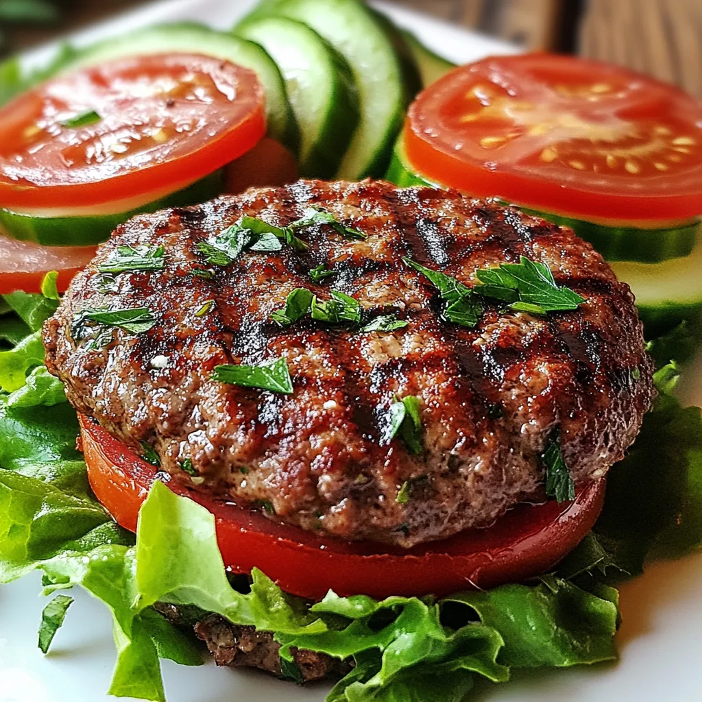 To make these tasty Keto Feta Beef Burgers, gather these key ingredients: - 1 pound ground beef (80/20 mix for flavor) - 1/2 cup feta cheese, crumbled - 1/4 cup fresh parsley, finely chopped - 2 cloves garlic, minced - 1 teaspoon dried oregano - 1 teaspoon onion powder - 1/2 teaspoon salt - 1/2 teaspoon black pepper These ingredients combine for a juicy and rich flavor. The feta adds a nice tang that pairs well with the beef. Fresh parsley gives a vibrant touch, while garlic brings depth. You can add fun toppings to your burgers. Here are some popular choices: - Lettuce leaves, for wrapping - Sliced tomatoes - Sliced cucumbers - Avocado slices - Red onion rings Using lettuce as a wrap makes this dish keto-friendly. Fresh veggies add crunch and flavor. You can mix and match to find your favorite combination. Each burger offers great nutrition without carbs: - Calories: Approximately 300 per burger - Protein: About 25 grams - Fat: Roughly 20 grams - Carbs: Less than 5 grams These numbers make this recipe fit well into a keto diet. Enjoying a burger without guilt is possible with these ingredients! {{ingredient_image_1}} To start, grab a mixing bowl. Add 1 pound of ground beef. I use an 80/20 mix for great flavor. Next, toss in 1/2 cup of crumbled feta cheese. It adds a nice tang. Then, add 1/4 cup of finely chopped fresh parsley. This step adds color and freshness. Now, include 2 cloves of minced garlic for depth. Don't forget 1 teaspoon of dried oregano for that herby touch. Add 1 teaspoon of onion powder, 1/2 teaspoon of salt, and 1/2 teaspoon of black pepper. These spices boost the flavor a lot. Use your hands to mix gently. Be careful not to overwork the beef. Once mixed, divide the mixture into four equal parts. Each part needs to be shaped into a patty. Aim for about 1 inch thick. This size helps them cook evenly. Make sure the edges are smooth for even cooking. Now, preheat your grill or skillet over medium-high heat. Lightly coat it with olive oil. This helps prevent sticking. Place the patties on the grill. Cook for about 4-5 minutes on each side for medium-rare. If you like it well done, cook a bit longer. After cooking, remove the burgers from the heat. Let them rest for a couple of minutes. This allows the juices to settle. To serve, wrap each burger in large lettuce leaves. Top with sliced tomatoes and cucumbers as you like. Enjoy your tasty creation! To get the best burger texture, use an 80/20 beef mix. This mix has enough fat for flavor and juiciness. When mixing, use your hands but don’t overwork the meat. Overworking can make the burgers tough. Shape the patties gently and aim for about 1 inch thick. This size helps them cook evenly. Grilling adds a nice smoky flavor to your burgers. Preheat the grill to medium-high and use olive oil to prevent sticking. Cook for about 4-5 minutes on each side. If you choose a skillet, heat it over medium-high heat. You can get a nice sear and keep the burgers juicy. Both methods work, so pick what you like best. You can add more flavor to your burgers by mixing in different herbs. Try fresh basil or dill for a twist. Want some spice? Add crushed red pepper flakes or a dash of hot sauce. You can also swap feta for goat cheese for a tangy taste. Each change gives you a new burger experience! Pro Tips Use Fresh Ingredients: Always opt for fresh parsley and high-quality feta cheese to enhance the flavor of your burgers. Don't Overwork the Meat: When mixing the ingredients, handle the ground beef gently to keep the patties tender and juicy. Let Them Rest: Allowing the burgers to rest for a few minutes after cooking helps retain their juices, making each bite more flavorful. Experiment with Toppings: Feel free to add your favorite low-carb toppings like avocado or a dollop of tzatziki for an extra burst of flavor. {{image_2}} You can change up the toppings for your burgers. Try avocado slices for creaminess. You could add jalapeños for a spicy kick. Sliced red onions give a nice crunch and flavor. You can also use pickles for a tangy taste. Feel free to mix and match these toppings based on your mood. If you want to switch the meat, use ground turkey or chicken. These proteins work well and keep it keto-friendly. You can also try plant-based options like lentils or black beans for a veggie twist. Just make sure they fit your diet needs while keeping the flavor intact. Besides feta, you can use goat cheese for a different taste. Cheddar adds a sharp flavor that many love. Mozzarella gives a creamy texture, while blue cheese adds boldness. Experiment with these cheeses to find your favorite combo. Each cheese can change the burger's flavor and make it unique. To store leftover burgers, let them cool first. Place them in an airtight container. Keep them in the fridge for up to three days. Make sure to separate layers with parchment paper to avoid sticking. This keeps the flavors fresh and tasty. You can freeze these burgers for later. Wrap each patty in plastic wrap. Then, place them in a freezer bag. They can last up to three months in the freezer. When ready to use, thaw them in the fridge overnight before cooking. To reheat these burgers, you have two options. You can use a skillet or the microwave. For the skillet, heat it on medium and cook for 2-3 minutes on each side. If using the microwave, place the burger on a plate and cover it with a paper towel. Heat for about 30-60 seconds. Check that the center is warm before serving. A ketogenic diet is low in carbs and high in fats. It helps your body burn fat for energy. This shift can lead to weight loss and improved health. Foods like meat, fish, eggs, and healthy fats are staples. Vegetables low in sugar are also key. Yes, you can make these burgers ahead of time. Simply prepare the patties and store them in the fridge. They stay fresh for one to two days. You can also freeze them for longer storage. Just remember to separate the patties with parchment paper. Absolutely! These burgers are great for meal prep. They are easy to cook in batches. You can pack them with low-carb veggies for a complete meal. Just reheat them when you are ready to eat. They stay tasty and satisfying. Keto Feta Beef Burgers are simple to make and delicious to eat. We covered key ingredients, step-by-step cooking, and tips to get the best texture. You can customize with your favorite toppings or cheese for extra flavor. Don’t forget about storage tips to save leftovers or meal prep. Enjoy these burgers while sticking to your keto plan. They are a great way to enjoy tasty food without guilt. Try them out and see how easy it is to eat healthy.