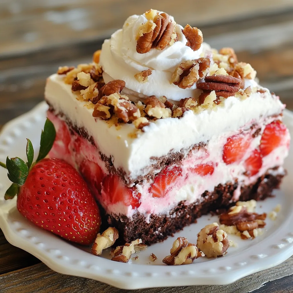 To make a tasty Strawberry Earthquake Cake, you'll need: - 1 box of chocolate cake mix - 1 cup of water - 1/2 cup of vegetable oil - 3 large eggs - 1 cup of fresh strawberries, hulled and chopped - 1/2 cup of cream cheese, softened - 1 cup of powdered sugar - 1 tablespoon of vanilla extract - 1/2 cup of chopped walnuts (optional) - 1/2 cup of shredded coconut (optional) You can make this cake even more fun with some add-ins. Try these options: - 1/2 cup of chopped walnuts for crunch. - 1/2 cup of shredded coconut for a tropical twist. These add-ins enhance the flavor and give the cake more texture. Using the best ingredients makes a big difference. Here are some tips: - Chocolate Cake Mix: Choose a brand you like for the best taste. - Fresh Strawberries: Use ripe strawberries for sweetness and color. - Cream Cheese: Make sure it is softened to blend well. - Powdered Sugar: Sift it before adding to avoid lumps. Following these tips helps you create a cake that tastes great and looks amazing. {{ingredient_image_1}} 1. Preheat your oven to 350°F (175°C). Grease a 9x13-inch baking pan. 2. In a large bowl, mix the chocolate cake mix, water, vegetable oil, and eggs. Stir until smooth. 3. Gently fold in the chopped strawberries. This adds flavor and sweetness. 4. Pour half of the cake batter into the pan, spreading it evenly. 5. In a separate bowl, beat the softened cream cheese, powdered sugar, and vanilla extract. Mix until creamy. 6. Drop spoonfuls of the cream cheese mix over the first layer of cake batter. 7. Use a knife to swirl the cream cheese into the batter for a marbled look. 8. Cover this layer with the rest of the chocolate cake batter. 9. If using, sprinkle walnuts and coconut on top. They add crunch and flavor. 10. Bake for 35-40 minutes. Check with a toothpick; it should come out clean. 11. Let the cake cool in the pan for about 10 minutes. This helps it set. 12. Carefully transfer the cake to a wire rack to cool completely. Enjoy your tasty treat! One big mistake is overmixing the batter. This can make your cake tough. Mix just until wet. Another mistake is not greasing the pan well. The cake can stick. Make sure to use enough oil or butter. Don't skip the cream cheese layer. It adds flavor and moisture. Lastly, watch your baking time closely. Every oven is different. Check with a toothpick to see if it’s done. For a soft cake, use room temperature eggs and oil. This helps the batter mix better. Gently fold in the strawberries. This keeps them whole and juicy. Avoid overbaking. The cake should be moist but firm. If you want a richer taste, add more cream cheese. Swirl it into the batter well for even flavor. Serve your cake on a nice plate. Use a serrated knife for clean slices. Top each piece with whipped cream. A fresh strawberry on top adds color. For a fun touch, sprinkle some chopped walnuts or coconut. This gives texture and a nice look. You can also serve it warm with ice cream for a treat. Pro Tips Fresh Strawberries: For the best flavor, use ripe, fresh strawberries. This will enhance the taste of your cake and add a lovely texture. Swirling Technique: When swirling the cream cheese mixture, use a gentle hand to avoid overmixing. This ensures a beautiful marbled effect. Cool Completely: Allowing the cake to cool completely before slicing will help maintain its structure and prevent it from falling apart. Storage Tips: Store leftover cake in an airtight container in the refrigerator for up to 3 days. You can also freeze slices for longer storage. {{image_2}} You can mix things up with different flavors. Try using vanilla cake mix instead of chocolate. This keeps the cake light and fluffy. You can also use lemon zest for a fresh twist. If you want a richer taste, add dark chocolate chips. They melt and give a nice gooey center. This cake can fit many diets. Use gluten-free cake mix for a gluten-free option. Swap the eggs with applesauce or flaxseed meal if you need an egg-free choice. For a dairy-free version, replace cream cheese with a dairy-free cream cheese. These swaps keep the cake tasty and fun for everyone. Toppings can change the whole look and taste. Try adding fresh whipped cream on top for a light finish. You can also use a chocolate ganache for a rich layer. Fresh strawberries and mint leaves make a colorful garnish. If you like crunch, sprinkle crushed nuts or coconut flakes on top. These toppings make each slice feel special. To keep your Strawberry Earthquake Cake fresh, wrap it well. Use plastic wrap or foil. You can also place it in an airtight container. This helps keep the cake moist. Store it at room temperature for 2 to 3 days. If you want it to last longer, refrigerate it. In the fridge, it stays good for about a week. Just remember, the chill can change the texture a bit. You can freeze this cake if you have leftovers. First, let the cake cool completely. Then, slice it into pieces. Wrap each piece in plastic wrap tightly. After that, place the wrapped pieces in a freezer bag. Make sure to remove as much air as possible. This helps prevent freezer burn. The cake can stay in the freezer for up to 3 months. When you’re ready to eat, just thaw it in the fridge overnight. To enjoy your cake warm, you can reheat it. Preheat your oven to 350°F (175°C). Place a slice of cake on a baking sheet. Cover it loosely with foil to prevent it from drying out. Heat for about 10-15 minutes, or until warm. You can also use a microwave if you prefer. Heat it for about 20-30 seconds. This method warms it quickly. Enjoy your cake warm, and add a bit of whipped cream if you like! Yes, you can use frozen strawberries. Just make sure to thaw them first. This helps avoid extra water in your cake. Drain any excess liquid before adding them to your batter. Frozen strawberries may not be as firm, but they still taste great. You can tell when the cake is done by using a toothpick. Insert it into the center of the cake. If it comes out clean, your cake is ready. The edges should pull away slightly from the pan, and the top will look set. Keep an eye on it during baking. Yes, you can make this cake ahead of time. Bake it and let it cool completely. Then, cover it tightly with plastic wrap. Store it at room temperature for one day or refrigerate it for up to three days. Just remember to add any whipped cream just before serving. In this post, we explored key ingredients and their quality. You learned step-by-step how to prepare, bake, and cool your cake. I shared tips to avoid common mistakes and perfect your cake’s texture. We also discussed fun variations and storage tips. Remember, a great cake comes from using the best ingredients and following the steps carefully. Enjoy your baking adventure and make it your own!