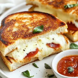 - 4 slices of sourdough bread - 1 cup shredded mozzarella cheese - 1/2 cup pizza sauce The main ingredients for Pizza Grilled Cheese are simple yet key. Sourdough bread gives a great base. Its crust is perfect for grilling. Shredded mozzarella cheese melts beautifully and adds that gooey texture we love. Pizza sauce packs in the flavor and ties everything together. - 1/2 cup pepperoni slices - Bell peppers and olives - Fresh basil leaves Optional toppings make this dish fun. You can add pepperoni slices for a classic taste. Bell peppers and olives give a fresh crunch. Fresh basil leaves add a nice touch of color and flavor. Feel free to mix and match your favorites! - 2 tablespoons olive oil - 1 teaspoon dried oregano - 1 teaspoon garlic powder - Salt and pepper to taste Seasoning and oils elevate your Pizza Grilled Cheese. Olive oil creates a golden crust. Dried oregano and garlic powder add aroma and flavor. A pinch of salt and pepper brings everything together. These small details make a big difference in taste! {{ingredient_image_1}} 1. First, preheat your skillet over medium heat. This step helps cook the sandwich evenly. 2. Next, take two slices of sourdough bread. Make sure they are thick enough to hold the filling. 1. Spread a thin layer of pizza sauce on one side of each slice of bread. Use just enough to cover the surface. 2. Sprinkle half of the shredded mozzarella cheese evenly over the sauce on both slices. This cheese adds great stretch and flavor. 3. Now, layer your favorite toppings. You can use pepperoni slices, bell peppers, or olives. Be creative! 4. Finally, add the remaining mozzarella cheese on top of the toppings. This keeps everything together. 1. Brush the outside of the sandwiches with olive oil. This gives a nice crisp to the bread. Sprinkle with garlic powder, oregano, salt, and pepper for extra flavor. 2. Carefully place the sandwiches in the heated skillet. Cook for about 3-4 minutes on one side. Look for a golden brown color. 3. Flip the sandwiches carefully. Cook for another 3-4 minutes. The second side should also be golden brown, and the cheese should melt inside. 4. Once done, remove the sandwiches from the skillet. Let them cool for a minute before slicing in half. Enjoy your delicious creation! To achieve a golden-brown crust, heat your skillet over medium heat. Use just enough olive oil to coat the bottom. This helps the bread get crispy without burning. If the heat is too high, the outside will cook fast, but the inside will stay cold. For an even cheese melt, layer your cheese well. Spread half the cheese on the bottom slice. Then, add your toppings, and top with the rest of the cheese before closing. This gives the cheese more chance to melt fully. You can use different types of bread for your Pizza Grilled Cheese. Try white bread, whole wheat, or even ciabatta. Each bread will change the taste and texture. Swapping cheeses can also add fun. Try cheddar, provolone, or even pepper jack for some spice. You can also mix cheeses for more flavor. Experiment with toppings like mushrooms, spinach, or even pineapple to make it your own. Pair your Pizza Grilled Cheese with sides like a simple salad or some crunchy chips. You can also serve it with extra pizza sauce for dipping. Garnishes can enhance your dish, too. Fresh basil leaves add a nice touch and fresh flavor. You can sprinkle some red pepper flakes on top for a little heat. Enjoy your meal! Pro Tips Use Fresh Ingredients: Fresh basil and high-quality cheese can elevate the flavor of your grilled cheese significantly. Experiment with Toppings: Feel free to mix and match your favorite pizza toppings to create a unique flavor profile. Adjust Cooking Time: Keep an eye on the sandwiches while cooking; different stovetops may require slight adjustments to the cooking time for the perfect golden brown. Serve with Dipping Sauce: Extra pizza sauce or a side of marinara can add an extra layer of flavor and enhance the overall experience. {{image_2}} You can make a veggie pizza grilled cheese by adding assorted vegetables. Use bell peppers, mushrooms, or spinach. These veggies give color and flavor. To keep it vegetarian, skip the meat and load up on the cheese and veggies. You still get that great pizza taste without the meat. Plus, it’s a fun way to sneak in some extra nutrients. For a meat lover’s pizza grilled cheese, add pepperoni and sausage. You can use any meat you like, such as ham or bacon. Mix and match to find your favorite combo. This option gives you a hearty meal packed with flavor. The gooey cheese and savory toppings make each bite satisfying. Meat lovers will enjoy every mouthful! If you like heat, try a spicy pizza grilled cheese. Add jalapeños or a drizzle of hot sauce inside. You can adjust the spice level to fit your taste. If you want mild spice, use fewer jalapeños. For more kick, add extra hot sauce. The spicy twist really amps up the flavor and makes it exciting. Enjoy the warmth with every cheesy bite! To keep your Pizza Grilled Cheese fresh, store leftovers in the fridge. Place the sandwiches in an airtight container. This will help prevent them from drying out. You can also wrap them in plastic wrap, but containers work best. Make sure to eat them within two days for the best taste. When you’re ready to enjoy leftovers, reheating is key. I recommend using a skillet for the best results. Heat it over medium-low heat. Place the sandwich in the skillet and cover it with a lid. This helps the cheese melt without burning the bread. Cook for about 3-5 minutes on each side. This way, you keep that crispy texture. You can freeze Pizza Grilled Cheese sandwiches. You can freeze them before or after cooking. If freezing before cooking, wrap them tightly in plastic wrap, then foil. If you cook them first, let them cool completely, then follow the same wrapping method. To thaw, place them in the fridge overnight. For quick thawing, microwave them on low for a few minutes before cooking. This ensures they stay delicious. Yes, you can make Pizza Grilled Cheese ahead of time. To do this, prepare the sandwiches but do not cook them. You can store them in the fridge for a few hours. Wrap each sandwich tightly in plastic wrap to keep them fresh. When you are ready to eat, simply heat a skillet and cook them as usual. This saves you time when you want a quick meal. If you prefer something other than sourdough bread, there are many options. You can use: - White bread - Whole wheat bread - Ciabatta - Rye bread - Gluten-free bread Each type of bread gives a unique taste and texture. You can try different breads to find your favorite. To stop the cheese from leaking out, use a few simple tricks. First, don't overfill your sandwich with cheese and toppings. Stick to a moderate amount. Second, make sure the heat is not too high. Cooking on medium heat helps melt the cheese without burning the bread. Lastly, press down gently on the sandwich while cooking. This helps seal it and keeps the cheese inside. Pizza grilled cheese combines your favorite pizza flavors with a toasty crunch. We covered the best ingredients, from sourdough bread to tasty toppings. I shared simple steps to assemble and cook your sandwich perfectly. Don’t forget the tips for variations and storage methods to keep leftovers fresh. With these easy instructions, you can create a delightful meal anytime. Enjoy making your own unique version of this tasty dish!