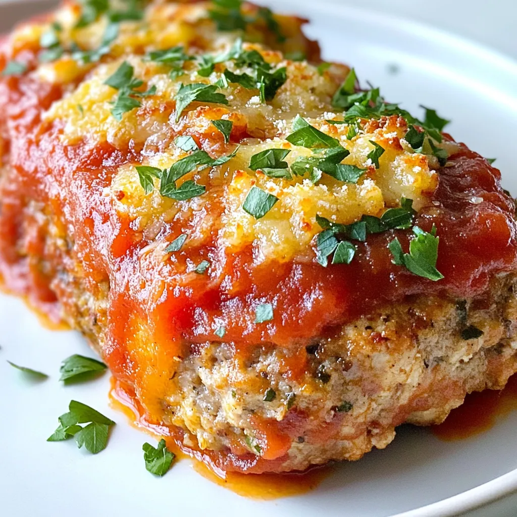 - 1 pound ground chicken - 1/2 cup breadcrumbs - 1/4 cup grated Parmesan cheese - 2 cloves garlic, minced - 1/4 cup fresh parsley, chopped - 1 egg, beaten - 1 teaspoon onion powder - 1 teaspoon Italian seasoning - Salt and pepper to taste - 1/4 cup marinara sauce (for topping) - Olive oil for drizzling You can add different flavors to your meatloaves. Consider these options: - Chopped bell peppers for crunch - Crushed red pepper for heat - Shredded mozzarella for extra cheese These additions can change the taste and texture. Feel free to mix and match to fit your family’s likes! Choosing fresh ingredients makes a big difference. Here are some tips: - Ground Chicken: Look for bright pink meat with no gray spots. - Garlic: Select firm bulbs with tight skin. Avoid any soft spots. - Parsley: Choose bright green leaves. They should feel fresh and not wilted. - Parmesan Cheese: Buy cheese in block form for the best flavor. Grate it just before use. Using quality ingredients will enhance your Garlic Parmesan Chicken Meatloaves. Happy cooking! {{ingredient_image_1}} Start by gathering your ingredients. You need ground chicken, breadcrumbs, and Parmesan cheese. You will also need garlic, parsley, an egg, and some spices. Have salt, pepper, and marinara sauce ready too. Preheat your oven to 375°F (190°C) and line a baking sheet with parchment paper. 1. Mix Ingredients: In a large bowl, combine the ground chicken, breadcrumbs, and grated Parmesan cheese. Add minced garlic, chopped parsley, and the beaten egg. Sprinkle in onion powder, Italian seasoning, salt, and pepper. Use your hands or a spoon to mix everything well. 2. Shape Meatloaves: Divide the mixture into four equal parts. Shape each part into a loaf. Place them on the prepared baking sheet. 3. Add Toppings: Spoon a tablespoon of marinara sauce on top of each meatloaf. Spread it gently to cover the surface. 4. Drizzle Olive Oil: Drizzle a little olive oil over each meatloaf. This will help them brown nicely. 5. Bake: Put the baking sheet in the oven. Bake for 25 to 30 minutes. The meatloaves should reach an internal temperature of 165°F (74°C). To get the best texture, make sure your ground chicken is fresh. Mixing ingredients well is key. It helps bind everything together. Use parchment paper to prevent sticking. Drizzling olive oil helps the meatloaves brown and stay moist. Let them rest for about five minutes after baking. This helps to keep them juicy when you cut into them. To keep your meatloaves moist, use a few simple tricks. First, don't overmix the meat. Mixing too much can make the meatloaf tough. Second, add breadcrumbs soaked in water or milk. This adds moisture. You can also use grated cheese, like Parmesan, for extra flavor and moisture. Lastly, let the meatloaf rest for a few minutes after baking. This helps the juices redistribute. Using the right tools can make cooking easier. Here’s what I recommend: - Mixing bowl: A large bowl helps you mix all the ingredients well. - Baking sheet: Use one lined with parchment paper for easy cleanup. - Meat thermometer: This tool helps you check the meatloaf's temperature. Aim for 165°F (74°C). - Spoon: A spoon is great for adding marinara sauce on top. - Spatula: This helps you lift the meatloaves off the baking sheet without breaking them. What to serve with your garlic Parmesan chicken meatloaves? Here are some tasty ideas: - Mashed potatoes: Creamy potatoes pair well with the flavors. - Steamed vegetables: Broccoli or green beans add color and nutrition. - Side salad: A fresh salad offers a nice crunch and balance. - Garlic bread: This adds a comforting, buttery touch. - Pasta: Serve with pasta tossed in olive oil or marinara for a filling meal. Pro Tips Use Fresh Ingredients: Fresh garlic and parsley will enhance the flavor of your meatloaves significantly compared to dried alternatives. Don’t Overmix: When combining the ingredients, mix just until everything is combined to keep the meatloaves tender. Rest Before Serving: Allowing the meatloaves to rest for a few minutes after baking helps the juices redistribute, making them juicier. Customize Your Toppings: Feel free to experiment with different sauces on top, like BBQ or pesto, for a unique twist on flavors. {{image_2}} You can swap ground chicken for other meats. Ground turkey is a great choice. It has a similar texture and taste. Ground beef works too, giving a richer flavor. Just remember, beef has more fat. This change might affect cooking time. Always check the meat's internal temperature. It should reach 165°F (74°C) for turkey and chicken, and 160°F (71°C) for beef. If you want a meat-free option, try using lentils. Cooked lentils can mimic the texture of meat. Combine them with breadcrumbs and cheese. You can also use mashed beans for protein. Mix in spices and herbs to keep it tasty. This way, you still enjoy the garlic and Parmesan flavors. Feel free to play with flavors! Add herbs like thyme or oregano for a twist. You can also spice it up with paprika or chili flakes. For a zesty kick, try lemon zest. Mixing in some grated carrots or zucchini can add nutrition. Experiment with different cheeses like mozzarella or cheddar. Each change will give your meatloaves a unique taste. To store leftovers, let the meatloaves cool first. Place them in an airtight container. Make sure to seal it well to keep out air. You can keep them in the fridge for up to three days. If you want to enjoy them later, freezing is a great option. When you are ready to eat your leftovers, preheat the oven to 350°F (175°C). Place the meatloaves on a baking sheet. Cover them with foil to keep them moist. Bake for about 15-20 minutes. You want them to be heated through and reach 165°F (74°C). You can also reheat them in the microwave. Heat for 1-2 minutes, checking often. If you want to freeze your meatloaves, wrap each one in plastic wrap. Then, place them in a freezer bag. Make sure to remove as much air as possible. You can freeze them for up to three months. When you're ready to cook, thaw them in the fridge overnight. Then, bake as usual. This way, you’ll always have a tasty meal ready to go! The best way to reheat meatloaf is in the oven. Preheat your oven to 350°F (175°C). Place the meatloaf in a baking dish. Cover it with foil to keep it moist. Heat for about 20 minutes or until warm. You can also use a microwave. Just place a slice on a plate and heat for 1-2 minutes. Make sure to check it often so it doesn’t dry out. Yes, you can substitute ground chicken with other meats. Ground turkey works well. It has a similar taste and texture. You can also use ground beef or pork. Just remember that these meats may change the flavor. Adjust the seasoning to fit the meat you choose. Each meat brings its own unique taste to the dish. To check if the meatloaf is done, use a meat thermometer. The internal temperature should reach 165°F (74°C). Insert the thermometer into the center of the meatloaf for an accurate reading. If you don't have a thermometer, cut into the meatloaf. The center should be no longer pink and the juices should run clear. Let it rest for a few minutes before serving. This helps the juices settle, making it tastier. This guide covered the key ingredients and steps to make a great meatloaf. You learned how to select fresh items, customize your dish, and master the cooking process. I shared tips to keep your meatloaf moist and offered various protein and flavor options. Proper storage and reheating advice ensures you enjoy leftovers too. Remember, cooking is about creativity and fun. Try new things and make this recipe your own for perfect meatloaf every time.
