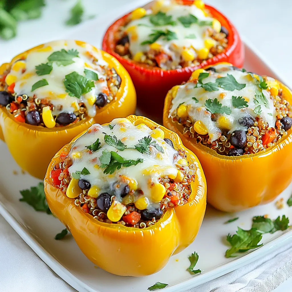- 4 large bell peppers (red, yellow, or green) - 1 lb (450g) ground chicken - 1 cup cooked quinoa (or rice) - 1 cup black beans, drained and rinsed - 1 cup corn (frozen or canned) - 1 cup diced tomatoes (canned or fresh) - 1 small onion, finely chopped - 2 cloves garlic, minced - 1 teaspoon chili powder - 1 teaspoon cumin - 1 teaspoon smoked paprika - Salt and pepper to taste - 1 cup shredded cheese (cheddar or a blend) - 2 tablespoons olive oil - Fresh cilantro for garnish (optional) You can swap ground chicken for ground turkey or beef. If you want a vegetarian option, use lentils instead of meat. For grains, try brown rice or farro in place of quinoa. You can also use any beans you like, such as pinto or kidney beans. If you need a dairy-free version, skip the cheese or use a dairy-free alternative. Each serving of chicken stuffed peppers is packed with goodness. You get protein from the chicken and beans, fiber from the quinoa and veggies, and healthy fats from the olive oil. These peppers offer about 350 calories per serving, with around 25 grams of protein and 15 grams of carbs. They are also rich in vitamins A and C from the bell peppers and tomatoes, making them a healthy choice for lunch or dinner. {{ingredient_image_1}} 1. Preheat your oven to 375°F (190°C). This is key for even cooking. 2. Prepare the bell peppers by cutting off the tops. Remove the seeds and membranes. Set them aside for later. 3. Chop the onion finely and mince the garlic. These add great flavor to the dish. 1. Heat olive oil in a large skillet over medium heat. This helps to sauté the onion and garlic. 2. Add the chopped onion and garlic to the skillet. Cook until the onion turns soft and clear, about 5 minutes. 3. Add ground chicken to the skillet. Use a spoon to break it apart. Cook until it is brown and cooked through, which takes about 7 to 10 minutes. 4. Mix in cooked quinoa, black beans, corn, and diced tomatoes. Sprinkle in chili powder, cumin, smoked paprika, salt, and pepper. Stir well and cook for another 5 minutes. 1. Spoon the chicken mixture into each bell pepper. Press down lightly to pack it in. 2. Place the stuffed peppers in a baking dish. Sprinkle shredded cheese on top of each one. 3. Cover the dish with foil and bake for 25 minutes. This keeps them moist. 4. Remove the foil and bake for an extra 10 minutes. You want the cheese to melt and bubble. 5. Take them out of the oven and let them cool for a few minutes. If you like, garnish with fresh cilantro before serving. To keep your chicken juicy, use ground chicken with some fat. Look for 85% lean. This fat will help keep the meat moist. Cook the chicken until it is just browned, not overcooked. Mix in ingredients while the chicken is still warm. This helps the flavors blend well. Serve the stuffed peppers on a bright platter. Drizzle a little olive oil on top. This adds shine and flavor. Sprinkle fresh cilantro over the cheese for a pop of color. You can even add a slice of lime on the side for a fresh touch. This makes your dish look more inviting. One mistake is not packing the filling tightly. This can cause your peppers to collapse. Avoid overcooking the chicken, as it can turn dry and tough. Do not skip letting the dish cool before serving; this helps the flavors settle. Lastly, remember to season well. A pinch of salt can make a big difference! Pro Tips Choose Colorful Peppers: Using a mix of red, yellow, and green peppers not only enhances the dish's visual appeal but also adds a variety of flavors. Extra Flavor Boost: Consider adding a tablespoon of taco seasoning to the chicken mixture for an extra kick of flavor. Make Ahead: Prepare the stuffed peppers a day in advance and store them in the refrigerator. Just bake them when you're ready to serve! Customize Your Filling: Feel free to add in your favorite veggies or swap the black beans for kidney beans to change up the flavor profile. {{image_2}} You can make a tasty vegetarian version of stuffed peppers. Replace the ground chicken with a mix of mushrooms and lentils. This gives a hearty texture. You can also add more beans for protein. Use the same spices like chili powder and cumin. This keeps the flavor bold. Add some diced zucchini or spinach for extra veggies. If you love heat, try spicy chicken stuffed peppers. Use hot sauce or diced jalapeños in the chicken mix. This gives your dish a fiery kick. You can also add crushed red pepper flakes to the filling. For a smoky flavor, try chipotle peppers in adobo sauce. It makes each bite exciting. You can switch grains to fit your taste. Quinoa is great, but brown rice or farro work well too. Each grain gives a different taste and texture. You can also add ingredients like olives or feta cheese. This adds a unique twist to your dish. Experiment and find what you love! After you enjoy your chicken stuffed peppers, store leftovers in an airtight container. This keeps them fresh and tasty. Place them in the fridge within two hours of cooking. They stay good for about three to four days. If you want to keep them longer, freezing is a great option. To freeze chicken stuffed peppers, first, let them cool completely. Wrap each pepper in plastic wrap or foil. Place wrapped peppers in a freezer-safe bag. Remove as much air as you can before sealing. You can freeze them for up to three months. When you are ready to eat, thaw them in the fridge overnight. Reheating is easy! You can use an oven or a microwave. For the oven, preheat to 350°F (175°C). Place the stuffed peppers in a baking dish with a bit of water. Cover with foil and heat for about 20 minutes. If you use a microwave, place one pepper on a microwave-safe plate. Heat for 2-3 minutes or until hot. Enjoy your meal! Yes, you can use turkey instead of chicken. Ground turkey works well in this recipe. It gives you a lighter taste while still being filling. Turkey is leaner than chicken, so it can help cut some calories. Just remember to cook it until it’s no longer pink. Stuffed peppers last about 3 to 5 days in the fridge. Store them in an airtight container to keep them fresh. If you want to enjoy them later, make sure they cool down first before putting them away. Chicken stuffed peppers pair well with many sides. You can serve them with a crisp salad or some garlic bread. Rice or quinoa are great options, too. For a fun twist, try serving them with a side of salsa or guacamole. These add extra flavor and fun to your meal. I covered ingredients, step-by-step instructions, and helpful tips for stuffed peppers. Remember to choose fresh ingredients for the best taste. Try different variations like vegetarian or spicy options to mix things up. Proper storage ensures your leftovers stay tasty. If you have any questions, the FAQs section has answers. Enjoy making these stuffed peppers and impress your family with your cooking skills. They are delicious and fun to prepare!