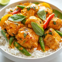 To make a tasty Thai Red Curry Chicken, gather these key items: - 1 lb (450g) boneless chicken thighs, cut into bite-sized pieces - 2 tablespoons red curry paste - 1 can (13.5 oz) coconut milk - 1 cup chicken broth - 2 tablespoons fish sauce - 1 tablespoon brown sugar - 1 medium onion, finely chopped - 2 cloves garlic, minced - 1 bell pepper (red or yellow), sliced - 1 cup snap peas or green beans, trimmed - 1 tablespoon lime juice - Fresh basil leaves for garnish - Jasmine rice, cooked (for serving) - Salt and pepper to taste These ingredients work together to create a rich and creamy sauce. The chicken thighs give the dish a tasty bite, while the coconut milk adds creaminess. The red curry paste brings warmth and depth. You can make this recipe your own by adding or swapping some ingredients: - Carrots for extra crunch - Broccoli for more green - Tofu if you want a vegetarian option - Different herbs like cilantro for fresh flavor Feel free to mix in any of these options. They allow you to adjust the dish to your taste. For the best results, I suggest these brands: - Coconut Milk: Look for Thai Kitchen or Chaokoh, known for their creamy texture. - Red Curry Paste: Use Maesri or Aroy-D for authentic flavor. - Fish Sauce: Red Boat is a high-quality option that enhances the umami taste. Choosing the right brands helps ensure you get the best flavors in your curry. These products are often found in most grocery stores or Asian markets. {{ingredient_image_1}} 1. Start by gathering all your ingredients. This makes cooking easier. 2. Cut the chicken thighs into bite-sized pieces. This helps them cook quickly. 3. Chop the onion finely and mince the garlic. This will add great flavor. 4. Slice your bell pepper and trim the snap peas or green beans. 1. Heat a splash of water or oil in a large pot over medium heat. 2. Add the chopped onions and sauté for about 4-5 minutes. They should soften. 3. Stir in the minced garlic and red curry paste. Cook this for 1 minute. 4. Next, add the chicken pieces. Cook until they are no longer pink, about 5-7 minutes. 5. Pour in the coconut milk and chicken broth. Add fish sauce and brown sugar. Mix well. 6. Bring this mixture to a boil. Then, reduce the heat to low. 7. Add in the sliced bell pepper and snap peas or green beans. Cover the pot and simmer for about 15 minutes. 8. Stir in lime juice and season with salt and pepper to taste. 9. Serve the curry over jasmine rice. Garnish with fresh basil leaves. - Mix Thoroughly: Make sure to mix the curry paste well with the other ingredients. This helps the flavors blend. - Simmer Gently: Keep the heat low while simmering. This allows the chicken and veggies to soak up the flavor. - Taste as You Cook: Always taste your dish while cooking. Adjust salt, pepper, or lime juice if needed. - Fresh Herbs: Adding fresh basil at the end brightens flavors. It makes the dish feel fresh and vibrant. To adjust the spice level, start with the red curry paste. Use less for a milder dish. Add a teaspoon of sugar to balance heat. For more spice, add chili flakes or fresh chilies. Taste as you go. This way, you control the heat to fit your family’s taste. Use boneless chicken thighs for better flavor and tenderness. Cut thighs into even pieces. This ensures they cook evenly. Sauté until they are no longer pink. This takes about 5 to 7 minutes. Cooking them fully before adding other ingredients helps lock in flavor and keeps them juicy. One mistake is not sautéing the onions and garlic long enough. They need to soften and release flavor. Another error is adding too many vegetables at once. This can create a watery curry. Lastly, remember to taste and adjust the seasoning. A little salt or lime juice can make a big difference. Pro Tips Choose the Right Chicken: Opt for boneless chicken thighs for a juicier and more flavorful curry compared to chicken breasts. Adjust the Spice Level: Feel free to add more red curry paste for a spicier kick, or reduce it for a milder flavor. Fresh Vegetables: Use a mix of seasonal vegetables to enhance the dish's color and nutrition, such as zucchini or carrots. Garnish Smart: Fresh basil and lime juice add brightness to the dish, so don't skip these garnishes for an extra flavor boost. {{image_2}} You can easily make this dish vegetarian or vegan. Swap the chicken for tofu or tempeh. Use vegetable broth instead of chicken broth. Replace fish sauce with soy sauce or a vegan alternative. This gives you a tasty dish full of flavor and freshness. If you prefer different proteins, try shrimp, pork, or beef. Cook shrimp until they turn pink. For pork or beef, cut the meat into small pieces for quick cooking. Adjust cooking times to make sure the meat is tender and juicy. Add more flavors by mixing in different veggies. Carrots, zucchini, or mushrooms work well. You can also sprinkle in some fresh herbs like cilantro or mint. For a kick, add a sliced chili or two. These changes make your dish unique and exciting. Enjoy making this meal your own! After you enjoy your Thai Red Curry Chicken, store leftovers in an airtight container. Let the dish cool down for about 30 minutes before sealing. This helps keep the flavors fresh. You can safely keep it in the fridge for up to three days. If you want to keep it longer, consider freezing. To reheat, simply take out the portion you want. You can use a microwave or a stovetop. If using a microwave, heat for about 1-2 minutes, stirring halfway. On the stovetop, warm it gently over low heat. If it seems thick, add a splash of chicken broth or water. This helps bring back the creaminess. For long-term storage, freeze the curry in a freezer-safe container. Make sure to leave some space at the top, as liquids expand when frozen. You can store it for up to three months. When ready to eat, thaw it overnight in the fridge. Then, reheat as explained above for a delicious meal later on. Yes, you can make Thai Red Curry Chicken ahead of time. This dish tastes even better the next day. To do this, follow the recipe but stop before adding lime juice. Let it cool and store it in the fridge. Reheat it on the stove before serving. You can serve this dish with cooked jasmine rice. It soaks up the curry sauce well. Other good sides include steamed veggies or a fresh salad. Naan bread also pairs nicely if you want something different. To make the dish spicier, add more red curry paste or chopped fresh chilies. You can also use chili flakes. If you want it milder, start with less curry paste. Add coconut milk to tone down the heat. Adjust to your taste as you cook. You now know the key ingredients for Thai Red Curry Chicken and how to prepare it. Use the step-by-step guide to ensure every bite is packed with flavor. Remember to adjust spice levels based on your taste. If you want to switch up the dish, try vegetarian options or different proteins. Store leftovers properly and enjoy them later. Cooking this meal can be simple and fun. Keep practicing, and soon you'll master it!