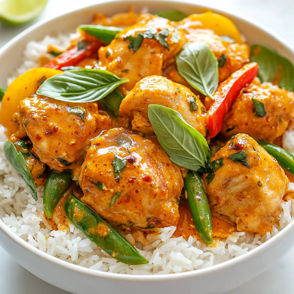 To make a tasty Thai Red Curry Chicken, gather these key items: - 1 lb (450g) boneless chicken thighs, cut into bite-sized pieces - 2 tablespoons red curry paste - 1 can (13.5 oz) coconut milk - 1 cup chicken broth - 2 tablespoons fish sauce - 1 tablespoon brown sugar - 1 medium onion, finely chopped - 2 cloves garlic, minced - 1 bell pepper (red or yellow), sliced - 1 cup snap peas or green beans, trimmed - 1 tablespoon lime juice - Fresh basil leaves for garnish - Jasmine rice, cooked (for serving) - Salt and pepper to taste These ingredients work together to create a rich and creamy sauce. The chicken thighs give the dish a tasty bite, while the coconut milk adds creaminess. The red curry paste brings warmth and depth. You can make this recipe your own by adding or swapping some ingredients: - Carrots for extra crunch - Broccoli for more green - Tofu if you want a vegetarian option - Different herbs like cilantro for fresh flavor Feel free to mix in any of these options. They allow you to adjust the dish to your taste. For the best results, I suggest these brands: - Coconut Milk: Look for Thai Kitchen or Chaokoh, known for their creamy texture. - Red Curry Paste: Use Maesri or Aroy-D for authentic flavor. - Fish Sauce: Red Boat is a high-quality option that enhances the umami taste. Choosing the right brands helps ensure you get the best flavors in your curry. These products are often found in most grocery stores or Asian markets. {{ingredient_image_1}} 1. Start by gathering all your ingredients. This makes cooking easier. 2. Cut the chicken thighs into bite-sized pieces. This helps them cook quickly. 3. Chop the onion finely and mince the garlic. This will add great flavor. 4. Slice your bell pepper and trim the snap peas or green beans. 1. Heat a splash of water or oil in a large pot over medium heat. 2. Add the chopped onions and sauté for about 4-5 minutes. They should soften. 3. Stir in the minced garlic and red curry paste. Cook this for 1 minute. 4. Next, add the chicken pieces. Cook until they are no longer pink, about 5-7 minutes. 5. Pour in the coconut milk and chicken broth. Add fish sauce and brown sugar. Mix well. 6. Bring this mixture to a boil. Then, reduce the heat to low. 7. Add in the sliced bell pepper and snap peas or green beans. Cover the pot and simmer for about 15 minutes. 8. Stir in lime juice and season with salt and pepper to taste. 9. Serve the curry over jasmine rice. Garnish with fresh basil leaves. - Mix Thoroughly: Make sure to mix the curry paste well with the other ingredients. This helps the flavors blend. - Simmer Gently: Keep the heat low while simmering. This allows the chicken and veggies to soak up the flavor. - Taste as You Cook: Always taste your dish while cooking. Adjust salt, pepper, or lime juice if needed. - Fresh Herbs: Adding fresh basil at the end brightens flavors. It makes the dish feel fresh and vibrant. To adjust the spice level, start with the red curry paste. Use less for a milder dish. Add a teaspoon of sugar to balance heat. For more spice, add chili flakes or fresh chilies. Taste as you go. This way, you control the heat to fit your family’s taste. Use boneless chicken thighs for better flavor and tenderness. Cut thighs into even pieces. This ensures they cook evenly. Sauté until they are no longer pink. This takes about 5 to 7 minutes. Cooking them fully before adding other ingredients helps lock in flavor and keeps them juicy. One mistake is not sautéing the onions and garlic long enough. They need to soften and release flavor. Another error is adding too many vegetables at once. This can create a watery curry. Lastly, remember to taste and adjust the seasoning. A little salt or lime juice can make a big difference. Pro Tips Choose the Right Chicken: Opt for boneless chicken thighs for a juicier and more flavorful curry compared to chicken breasts. Adjust the Spice Level: Feel free to add more red curry paste for a spicier kick, or reduce it for a milder flavor. Fresh Vegetables: Use a mix of seasonal vegetables to enhance the dish's color and nutrition, such as zucchini or carrots. Garnish Smart: Fresh basil and lime juice add brightness to the dish, so don't skip these garnishes for an extra flavor boost. {{image_2}} You can easily make this dish vegetarian or vegan. Swap the chicken for tofu or tempeh. Use vegetable broth instead of chicken broth. Replace fish sauce with soy sauce or a vegan alternative. This gives you a tasty dish full of flavor and freshness. If you prefer different proteins, try shrimp, pork, or beef. Cook shrimp until they turn pink. For pork or beef, cut the meat into small pieces for quick cooking. Adjust cooking times to make sure the meat is tender and juicy. Add more flavors by mixing in different veggies. Carrots, zucchini, or mushrooms work well. You can also sprinkle in some fresh herbs like cilantro or mint. For a kick, add a sliced chili or two. These changes make your dish unique and exciting. Enjoy making this meal your own! After you enjoy your Thai Red Curry Chicken, store leftovers in an airtight container. Let the dish cool down for about 30 minutes before sealing. This helps keep the flavors fresh. You can safely keep it in the fridge for up to three days. If you want to keep it longer, consider freezing. To reheat, simply take out the portion you want. You can use a microwave or a stovetop. If using a microwave, heat for about 1-2 minutes, stirring halfway. On the stovetop, warm it gently over low heat. If it seems thick, add a splash of chicken broth or water. This helps bring back the creaminess. For long-term storage, freeze the curry in a freezer-safe container. Make sure to leave some space at the top, as liquids expand when frozen. You can store it for up to three months. When ready to eat, thaw it overnight in the fridge. Then, reheat as explained above for a delicious meal later on. Yes, you can make Thai Red Curry Chicken ahead of time. This dish tastes even better the next day. To do this, follow the recipe but stop before adding lime juice. Let it cool and store it in the fridge. Reheat it on the stove before serving. You can serve this dish with cooked jasmine rice. It soaks up the curry sauce well. Other good sides include steamed veggies or a fresh salad. Naan bread also pairs nicely if you want something different. To make the dish spicier, add more red curry paste or chopped fresh chilies. You can also use chili flakes. If you want it milder, start with less curry paste. Add coconut milk to tone down the heat. Adjust to your taste as you cook. You now know the key ingredients for Thai Red Curry Chicken and how to prepare it. Use the step-by-step guide to ensure every bite is packed with flavor. Remember to adjust spice levels based on your taste. If you want to switch up the dish, try vegetarian options or different proteins. Store leftovers properly and enjoy them later. Cooking this meal can be simple and fun. Keep practicing, and soon you'll master it!