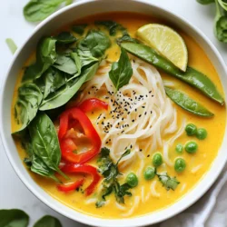 To make a tasty Thai Red Curry Noodle Soup, gather these must-have items: - 200g rice noodles - 1 tablespoon coconut oil - 1 onion, thinly sliced - 3 cloves garlic, minced - 1 tablespoon fresh ginger, grated - 2 tablespoons red curry paste - 1 can (400ml) coconut milk - 500ml vegetable broth - 1 red bell pepper, thinly sliced - 1 cup snap peas - 2 cups baby spinach - 2 tablespoons soy sauce - 1 tablespoon lime juice - Fresh basil and cilantro for garnish - Lime wedges for serving - Sriracha (optional, for extra heat) You can kick up the taste with these extras: - Chopped green onions - Chili flakes for more heat - Peanuts for crunch - A dash of fish sauce for depth If you have dietary needs, try these swaps: - Use gluten-free soy sauce for a gluten-free option. - Substitute vegetable broth with chicken broth for non-vegetarians. - Swap rice noodles with zucchini noodles for a low-carb choice. - Use almond milk instead of coconut milk for less fat. {{ingredient_image_1}} To cook rice noodles, start by boiling water in a large pot. Add the rice noodles and follow the package instructions. Usually, they need about 5-7 minutes to soften. Stir them gently to avoid sticking. When they are done, drain the noodles and set them aside. In a large pot, heat 1 tablespoon of coconut oil over medium heat. Once hot, add the thinly sliced onion. Sauté the onion for 3-4 minutes until it turns translucent. Then, add 3 cloves of minced garlic and 1 tablespoon of grated ginger. Cook these for 1-2 minutes until they smell great. Next, mix in 2 tablespoons of red curry paste. Cook this mix for about 1 minute. Now, pour in 400ml of coconut milk and 500ml of vegetable broth. Stir well to combine everything. Bring the mix to a simmer. After the broth simmers, add the sliced red bell pepper and 1 cup of snap peas. Cook these for about 5 minutes until they are tender-crisp. Then, stir in 2 cups of baby spinach, 2 tablespoons of soy sauce, and 1 tablespoon of lime juice. Let the spinach wilt for 1-2 minutes. Finally, add the cooked rice noodles to the soup. Gently mix everything together until well combined. Serve warm, garnished with fresh basil, cilantro, and lime wedges on the side. If you like extra heat, drizzle some Sriracha on top! To make your soup shine, use fresh ingredients. Fresh garlic and ginger give a bright taste. Red curry paste brings heat and depth. You can add more lime juice for a zesty kick. A splash of soy sauce adds umami. For a spicy touch, drizzle Sriracha on top for extra heat. Fresh herbs like basil and cilantro are great garnishes. They add aroma and color to your bowl. Cook your veggies until they are tender but still crisp. This keeps them colorful and full of nutrients. Start with the onion, cooking until it’s soft. Then, add garlic and ginger so they release their flavors. Red bell pepper and snap peas should cook for just 5 minutes. This way, they stay bright and crunchy. Finally, add baby spinach last. It wilts quickly and keeps its vibrant green color. Serve your soup hot in deep bowls. Garnish with fresh basil and cilantro for a pop of color. Add lime wedges on the side for extra zest. This soup pairs well with crusty bread or rice. You can also enjoy it with a side salad for a complete meal. If you want something crunchy, try fried spring rolls. They make a great side dish for your flavorful soup. Pro Tips Fresh Ingredients: Using fresh vegetables and herbs will enhance the flavor of your soup. Look for vibrant, crisp produce for the best results. Adjusting Heat: If you prefer a milder soup, start with less red curry paste and add more to taste. You can always add extra Sriracha at the end for heat. Make it Heartier: To make this soup more filling, add protein such as tofu, shrimp, or chicken. Cook the protein separately and add it just before serving. Storage Tips: This soup is best enjoyed fresh, but you can store leftovers in the fridge for up to 2 days. Reheat gently to avoid overcooking the noodles. {{image_2}} You can easily make this soup vegetarian or vegan. Start by using vegetable broth instead of chicken broth. Make sure your red curry paste is vegan. Many brands are, but check the label. You can also add tofu for protein. Firm tofu works best. Just cube it and toss it in with the other veggies. This adds texture and makes the meal more filling. If you love heat, you can boost the spice level. Add more red curry paste to the broth. You can also add fresh chili peppers. Slice them and stir them in when cooking the onions and garlic. Don’t forget the Sriracha! Drizzle it on top of your bowl for an extra kick. Adjust the heat based on what you like. Feel free to swap out ingredients to fit your tastes. If you don’t like snap peas, use broccoli or green beans. You can also change the bell pepper to yellow or green. If you want a different flavor, try adding mushrooms or zucchini. For a richer taste, use full-fat coconut milk. Each swap can create a unique version of this soup. After enjoying your Thai red curry noodle soup, let it cool first. Then, place it in an airtight container. Make sure to store it in the fridge. It stays fresh for about 3 to 4 days. If you want to keep it longer, freezing is a great option. To freeze your soup, divide it into portions. Use freezer-safe bags or containers. Leave some space at the top for expansion. This soup can last in the freezer for up to 3 months. When ready to eat, just thaw it in the fridge overnight. To reheat, pour the soup into a pot. Heat it on medium until it simmers. Stir it often for even heating. If it’s too thick, add a splash of broth or water. You can also use the microwave in a bowl. Heat it in short bursts, stirring in between. Enjoy your warm and tasty soup! You can use yellow curry paste or green curry paste. These options still add flavor. You can also mix spices like cumin, coriander, and turmeric for a homemade version. Adjust the amount based on your taste. Remember, each paste has a different heat level. Start with a small amount and add more if you like it spicier. Yes, you can use many types of noodles. Rice noodles are traditional, but egg noodles work well too. Soba or udon noodles are good choices too. Just make sure to cook them as per the package instructions. Adjust the cooking time based on the noodle type to keep them tender. This recipe is mostly gluten-free. Use rice noodles and gluten-free soy sauce for the best results. Always check labels on your ingredients. Some brands might add gluten. If you're unsure, making the dish with fresh, whole ingredients ensures a gluten-free meal. This article covered everything you need for making delicious soup. We detailed the essential ingredients and suggested options to boost flavor. I provided clear step-by-step instructions for cooking rice noodles and preparing the broth. You also learned tips to enhance taste, variations for different diets, and smart storage methods. Remember, you can tweak the recipe to suit your taste. Enjoy experimenting and making this dish your own!