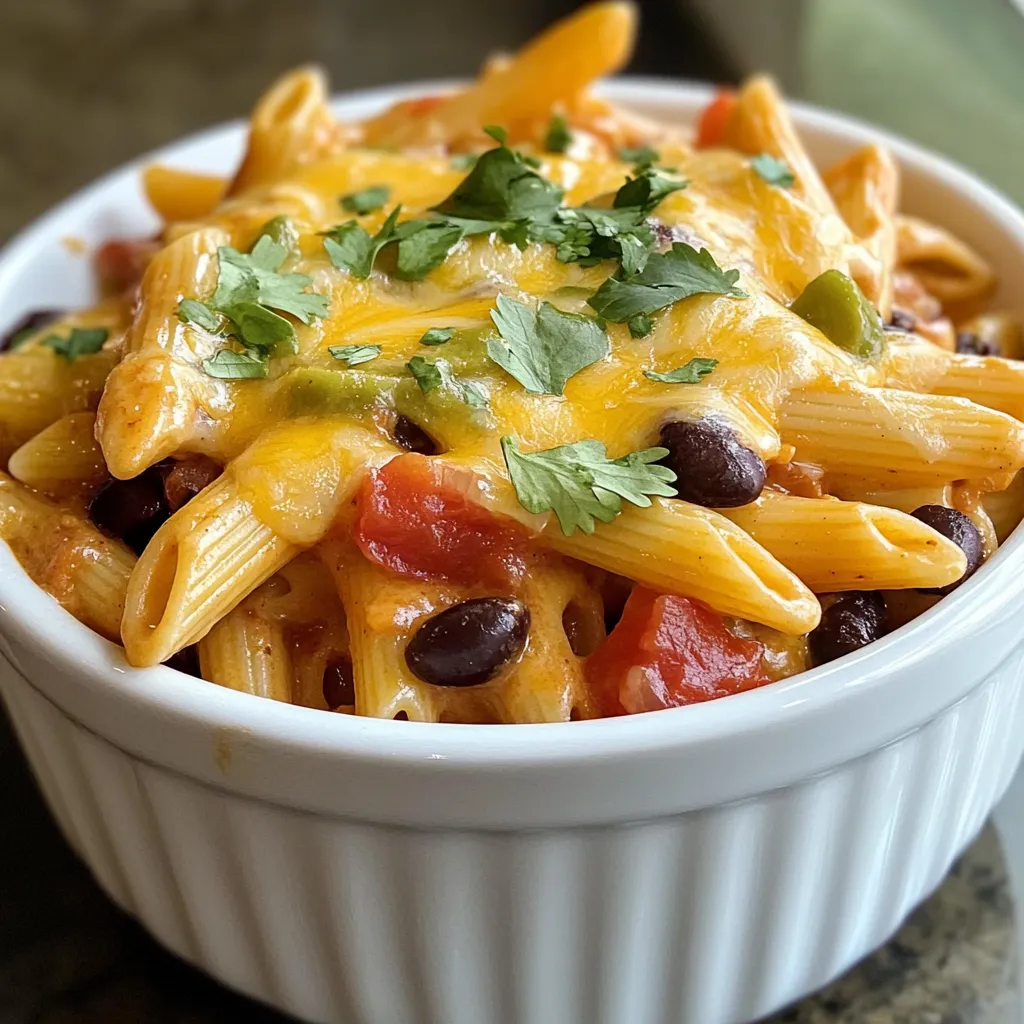 - 8 oz penne pasta - 2 tablespoons olive oil - 1 small onion, diced - 2 cloves garlic, minced - 1 bell pepper, diced (any color) - 1 can (15 oz) black beans, drained and rinsed - 1 can (15 oz) diced tomatoes with green chiles - 1 tablespoon chili powder - 1 teaspoon cumin - Salt and pepper to taste - 1 cup corn kernels (fresh or frozen) - 1 cup shredded cheddar cheese - 1 cup shredded Monterey Jack cheese - Fresh cilantro for garnish - Sour cream for serving (optional) Gathering these ingredients makes the cooking process easy and fun. Start with the penne pasta. This pasta shape holds sauce well. Next, grab some olive oil for sautéing. An onion and garlic add great flavor. Choose a bell pepper for color and crunch. Black beans give protein and texture. Diced tomatoes with green chiles add zest. Spices are key. Chili powder and cumin bring warmth. Don't forget salt and pepper to taste. Corn adds sweetness. The cheeses melt beautifully together. Cheddar and Monterey Jack create a creamy finish. Finally, fresh cilantro brightens the dish. Sour cream is optional but adds a creamy touch. With these ingredients, you are on your way to a tasty meal! {{ingredient_image_1}} - Bring salted water to a boil in a large pot. - Add the penne pasta and cook until it is al dente. - Drain the pasta and set it aside for later. - Heat olive oil in a large skillet over medium heat. - Add the diced onion and cook until it turns translucent, about three to four minutes. - Then, add minced garlic and diced bell pepper. Cook for another three minutes until they soften. - Stir in black beans, diced tomatoes with green chiles, chili powder, and cumin. - Season with salt and pepper, then let the mixture simmer for about five minutes. This helps the flavors blend well. - Add the cooked pasta and corn kernels to the skillet. Stir until everything is mixed well. - Sprinkle in half of the cheddar and Monterey Jack cheeses. - Stir gently until the cheeses start to melt and coat the pasta. - Preheat your oven to 350°F (175°C). - Transfer the pasta mixture into a greased baking dish. Top with the remaining cheese. - Bake for about 15 to 20 minutes, or until the cheese is melted and bubbly. To avoid overcooking pasta, cook it only until it is al dente. This means it should be firm but not hard. When you drain the pasta, do not rinse it. Rinsing can wash away the starch that helps the sauce cling. Simmering your sauce is key for flavor. It allows spices and ingredients to blend well. Let it cook for at least five minutes. This way, the flavors become rich and bold. For the best flavor, combine cheddar and Monterey Jack cheese. Their creamy textures melt well and add depth. You can also try mixing in pepper jack for a spicy kick. If you prefer non-dairy options, use vegan cheese. Look for brands that melt well. Nutritional yeast can also add a cheesy flavor without dairy. To enhance your dish, serve it with a side salad. A simple green salad with a light dressing works great. You can also add tortilla chips for crunch. For garnishing, fresh cilantro adds a pop of color and flavor. A dollop of sour cream on top can make it richer. You can also sprinkle some lime juice for brightness. Pro Tips Cook Pasta Al Dente: Make sure to cook your penne pasta al dente for the best texture. This will prevent it from becoming mushy once mixed with the sauce and baked. Customize Your Veggies: Feel free to add or substitute any vegetables you like! Zucchini, spinach, or jalapeños can add extra flavor and nutrition. Layer Your Cheese: For a cheesier dish, layer the cheese throughout the pasta mixture instead of just on top. This ensures every bite is deliciously cheesy. Make Ahead: You can prepare this dish ahead of time and store it in the refrigerator. Just bake it when you're ready to serve for a quick and easy meal! {{image_2}} You can easily customize Cheesy Enchilada Pasta with protein. For a hearty meal, add cooked chicken or ground beef. Simply cook the meat in the skillet before adding the vegetables. For a vegetarian option, try adding cooked lentils or crumbled tempeh. Both choices pack in protein while keeping the dish filling and tasty. Want more heat? Add chopped jalapeños or a pinch of cayenne pepper. You can also use hotter chili powder for a spicy kick. If you prefer milder flavors, skip the spicy peppers and use sweet paprika instead. Adjust the spices to fit your taste and enjoy a dish that's just right for you. If you're gluten-free, swap penne pasta for gluten-free pasta. Look for options made from rice or quinoa. Ensure that your canned goods are also gluten-free. Use gluten-free chili powder and other spices. This way, everyone can enjoy Cheesy Enchilada Pasta without worry. To store leftovers, let the dish cool down first. Then, place it in an airtight container. I recommend using glass or plastic containers with tight seals. They keep the food fresh longer. Make sure to store it in the fridge within two hours of cooking. This helps prevent bacteria growth. If you want to freeze this dish, use a freezer-safe container. Leave some space at the top for expansion. This dish freezes well for up to three months. When you're ready to eat, take it out of the freezer. Thaw it in the fridge overnight for best results. You can reheat it in the oven or microwave until hot. In the fridge, Cheesy Enchilada Pasta lasts about three to four days. In the freezer, it can stay good for up to three months. Always check for signs of spoilage. If you see any mold or smell something off, throw it away. Keeping an eye on your food helps keep you safe. Yes, you can make Cheesy Enchilada Pasta ahead of time. Cook the pasta and prepare the sauce. You can then mix them and store it in the fridge. When you are ready to eat, bake it for about 20 minutes. This saves time and makes dinner easy. If you don’t have penne, you can use other pasta shapes. Fusilli, rigatoni, or even macaroni work well. Choose a shape that holds the sauce nicely. Each option adds a fun twist to the dish. Definitely! This dish is already mostly vegetarian. Just ensure that you use vegetable broth instead of chicken broth. You can add more veggies like zucchini or mushrooms for extra flavor. It will still be delicious! Reheat Cheesy Enchilada Pasta in the oven or on the stove. If using the oven, cover it with foil to keep it moist. Heat it at 350°F (175°C) until warm, about 15-20 minutes. On the stove, add a splash of water and heat it gently. Yes, you can make this recipe in one pot! Start by cooking the pasta, then add the vegetables and sauce right in the same pot. This saves time on cleanup. Just make sure to stir well for even cooking. This blog post covered all you need for a tasty Cheesy Enchilada Pasta. You learned about key ingredients, step-by-step cooking, and tips to make it great. Focus on cheese choices, spice levels, and storage tips to keep it fresh. Whether you want to add meat or go vegetarian, this dish is flexible. Enjoy making this recipe, and don’t hesitate to experiment. Your kitchen adventures can lead to fun flavors and happy meals.