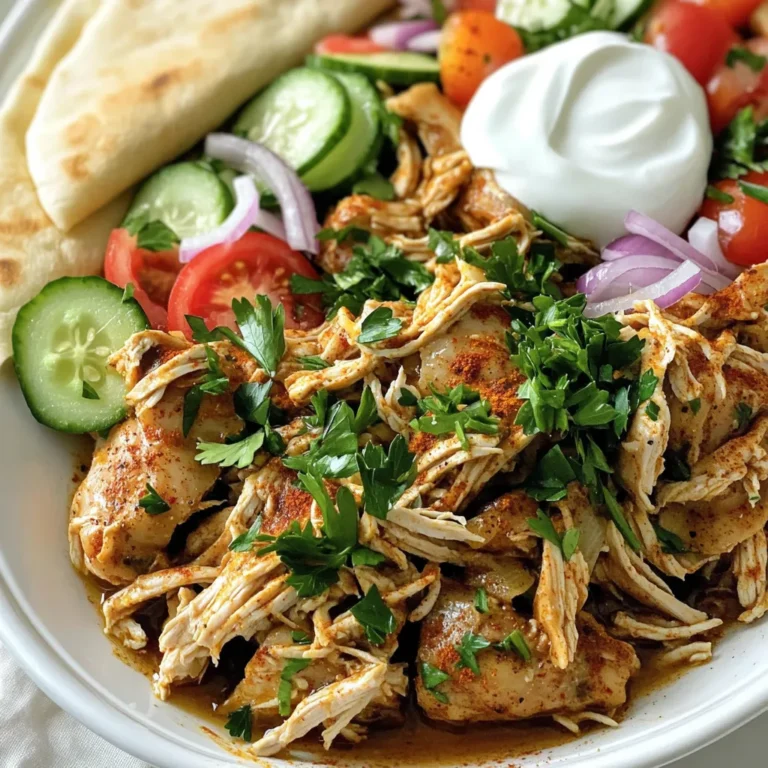 - 2 lbs boneless, skinless chicken thighs - 2 tablespoons olive oil - 4 garlic cloves, minced - 2 teaspoons ground cumin - 2 teaspoons ground coriander - 1 teaspoon ground turmeric - 1 teaspoon paprika - ½ teaspoon ground cinnamon - ½ teaspoon cayenne pepper - Salt and pepper to taste - Juice of 2 lemons - 1 cup plain yogurt (for serving) - Pita bread or flatbreads (for serving) - Fresh parsley, chopped (for garnish) - Extra veggies (like sliced cucumbers, tomatoes, and red onions for serving) For this slow cooker chicken shawarma, I use simple, fresh ingredients. The chicken thighs give a rich flavor. The spices make this dish special. First, you need boneless, skinless chicken thighs. They stay moist and tender during cooking. Olive oil adds a nice touch. It helps the spices stick to the chicken. Garlic is very important. It gives an amazing flavor. The four cloves will add depth to the dish. Cumin and coriander bring a warm, earthy taste. Turmeric adds color and a mild flavor. Paprika gives a subtle sweetness and smoke. Cinnamon and cayenne pepper are key, too. The cinnamon adds warmth, while the cayenne gives a kick. Adjust the cayenne based on your spice preference. Lemon juice brightens the dish. It adds acidity and balances the flavors. Don't forget the yogurt! It cools down the spices and adds creaminess. Pita bread or flatbreads are perfect for serving. Finally, fresh parsley and extra veggies brighten up the plate. They add color and crunch. Enjoy this easy, flavorful meal! First, get ready by mixing the spice mixture. In a small bowl, combine: - 4 garlic cloves, minced - 2 tablespoons olive oil - 2 teaspoons ground cumin - 2 teaspoons ground coriander - 1 teaspoon ground turmeric - 1 teaspoon paprika - ½ teaspoon ground cinnamon - ½ teaspoon cayenne pepper - Salt and pepper to taste Stir this well until it forms a paste. Next, coat the chicken thighs. Place 2 lbs of boneless, skinless chicken thighs in a large bowl. Pour the spice mixture over the chicken. Use your hands to massage the spices into the chicken until it is well coated. This step makes the flavors pop. Now, it’s time to cook. Layer the chicken in the slow cooker. Place the seasoned chicken thighs in the slow cooker. Squeeze the juice of 2 lemons over the top for extra flavor. Cover the slow cooker. For cooking times, you have two options. Cook on low for 6-8 hours or on high for 3-4 hours. The chicken is ready when it is tender and fully cooked. Once cooked, shred the chicken. Use two forks to pull the chicken apart. Stir it with the seasoned juices in the slow cooker. This keeps it moist and flavorful. To serve, warm pita bread or flatbreads. Top them with the shredded chicken shawarma. Add a generous dollop of plain yogurt and your choice of fresh veggies. I suggest sliced cucumbers, tomatoes, and red onions. Don’t forget a sprinkle of chopped parsley for a fresh touch. Enjoy your meal! To make your chicken shawarma burst with flavor, use key spices. Ground cumin and coriander give warmth and depth. Turmeric adds a lovely color and earthiness. Paprika brings a sweet touch, while cinnamon adds warmth. Cayenne pepper gives it a kick, but you can adjust this to your taste. Marinating the chicken is also crucial. It allows the spices to soak in, making the chicken more flavorful. I recommend letting it marinate for at least one hour. If you can, leave it overnight. This step makes a big difference! To keep your chicken moist, use thighs instead of breasts. Thighs have more fat and stay juicy during cooking. Cooking on low for 6-8 hours is best. This slow cooking breaks down the meat, making it tender. You can also adjust the spice levels. If you want it milder, reduce the cayenne pepper. If you love heat, add more. Taste the spice mixture before marinating. This helps you find the right balance for your palate. When serving, arrange the chicken on a large platter. This makes for a beautiful display. I like to garnish with chopped parsley for color. Add fresh veggies like sliced cucumbers, tomatoes, and red onions. They add crunch and freshness. Serve with a dollop of plain yogurt on the side. The yogurt cools the dish and adds creaminess. For a fun touch, warm your pita bread or flatbreads before serving. This makes every bite even more delightful! {{image_2}} You can make this dish vegetarian by swapping chicken for jackfruit or mushrooms. Jackfruit has a meaty texture. It absorbs flavors well, making it a great choice. Simply shred the jackfruit and season it like you would the chicken. If you prefer mushrooms, use portobello or shiitake. Sauté them briefly before adding to the slow cooker. This method enhances their flavor and keeps them tender. To mix things up, try adding different spices or marinades. You can use smoked paprika for a deeper flavor. Harissa paste adds spice and a unique taste. Don’t be afraid to experiment with your favorite herbs too. For fresh toppings, consider adding pickled onions or roasted bell peppers. These bring extra color and crunch to your meal. If you're looking for gluten-free options, choose gluten-free pita or flatbreads. Many brands offer tasty alternatives. For those avoiding dairy, consider using a dairy-free yogurt. Coconut or almond yogurt works well as a substitute. These adjustments help make the dish fit various dietary needs while keeping it delicious. To store leftovers properly, let the chicken cool first. Then, place the chicken in an airtight container. This keeps it fresh and safe to eat. You can store it in the fridge for up to four days. Be sure to label the container with the date. This way, you can track how long it has been stored. If you want to freeze the chicken shawarma, use a freezer-safe bag or container. Remove as much air as possible to prevent freezer burn. The dish can last up to three months in the freezer. When you’re ready to eat, thaw it overnight in the fridge. For reheating, warm it in a skillet over low heat or microwave it until hot. In the fridge, the chicken shawarma lasts about four days. If frozen, it can stay good for three months. Always check for changes in smell or texture before eating. If anything seems off, it’s best to throw it away. You can serve chicken shawarma with many tasty sides. Here are my favorites: - Pita bread or flatbreads - Fresh cucumber slices - Diced tomatoes - Chopped red onions - Creamy yogurt - Pickles for a tangy kick - Fresh parsley for garnish These sides add flavor and texture. They also make your meal colorful and fun. I find that cooking chicken shawarma takes time but is worth it. If you cook on low, it needs 6-8 hours. If you choose high, it takes 3-4 hours. You want the chicken to be tender. It should shred easily with two forks. The longer it cooks, the more the flavors blend. Yes, you can use chicken breasts. They are leaner than thighs. This means they may not be as juicy. Thighs have more fat, giving them better flavor and moisture. If you prefer breasts, cook them carefully. They can dry out if overcooked. Shawarma spiced vegetables are easy to make. Here are quick ideas for seasoning: - Toss veggies like bell peppers, zucchini, or carrots with olive oil. - Add salt, pepper, and a pinch of cumin and paprika for flavor. - Roast them in the oven until tender. These veggies pair well with your chicken shawarma. They add color and a healthy crunch! This blog post explored making slow cooker chicken shawarma, from spices to serving tips. We covered essential ingredients, cooking methods, and storage advice. Authentic flavors rely on spices and marinating. Variations allow for vegetarian options and dietary needs. Remember to enjoy this dish with fresh toppings and pita bread. Whether you serve it fresh or as leftovers, shawarma is sure to impress. Dive into this simple yet delicious recipe and elevate your meals today.