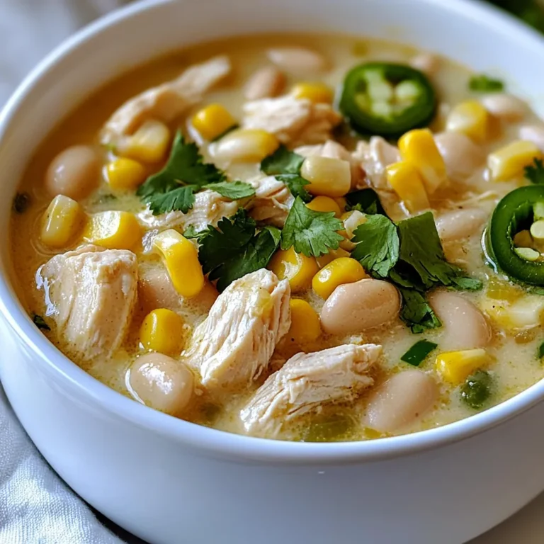 - 1 lb boneless, skinless chicken breasts, cubed - 2 cups chicken broth - 1 tablespoon olive oil - 1 medium onion, diced - 3 cloves garlic, minced - 2 cans (15 oz each) white beans (e.g., Great Northern or Cannellini), rinsed and drained - 1 can (4 oz) diced green chilies - 1 teaspoon cumin - 1 teaspoon paprika - ½ teaspoon oregano - Salt and pepper to taste - 1 cup corn kernels (fresh, frozen, or canned) - ½ cup sour cream - ½ cup cream cheese, softened - Chopped cilantro for garnish - Sliced jalapeños for garnish (optional) In this recipe, chicken and broth form the base. The chicken adds protein and flavor. The broth ties everything together for a cozy dish. Next, we have the vegetables and spices. The onion and garlic create a rich aroma. White beans add creaminess, while green chilies give a mild kick. Cumin, paprika, and oregano bring warmth and depth. Finally, we include the creamy additions. Sour cream and cream cheese make the chili luscious. Garnishes like cilantro and jalapeños add color and extra flair. These ingredients work together to create a satisfying meal that warms both the heart and the belly. {{ingredient_image_1}} Sautéing Method Start by heating the olive oil in a large pot or Dutch oven over medium heat. Add the cubed chicken to the hot oil. Cook the chicken for about 5 to 7 minutes. It should brown and cook all the way through. Once done, remove the chicken and set it aside. Cooking Time Insights Make sure to keep an eye on the chicken while it cooks. You want it to be golden brown. This step adds flavor and texture to your chili. Combining Ingredients In the same pot, add the diced onion. Cook it until it turns translucent, which should take about 3 to 4 minutes. Then, stir in the minced garlic and let it cook for one more minute. Once fragrant, return the cooked chicken to the pot. Next, mix in the white beans, diced green chilies, chicken broth, cumin, paprika, oregano, salt, and pepper. Stir everything well. Simmering Process Bring your mixture to a boil. Then, reduce the heat to low and let it simmer. Let it cook for about 20 minutes. This allows all the flavors to blend nicely. Adding Corn and Dairy After simmering, it’s time to add the corn, sour cream, and cream cheese. Stir well until the cream cheese melts into the chili. This will give your chili a creamy and rich texture. Final Seasoning Tips Let the chili simmer for an additional 5 minutes. Taste it, and adjust the seasoning if needed. Add more salt and pepper to suit your taste. Serve the chili hot, and don’t forget to garnish with chopped cilantro and sliced jalapeños if you like a little heat! - Cooking Techniques: Start by sautéing the chicken in olive oil. This helps to lock in flavor. Cook it until it is brown and fully done. Remove the chicken before adding onion and garlic. This keeps the chicken juicy. - Enhancing Flavor Profiles: Use fresh herbs like cilantro. They add brightness to your chili. Don't skip the spices; cumin, paprika, and oregano boost flavor. Adjust salt and pepper to your liking. Taste as you go! - Overcooking Chicken: Be careful not to cook the chicken too long. It can become dry and tough. Aim for a golden brown finish, then set it aside. - Underseasoning Tips: Season your chili well. Use enough salt and spices to create depth. Remember, flavors blend as the chili simmers. Taste often and adjust as needed. Pro Tips Use Rotisserie Chicken: For a quicker option, substitute the cubed chicken with shredded rotisserie chicken to save time without sacrificing flavor. Adjust the Spice Level: If you prefer a milder chili, you can omit the diced green chilies or use a mild variety. For extra heat, add more sliced jalapeños or a dash of cayenne pepper. Make it Ahead: This chili is perfect for meal prep! Make a big batch and store it in the fridge for up to 4 days or freeze portions for later use. Garnish for Flavor: Don't skip the garnish! Fresh cilantro and jalapeños not only add visual appeal but also enhance the flavor of the chili. {{image_2}} Low-fat Options You can make white chicken chili lighter without losing flavor. Use lean chicken breast or swap it with turkey. Choose low-fat sour cream and cream cheese. You can also add more vegetables like zucchini or bell peppers for extra nutrients. Vegetarian Substitutions For a vegetarian twist, skip the chicken. Use cooked lentils or chickpeas instead. For the broth, vegetable broth works well. You can add extra beans for protein, like black beans or kidney beans. Don't forget to add more spices to keep the flavor strong. Adding Heat If you love spice, try adding diced jalapeños or hot sauce. You can also use chipotle peppers for a smoky kick. Adjust the amount to fit your taste. Remember, you can always start with a little and add more. Mild Versions For a milder chili, avoid the jalapeños. Use sweet bell peppers in place of spicy ones. You can also use less cumin and paprika. This way, the chili stays creamy and comforting without too much heat. Different Beans and Vegetables Feel free to mix things up with beans. Try black beans or pinto beans for a new flavor. Add vegetables like carrots or spinach for more color and nutrition. This makes the dish even heartier. Toppings and Garnishes Toppings can make your chili special. Use fresh cilantro, sliced green onions, or avocado. Crushed tortilla chips add crunch. A sprinkle of cheese or a dollop of sour cream makes it extra tasty. Refrigeration Guidelines After you finish your meal, let the chili cool. Once cooled, place it in an airtight container. Store it in the fridge for up to three days. This keeps your chili fresh and ready for a quick meal. Freezing Tips For longer storage, you can freeze white chicken chili. Use a freezer-safe container or bag. Make sure to leave some space for expansion. It will stay good in the freezer for up to three months. When you’re ready to eat, just thaw it overnight in the fridge. Best Methods for Quality Retention To reheat your chili, the stovetop is best. Pour the chili into a pot. Heat it over medium-low heat. Stir often to avoid burning. You can also use the microwave. Place your chili in a microwave-safe bowl. Heat it in short bursts, stirring in between, until hot. Always check the temperature before serving. White chicken chili is a creamy and hearty dish. It uses white beans, chicken, and spices. The blend of flavors makes it unique. You will enjoy its warm, comforting taste. Key characteristics include: - Creamy texture from sour cream and cream cheese - White beans as the base for protein - Mild heat from diced green chilies - A mix of spices like cumin and paprika Yes, you can switch the chicken for other meats. Ground turkey is a great option. Shredded rotisserie chicken works well, too. Suggestions for substitutes: - Turkey breast: Lean and flavorful. - Pork: Adds a nice richness. - Beef: Use lean cuts for a hearty twist. You can easily prep white chicken chili in advance. Start by cooking the chicken and veggies. Store them in the fridge for later use. Meal prep tips: - Make the chili a day before. Flavors get better overnight. - Store in an airtight container. - Reheat on the stove or in the microwave before serving. To sum up, we explored how to make delicious white chicken chili from scratch. We covered the key ingredients, from tender chicken to flavorful spices. You learned the right methods for cooking and building a rich chili base. We also shared tips on perfecting flavors and avoiding common mistakes. Finally, I discussed how to store and reheat leftovers effectively. With these insights, you can create a fantastic meal that satisfies every palate. Enjoy your cooking adventure and take pride in your tasty creation!