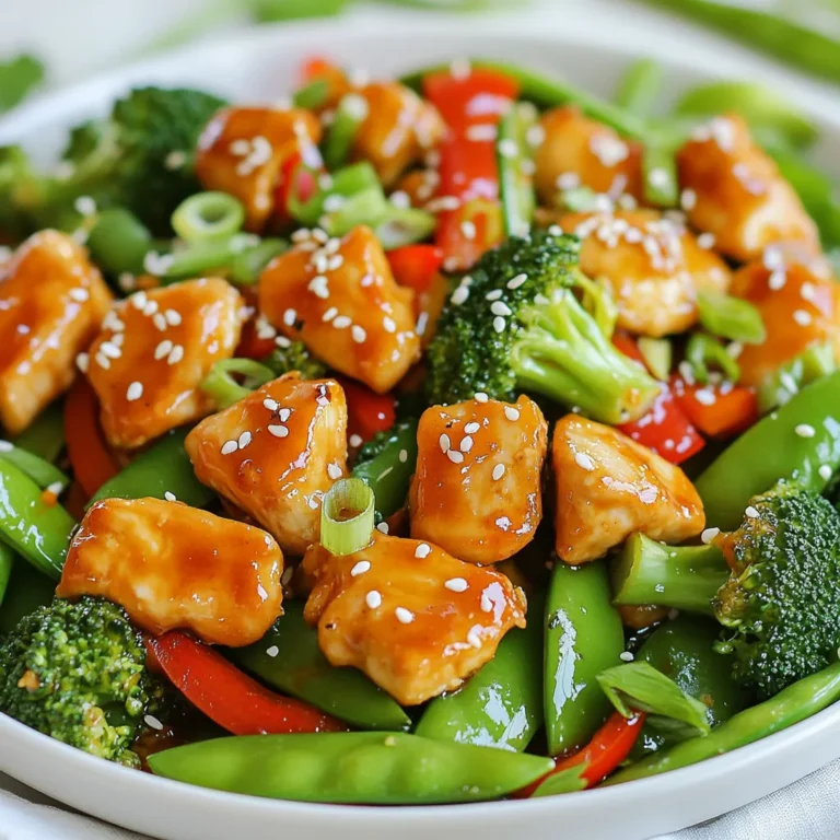 - 2 boneless chicken breasts, cut into bite-sized pieces - 1 cup broccoli florets - 1 red bell pepper, sliced - 1 cup snap peas - 2 tablespoons honey - 4 cloves garlic, minced - 1 tablespoon soy sauce (low sodium) - 1 tablespoon olive oil - Salt and pepper to taste - Optional garnishes: sesame seeds, green onions Gathering these ingredients is the first step to making honey garlic chicken and veggies. The chicken is tender and absorbs all the flavors of the sauce. Broccoli adds crunch and color. The red bell pepper gives a sweet touch, while snap peas bring a fresh bite. For the sauce, honey balances the garlic's strong taste. Soy sauce adds depth, while olive oil helps in cooking. Adjust salt and pepper to your liking. You can also sprinkle sesame seeds and sliced green onions as a garnish. These add a nice finish to your dish. {{ingredient_image_1}} Start by mixing the sauce in a small bowl. Add 2 tablespoons of honey, 4 cloves of minced garlic, and 1 tablespoon of soy sauce. Sprinkle in a pinch of salt and pepper. Stir it all together until well blended. This sauce is the heart of the dish, giving it that sweet, garlicky flavor. Next, heat 1 tablespoon of olive oil in a large non-stick skillet over medium-high heat. Once it’s hot, add 2 boneless chicken breasts, cut into bite-sized pieces. Cook the chicken for about 5 to 7 minutes. Stir it often until it turns golden brown and is fully cooked. This step is key for juicy chicken. After the chicken is done, push it to one side of the skillet. On the empty side, add 1 cup of broccoli florets, 1 sliced red bell pepper, and 1 cup of snap peas. Cook the veggies for 3 to 4 minutes. You want them to soften but still have a little crunch. This adds color and nutrition to your meal. Now it’s time to bring everything together. Pour the honey garlic sauce over the chicken and veggies. Stir well to coat everything evenly. Let it cook for an additional 2 to 3 minutes. This allows the sauce to thicken and caramelize slightly, making it even more delicious. Enjoy the aroma as it fills your kitchen! Using a non-stick skillet makes cooking easy and fun. It helps the chicken brown well without sticking. This means less mess and cleanup for you. Heat the skillet before adding the olive oil. The oil should shimmer before you add the chicken. This helps lock in the moisture and flavor. Pair your honey garlic chicken and veggies with great sides. Rice or quinoa works well to soak up the sauce. You can also serve it with a simple salad for a fresh crunch. If you want something warm, garlic bread is a tasty choice too. Want even more flavor? Try adding spices or herbs. A pinch of red pepper flakes brings heat. Fresh ginger can add a zing that wakes up the dish. You can also sprinkle in some chopped cilantro for a fresh taste. Experiment with what you like best! Pro Tips Marinate for More Flavor: For an even richer taste, marinate the chicken in the honey garlic mixture for at least 30 minutes before cooking. Use Fresh Veggies: Fresh vegetables not only taste better but also maintain their nutritional value. Opt for seasonal produce for the best results. Adjust Sweetness: If you prefer a sweeter dish, feel free to add a bit more honey. Conversely, if you like it spicier, you can add a pinch of red pepper flakes. Leftovers Storage: Store any leftovers in an airtight container in the refrigerator for up to 3 days. Reheat gently to maintain the texture of the veggies. {{image_2}} You can swap chicken for shrimp or tofu. Shrimp cooks fast and adds a nice flavor. Just sauté it until it turns pink. Tofu is a great choice for a vegetarian option. Use firm tofu, cut it into cubes, and sauté until golden. Both options work well with the honey garlic sauce. Feel free to mix up the veggies in this dish. Carrots, zucchini, and bell peppers are great choices. You can also add mushrooms or green beans. These veggies add different textures and flavors. Just remember to cut them into similar sizes for even cooking. Try different sauces to keep things exciting. You can use teriyaki sauce for a sweeter taste. Or add chili paste for some heat. Even a mix of peanut sauce can add a unique twist. Experiment with flavors that you love. This recipe is flexible and lets your creativity shine. To store leftovers, let the dish cool first. Place it in an airtight container. It will stay fresh in the fridge for up to three days. Make sure to label the container with the date. This way, you will know when to eat it. You can freeze Honey Garlic Chicken and Veggies for later use. Let it cool completely before freezing. Use an airtight container or freezer bag to prevent freezer burn. This dish can last up to three months in the freezer. When ready to eat, simply thaw it in the fridge overnight. Reheat your leftovers gently to keep them tasty. The best method is to use a skillet over low heat. Add a splash of water or broth to help steam the chicken and veggies. You can also use a microwave. Heat it in short bursts, stirring in between. This keeps the chicken juicy and avoids overcooking. To thicken honey garlic sauce, you can use a few simple methods. One way is to cook it longer. Allow the sauce to simmer until it reduces and thickens. Another option is to mix a teaspoon of cornstarch with a little cold water to make a slurry. Stir this slurry into the sauce and cook for a few more minutes. This will help it become nice and thick. Yes, you can use frozen vegetables for this recipe. They are quick and easy. Just toss them in the skillet with the chicken. Frozen veggies may not need as long to cook. Keep an eye on them and check for doneness. Fresh veggies can offer a crunchier texture, but frozen ones save time and work well too. Honey garlic chicken goes great with several sides. Here are some ideas: - Steamed rice or jasmine rice - Quinoa for a healthy option - Garlic bread for a fun touch - A fresh side salad for crunch These sides balance the sweet and savory flavors of the chicken dish. Yes, this recipe is perfect for meal prep. You can make a batch ahead of time and store it in the fridge. Just divide it into meal containers. It keeps well for about three days. When ready to eat, just reheat in the microwave. This makes it easy to enjoy a tasty meal throughout the week. This blog post covered a tasty honey garlic chicken recipe. We explored chicken, vegetables, and a simple sauce. You learned steps for cooking and tips for serving. Variations offer options for proteins and sauces. Proper storage keeps leftovers fresh. Remember, this dish is flexible and fun to make. Add your twist for extra flavor and enjoy every bite. Cooking should be easy and tasty, so dive in!