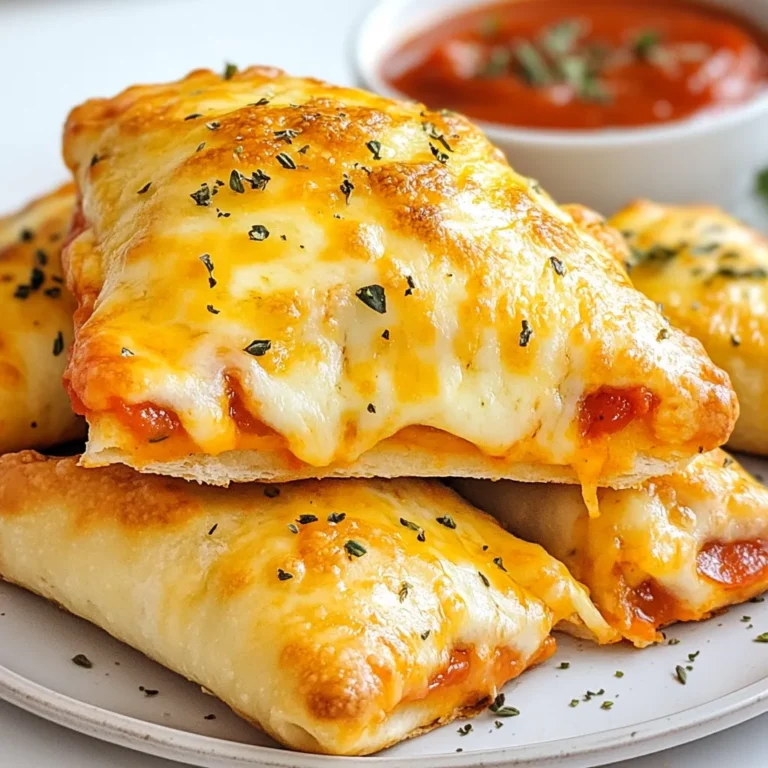 To make homemade cheesy pizza pockets, you need a few key items: - 2 cups all-purpose flour - 1 teaspoon instant yeast - 1 teaspoon sugar - 1 teaspoon salt - 3/4 cup warm water (about 110°F) - 1 tablespoon olive oil - 1 cup shredded mozzarella cheese - 1/2 cup diced pepperoni (or your favorite filling) - 1 teaspoon dried oregano - 1 teaspoon garlic powder - Olive oil for brushing These ingredients create a delicious dough that holds all the cheesy goodness inside. The flour gives structure, while the yeast helps it rise. The cheese and pepperoni ensure each bite is packed with flavor. You can add more fun to your pizza pockets with extra fillings: - Vegetables like bell peppers, mushrooms, or onions - Other meats such as sausage or ham - Marinara sauce for dipping Adding these options lets you customize your pizza pockets to fit your taste. You can make them as simple or loaded as you want! To whip up these tasty treats, gather a few tools: - Mixing bowls for combining ingredients - Rolling pin to flatten the dough - Baking sheet for cooking the pockets Having the right equipment makes the process smooth. It helps you create perfect pizza pockets that everyone will love! {{ingredient_image_1}} 1. In a large mixing bowl, combine the flour, instant yeast, sugar, and salt. Mix these dry ingredients well. This mix forms a strong base for our dough. 2. Gradually add warm water and olive oil to the dry mix. Stir until a dough begins to form. The warm water helps activate the yeast. 1. Knead the dough on a floured surface for about 5-7 minutes. This helps create a smooth and elastic texture. A well-kneaded dough will rise better. 2. Place the dough in a greased bowl. Cover it with a damp cloth. Let it rise in a warm place for about 30-45 minutes. The dough should double in size. For best results, keep it away from drafts. 1. Once the dough has risen, punch it down gently. Roll it out on a floured surface to about 1/4-inch thickness. This prepares the dough for cutting. 2. Using a round cutter or a glass, cut circles from the dough. Aim for circles about 4-5 inches in diameter. 3. On half of each circle, place a tablespoon of shredded mozzarella cheese, a few pieces of diced pepperoni, a sprinkle of oregano, and garlic powder. This filling gives a tasty flavor. 4. Fold the other half of the dough circle over the filling. Press the edges firmly to seal. For extra security, use a fork to crimp the edges. 5. Place the pizza pockets on a baking sheet lined with parchment paper. Brush the tops lightly with olive oil. This step helps them turn golden brown. 6. Bake in the preheated oven at 425°F (220°C) for 15-20 minutes. Keep an eye on them until they are golden brown. 7. Allow the pizza pockets to cool slightly. Serve warm with marinara sauce for dipping. Enjoy your homemade cheesy pizza pockets! To perfect the dough, you need a few simple tips. First, use fresh ingredients. Check the yeast to ensure it's active. When mixing, add the warm water slowly. This helps keep the dough from being too wet. Knead the dough until it's smooth and elastic. This usually takes about 5-7 minutes. If your dough feels sticky, add a little more flour. The right dough should feel soft but not too wet. While pepperoni is a classic, try other fillings for fun. You can use cooked sausage, diced bell peppers, or mushrooms. For a veggie option, add spinach or zucchini. Cheese lovers can mix mozzarella with cheddar for a tasty twist. Want something unique? Try apple slices with brie for a sweet pocket. The options are endless, so let your taste guide you! To get that golden brown crust, preheat your oven well. Set it to 425°F (220°C) before baking. Brush the tops of your pockets with olive oil. This helps them brown nicely. Keep an eye on them while baking. They usually take 15-20 minutes. If they start to brown too fast, cover them with foil. This way, you’ll get a perfect crust every time! Pro Tips Use Fresh Ingredients: Always opt for fresh mozzarella and high-quality pepperoni to elevate the flavor of your pizza pockets. Perfect Dough Texture: Ensure your dough is not too sticky; add a little extra flour if necessary while kneading. Seal Well: Press the edges firmly to prevent the filling from leaking out during baking, and crimp with a fork for added security. Experiment with Fillings: Try different fillings such as vegetables, sausage, or even a mix of cheeses for a unique twist on traditional pizza pockets. {{image_2}} You can switch up the cheese in your pizza pockets. Mozzarella is classic, but try provolone for a sharper taste. Cheddar adds a rich flavor. If you want a dairy-free option, use vegan cheese. Just make sure it melts well. Each cheese brings a unique touch to the pockets. Get creative with your filling! BBQ chicken gives a sweet and tangy kick. For a veggie option, fill them with bell peppers, onions, and mushrooms. Mix and match your favorite toppings. You can even make a breakfast version with eggs and bacon. The possibilities are endless, and that makes it fun! Need to feed a crowd? Simply double the ingredients. If you want fewer pockets, halve the recipe. Each pocket is about the size of your hand, so one or two is perfect for a snack. Adjust the baking time slightly if you make them bigger or smaller. Always keep an eye on them until golden brown. After you enjoy your pizza pockets, store any leftovers right away. Place them in an airtight container. This keeps them fresh. If you want to freeze them, wrap each pocket in plastic wrap. Then put them in a freezer bag. This way, they won't get freezer burn. When you are ready to eat again, it's time to reheat. Use the oven for the best results. Preheat it to 350°F (175°C). Place the pizza pockets on a baking sheet. Heat them for about 10-15 minutes. This keeps the crust crispy. You can also use a microwave if you are in a rush. Just heat for 30 seconds to 1 minute. But the crust will be softer. In the fridge, your pizza pockets last for about 3-4 days. If you freeze them, they can last up to 2 months. Just remember to label your bags with the date. That way, you know when to eat them! Yes, you can make the dough ahead of time. To do this, follow these steps: - Mix all dry ingredients in a bowl. - Add wet ingredients and form the dough. - Knead it well, then let it rise. - Once risen, punch it down and wrap it tightly in plastic wrap. - Store it in the fridge for up to 24 hours. When you're ready to bake, take the dough out and let it warm for 30 minutes. This helps it rise again for a fluffier texture. If you don’t have instant yeast, you can use active dry yeast. Here’s how: - Use the same amount, 1 teaspoon. - Activate it first by mixing it with warm water and sugar. Let it sit for about 5 minutes until it foams. - Then, add the activated yeast to your dry ingredients as you mix. This method works well, but it may take a bit longer for the dough to rise. Yes, you can bake pizza pockets in an air fryer! Here’s how: - Preheat your air fryer to 375°F (190°C). - Arrange the pizza pockets in a single layer. Leave space between them. - Cook for about 10-12 minutes, flipping halfway through. - They should be golden brown when done. Air frying gives them a nice crispiness while keeping the cheesy goodness inside. Enjoy! You’ve learned how to make tasty pizza pockets from scratch. We covered ingredients from dough to fillings, ensuring you have options for everyone. Following the step-by-step guide makes things easy, and the tips will help you perfect your pockets. Don't forget to explore variations based on your taste. Proper storage and reheating maintain their deliciousness. Now, it's time to roll up your sleeves and create something special. Enjoy your cooking adventure!