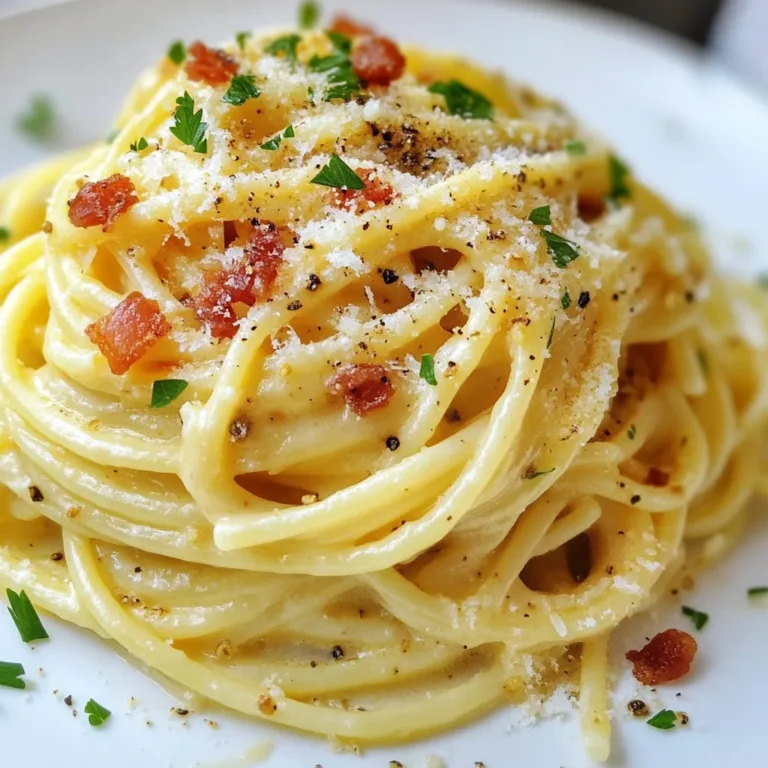 To make the best Ultimate Carbonara, you need a few key ingredients. Hereβs what you should gather: - 400g spaghetti - 150g pancetta, diced - 2 large eggs - 1 cup grated Pecorino Romano cheese - 2 cloves garlic, minced - Freshly cracked black pepper - Salt (to taste) - Fresh parsley, chopped These ingredients bring rich flavors and a creamy texture. The pancetta adds a nice crunch, while the cheese gives a salty punch. If you want to change things up, consider these substitutions: - Swap pancetta with turkey bacon for a lighter meal. - Use Parmesan cheese instead of Pecorino Romano if you prefer a milder taste. - For a vegetarian option, try using mushrooms or zucchini instead of pancetta. These changes keep the dish tasty while fitting different diets. Youβll need some basic tools to make Ultimate Carbonara: - A large pot for boiling water - A skillet for cooking the pancetta - A whisk for mixing eggs and cheese - A big bowl for combining all the ingredients - A colander for draining pasta Having these tools ready makes the cooking process smoother. Enjoy cooking! {{ingredient_image_1}} Start by boiling a large pot of salted water. When the water bubbles, add 400g of spaghetti. Cook it until it is al dente, which means it should be firm but not hard. This usually takes about 8 to 10 minutes. Remember to check the package for exact times. Before draining, save 1 cup of that pasta water. This water helps with the sauce later. Next, take 150g of diced pancetta. If you want a lighter dish, turkey bacon works too. Heat a large skillet over medium heat. Add the pancetta and cook until it is crispy and golden. This should take 5 to 7 minutes. Near the end, add 2 minced garlic cloves. Cook for one more minute until you smell that garlic aroma. Then, take the skillet off the heat. In a bowl, crack 2 large eggs. Add 1 cup of grated Pecorino Romano cheese. Use a whisk to mix them together. You want the mixture to be thick and creamy. Donβt forget to add a good amount of freshly cracked black pepper. This adds flavor and a little kick to your sauce. Now, itβs time to bring everything together. Quickly add the hot spaghetti to the skillet with the crispy pancetta and garlic. Toss the pasta well to coat it in the tasty fat. While the pasta is still hot, pour in the egg and cheese mixture. Toss constantly to avoid cooking the eggs too fast. The heat from the pasta will turn this into a creamy sauce. If it feels too thick, add some reserved pasta water a little at a time until you get the right texture. Taste your dish and adjust the seasoning if needed. Serve the carbonara right away in warmed bowls. Top it with extra grated Pecorino Romano cheese. A sprinkle of chopped parsley makes it look nice. Donβt forget to add more freshly cracked black pepper for an extra kick! To get that perfect creamy texture, focus on the heat. After cooking the spaghetti, mix it right away with the hot pancetta. This heat helps cook the eggs without scrambling them. When you add the egg and cheese mix, keep stirring. The heat from the pasta will create a smooth sauce. If it feels too thick, add a bit of reserved pasta water. This step is key to making it just right. Pecorino Romano cheese is the star here. Its sharp taste gives Carbonara its unique flavor. Grate it fresh for the best taste. You can use Parmigiano-Reggiano if you can't find Pecorino. Just remember, fresh cheese always beats pre-grated. The texture and flavor will be much better. Seasoning is crucial for a great Carbonara. Use freshly cracked black pepper for a nice kick. Donβt skimp on the salt in the pasta water. It helps bring out the flavors. Taste as you go. Adjust the salt and pepper to your liking. You can also add a pinch of red pepper flakes for some heat. A sprinkle of fresh parsley at the end adds color and freshness. Pro Tips Use Fresh Ingredients: Always opt for fresh eggs and quality cheese for the best flavor and texture in your carbonara. Timing is Key: Make sure to combine the hot pasta with the egg mixture quickly to achieve a creamy sauce without scrambling the eggs. Reserve Pasta Water: The starchy pasta water helps to adjust the sauce consistency and makes it cling better to the spaghetti. Experiment with Meats: While pancetta is traditional, feel free to try guanciale or even a smoked bacon for a different flavor profile. {{image_2}} You can make a tasty vegetarian carbonara. Replace pancetta with mushrooms or smoked tempeh. Use a mix of shiitake and cremini mushrooms for a rich flavor. SautΓ© them until they brown nicely. For the creamy sauce, keep the eggs and cheese. They add great taste. You can use a plant-based cheese if you want a vegan option. Want some heat? Add crushed red pepper flakes while cooking pancetta. You can also use spicy sausage instead of pancetta. This gives your dish a nice kick. Adjust the amount to match your spice level. Pair it with a sprinkle of black pepper for extra warmth. Spaghetti is classic, but you can try other pastas too. Fettuccine, linguine, or even penne work well. Each pasta gives a unique twist. Just make sure to adjust cooking time based on the pasta type. Always cook until al dente for the best texture. To store leftover carbonara, let it cool first. Place it in an airtight container. You can keep it in the fridge for up to three days. If you want to keep it longer, consider freezing it. When reheating carbonara, use a skillet over low heat. Add a bit of reserved pasta water to help revive the sauce. Stir gently as it warms. This keeps the dish creamy and tasty. You can freeze carbonara, but the texture may change. The sauce might separate when thawed. To freeze, place the cooled dish in a freezer-safe bag. Squeeze out excess air and seal it well. Use it within three months for the best quality. You can use turkey bacon or ham instead of pancetta. Both give a nice flavor. If you want a vegetarian option, use mushrooms for umami taste. Cook them until they are golden and soft. Yes, you can make Carbonara without eggs. You can use heavy cream for a creamy sauce. Mix it with cheese to get a rich taste. This makes the dish less traditional but still tasty. To prevent the sauce from scrambling, mix the egg and cheese off the heat. As you add the pasta, keep stirring to blend. The heat from the pasta will cook the eggs without scrambling them. To make a lighter version, use turkey bacon instead of pancetta. You can also replace some cheese with Greek yogurt. This keeps it creamy, but cuts down on fat. Use whole grain pasta for added fiber. In this post, we explored the key ingredients for a great carbonara. We discussed substitutions, essential equipment, and step-by-step cooking instructions. I shared tips for a creamy texture, the best cheese, and flavorful seasoning. We also looked at tasty variations, from vegetarian options to spicy twists. Lastly, we covered how to store and reheat leftovers. Carbonara is a dish that brings joy and comfort to any meal. Enjoy making it your own!